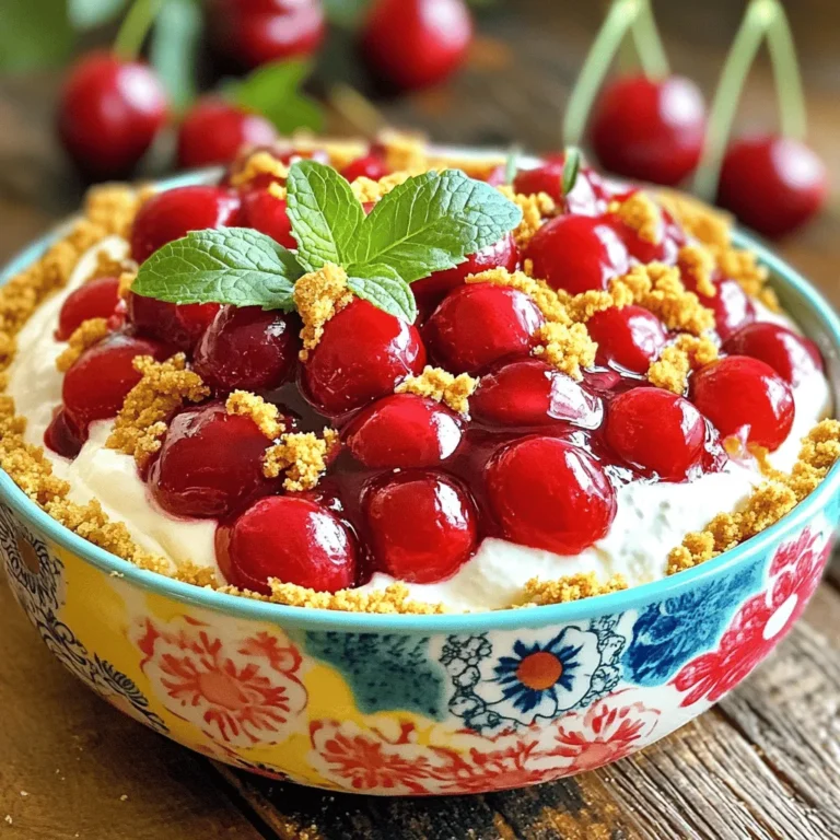 To make the Cherry Pie Cheesecake Dip, you need a few simple ingredients. Each one adds to the flavor and texture, making this dip a treat. Here’s what you’ll need: - 1 package (8 oz) cream cheese, softened to room temperature - 1 cup powdered sugar, sifted for smoothness - 1 teaspoon pure vanilla extract - 1 cup whipped cream (or whipped topping like Cool Whip) - 1 cup cherry pie filling - 1 teaspoon almond extract for a nutty undertone - 1 cup graham cracker crumbs for a crunchy texture - Fresh cherries or sprigs of mint leaves for garnish Each ingredient plays a role in creating a rich and creamy dip. Cream cheese gives it that smooth base. Powdered sugar adds sweetness, while vanilla and almond extracts enhance the flavor. The whipped cream helps to keep it light and airy. Cherry pie filling adds a burst of fruity goodness, and graham cracker crumbs provide a satisfying crunch on top. Garnishes like fresh cherries or mint leaves make it look pretty, too. If you want the full recipe, check out the detailed steps later! 1. Mixing cream cheese: Start by taking your softened cream cheese and placing it in a mixing bowl. Use an electric mixer to beat the cheese for about 2-3 minutes. You want it to be smooth and creamy. 2. Incorporating powdered sugar and vanilla: Next, add the sifted powdered sugar and vanilla extract into the bowl. Mix on low speed until it is well combined. This should take about 2 more minutes. Your mix should be free of lumps. 3. Folding in the whipped cream: Now, gently fold in the whipped cream with a spatula. Take care not to deflate it. The dip should remain light and fluffy for the best texture. 1. Preparing each layer: Grab a decorative serving dish. Take half of the cherry pie filling and spoon it evenly into the bottom. This creates a nice base layer. 2. Layering cherry filling and cheesecake dip: Next, spread the prepared cheesecake dip over the cherry filling. Make sure to smooth out the top for an even look. 3. Final touches with graham cracker crumbs: Pour the rest of the cherry pie filling over the cheesecake layer. Spread it evenly for a beautiful look. Then, sprinkle the graham cracker crumbs on top. This adds a crunchy texture that everyone will love. 4. Garnish for color: To finish, garnish with fresh cherries or sprigs of mint. This adds a pop of color and makes the dip even more inviting. For the full recipe, check out the details above. Enjoy this easy and tasty treat! For the best experience, serve your Cherry Pie Cheesecake Dip with graham crackers, fresh fruit, or even pretzels. These options add crunch and flavor. You can also use apple slices for a fresh twist. Choose a colorful bowl to highlight the beautiful layers. It makes your dip look even more appealing! You can change ingredients to fit your needs. For a dairy-free version, use vegan cream cheese and whipped topping. If you want a gluten-free dip, swap graham crackers for gluten-free options. To adjust sweetness, add more powdered sugar if you like it sweeter. If you prefer less sweetness, reduce the sugar. You can also try different extracts for flavor. Use vanilla or coconut for a fun twist! {{image_4}} You can switch up the fruit filling in your dip. Try using strawberry or blueberry for a new twist. Each fruit brings its own taste and color. You can also explore different extracts. Vanilla adds warmth, while coconut gives a tropical vibe. Both can enhance the flavor, making each bite exciting. Just a small change can make a big difference in your dip. If you need a gluten-free option, use gluten-free graham crackers. They taste great and keep the crunch. For a dairy-free version, swap cream cheese for a plant-based cream cheese. Use coconut whipped cream instead of regular whipped cream. These changes keep the dip creamy and delicious without dairy. With these variants, everyone can enjoy this tasty treat! To keep your Cherry Pie Cheesecake Dip fresh, store it in the fridge. Use an airtight container. This helps prevent the dip from absorbing other odors. If you want to freeze it, place it in a freezer-safe container. Leave some space at the top. This allows for expansion as it freezes. In the fridge, your dip stays fresh for about three days. Look for changes in texture or smell. If it seems slimy or has an off odor, it's time to toss it. For the frozen dip, it can last up to two months. Just remember to thaw it in the fridge before serving. Storing it correctly ensures you enjoy every creamy, cherry bite! For the Full Recipe, check the earlier section. Can I make this dip ahead of time? Yes, you can make this dip ahead of time. I recommend making it a few hours before your event. This allows the flavors to blend well. Just cover it tightly and store it in the fridge. Serve it cold for the best taste. How long does Cherry Pie Cheesecake Dip last? Cherry Pie Cheesecake Dip lasts about 3 to 5 days in the fridge. Keep it covered to maintain freshness. If it looks or smells off, it's best to throw it away. What can I serve with Cherry Pie Cheesecake Dip? You can serve this dip with several tasty options. Try graham crackers, pretzels, or fresh fruit like apple slices. This makes for fun and interactive eating! Can I use homemade cherry pie filling? Absolutely! Homemade cherry pie filling works great in this recipe. It adds a personal touch to the dip. Plus, you can adjust the sweetness to your liking. Is this recipe suitable for a crowd? Yes, this recipe is perfect for a crowd. It makes enough for 6 to 8 servings. You can easily double the recipe to serve more people. Just make sure you have enough dippers! This blog post detailed how to make a delicious Cherry Pie Cheesecake Dip. We covered all the ingredients, from cream cheese to cherry pie filling. I shared step-by-step instructions to guide you through mixing, layering, and finishing touches. You also learned tips for serving and variations to fit your taste. In conclusion, this treat is easy to make and customizable. Enjoy it with friends or at gatherings. Happy dipping!