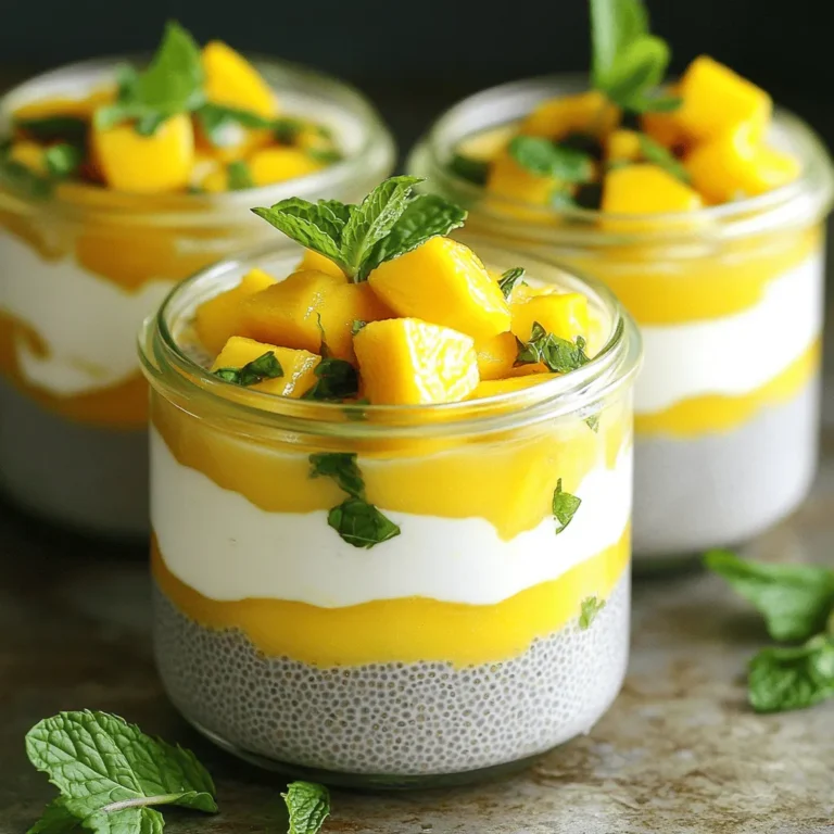 Chia pudding is simple and fun to make. Here’s what you need: - 1 cup coconut milk (canned or carton) - 1/2 cup almond milk (or your preferred milk) - 1/4 cup chia seeds - 2 tablespoons honey or maple syrup - 1 ripe mango, diced into small cubes - 1/4 teaspoon pure vanilla extract - A pinch of sea salt - Fresh mint leaves for garnish These ingredients come together to create a creamy and tasty treat. Coconut milk gives a rich flavor. Almond milk adds a light touch. Chia seeds are packed with nutrients. They also help thicken the pudding. The honey or maple syrup adds sweetness. Mango brings a fruity burst. Vanilla extract and sea salt enhance the overall taste. You can easily switch out the almond milk for any milk you like. This recipe is flexible and fun to customize. You can find the full recipe in the previous section. Enjoy making this delicious pudding! 1. In a medium bowl, combine 1 cup coconut milk and 1/2 cup almond milk. 2. Whisk in 2 tablespoons honey or maple syrup until it fully dissolves. 3. Add 1/4 teaspoon vanilla extract and a pinch of sea salt. Mix well. 4. Gradually stir in 1/4 cup chia seeds. Ensure they are evenly mixed in the liquid. 1. Cover the bowl tightly with plastic wrap or a lid. 2. Place it in the refrigerator. Chill for at least 4 hours or overnight. 3. This allows the chia seeds to absorb the liquid. They will swell and create a creamy texture. 1. After chilling, remove the pudding from the fridge. 2. Stir gently to break up any clumps. 3. Use a spoon to scoop the pudding into bowls. 4. Top each bowl with diced 1 ripe mango, spreading it evenly over the pudding. 5. For added creaminess, drizzle a bit of extra coconut milk over the mango. 6. Garnish with fresh mint leaves for a refreshing touch. You can enjoy your Coconut Mango Chia Pudding as a nutritious snack or dessert! For a detailed recipe, check out the Full Recipe. - How to adjust sweetness to taste: Start with two tablespoons of honey or maple syrup. Taste it! Add more if you like it sweeter. You can also use a sugar substitute if you want. - Ensuring the right pudding texture: The key is to mix the chia seeds well in the liquid. Stir them in slowly to avoid clumps. After chilling, stir again to keep the texture creamy and smooth. - Alternative milks for dietary preferences: You can switch almond milk for oat milk, soy milk, or any plant-based milk. Each milk brings a unique flavor. Choose what you like best. - Best time to prepare for maximum flavor: Make this pudding the night before. Let it chill overnight for the best taste and texture. The longer it sits, the more the chia seeds absorb the liquid. - Storing leftovers for freshness: Keep any leftover pudding in an airtight container in the fridge. It stays fresh for up to five days. Just remember to stir it before serving. - Adding spices or extracts for extra flavor: You can add a pinch of cinnamon or nutmeg for warmth. A splash of coconut extract can also boost the coconut taste. Experiment with what you enjoy! - Suggested garnishing ideas for visual appeal: Top your pudding with diced mango, coconut flakes, or fresh berries. A sprig of mint makes it look fancy and adds a fresh taste. Let your creativity shine! {{image_4}} You can easily make coconut mango chia pudding vegan. Just swap honey for maple syrup. Both sweeteners work well in this recipe. For a high-protein version, try adding protein powder. Just mix it into the liquid before adding chia seeds. This small change boosts the nutrition without changing the taste much. Mixing fruits with coconut mango can enhance the taste. Try adding berries, bananas, or even kiwi. Each fruit brings its unique flavor. You could also use flavored coconut milk, like vanilla or chocolate. These add-ins make your pudding even more exciting. Adding nuts or granola gives your pudding a nice crunch. Almonds, walnuts, or cashews work great. They add contrast to the smooth texture of the pudding. Layering your chia pudding with yogurt adds creaminess. You can also top it with fresh fruits or seeds for an extra boost. Remember, this coconut mango chia pudding is just a base. You can mix and match to find your favorite combinations. For the full recipe, check out the [Full Recipe]. To keep coconut mango chia pudding fresh, store it in a sealed container. A glass jar or airtight plastic container works best. This keeps air out and helps maintain the pudding's smooth texture. Always ensure the container is clean before use. You can store coconut mango chia pudding in the fridge for up to five days. After that, it may lose its flavor and texture. Check for signs of spoilage before eating. If the pudding smells sour or has an odd color, it is best to throw it away. Yes, you can freeze chia pudding! To freeze, place it in a freezer-safe container. Leave some space at the top for expansion. When you want to eat it, move it to the fridge to thaw overnight. Stir well before serving to regain its creamy texture. Chia pudding is a creamy dessert made with chia seeds. These tiny seeds absorb liquid and swell up, creating a smooth texture. They are packed with fiber, protein, and omega-3 fatty acids, making them a healthy choice. Chia pudding is great for gut health and keeps you full for longer. You can enjoy it for breakfast, snacks, or dessert. Yes, you can use many fruits! Some tasty options include strawberries, blueberries, and bananas. Simply chop the fruit into small pieces and add it to your pudding. You can mix fruits for exciting flavor combinations. Try layering different fruits in your serving for a colorful look! To make your chia pudding thicker, add more chia seeds. If you want it thinner, add more milk. A good ratio is about ¼ cup of chia seeds to 1 ½ cups of liquid. Stir well and let it sit. The longer it sits, the thicker it gets, so check it after a few hours. Yes, coconut mango chia pudding is healthy! Chia seeds are rich in fiber and protein. Coconut milk adds healthy fats, while mango provides vitamins A and C. This pudding is a nutrient-dense treat that supports energy levels and boosts your immune system. Absolutely! You can prepare coconut mango chia pudding up to three days in advance. Store it in the fridge in airtight containers. This makes it perfect for meal prep. Just add the mango topping right before serving for the best flavor and freshness. For the full recipe, check out the recipe section! Coconut mango chia pudding is easy to make and full of flavor. We covered the key ingredients and steps to prepare it simply. You can adjust sweetness and textures to fit your taste. Don’t be afraid to get creative with flavors or toppings. Proper storage keeps leftovers fresh for longer. Enjoy your delicious and healthy treat!