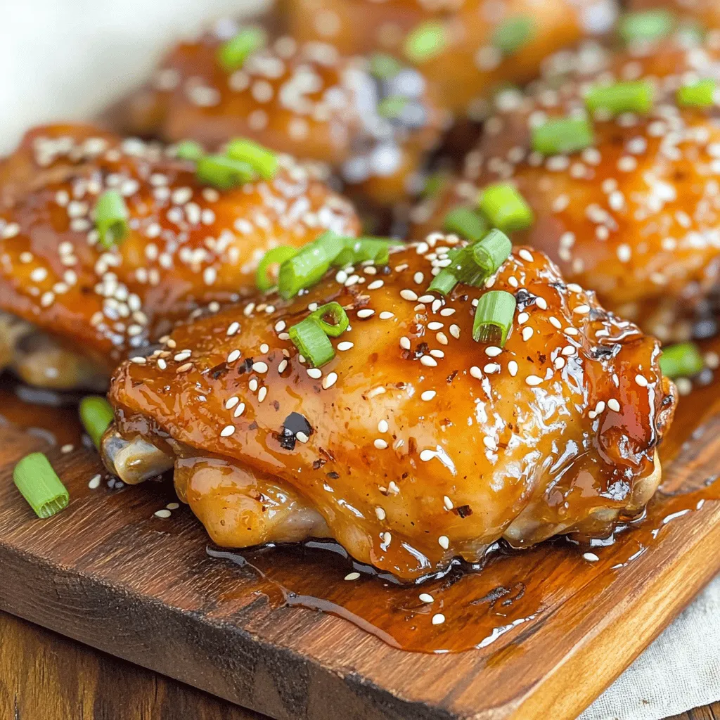 - 4 chicken thighs, bone-in and skin-on - 1/4 cup honey - 1/4 cup low sodium soy sauce - 3 garlic cloves, minced - 1 tablespoon fresh ginger, grated - 1 tablespoon apple cider vinegar - 1 teaspoon sesame oil - 1/2 teaspoon freshly ground black pepper - 2 green onions, finely chopped (for garnish) - Sesame seeds (for garnish) To make honey garlic chicken thighs, you need simple yet rich flavors. Chicken thighs are juicy and perfect for this dish. Honey adds sweetness, while soy sauce brings saltiness. Fresh garlic and ginger give a nice kick. Apple cider vinegar adds a touch of tang. Sesame oil adds depth, and black pepper rounds it out. - Baking dish - Mixing bowl and whisk - Meat thermometer Using the right tools makes cooking easier. A baking dish holds the chicken while it cooks. A mixing bowl and whisk help mix the marinade well. A meat thermometer ensures your chicken reaches the right temperature. These tools help create a flavorful and safe meal. For the complete cooking process, check the Full Recipe. To make the marinade, mix these ingredients in a bowl: - 1/4 cup honey - 1/4 cup low sodium soy sauce - 3 garlic cloves, minced - 1 tablespoon fresh ginger, grated - 1 tablespoon apple cider vinegar - 1 teaspoon sesame oil - 1/2 teaspoon freshly ground black pepper Whisk them together until they blend well. This blend gives the chicken a sweet and savory taste. Marinating is key. Let the chicken soak for at least 15 minutes. If you have time, let it marinate for up to an hour. The longer it sits, the better the flavor. Now, it’s time to bake the chicken thighs. First, preheat your oven to 375°F (190°C). Next, arrange the chicken thighs in a baking dish. Pour the honey garlic marinade over them. Make sure every piece is coated. Bake for 30 to 35 minutes. Check that the chicken's internal temperature hits 165°F (74°C). The skin should look golden and crispy. It’s all about that perfect bake! As the chicken cooks, baste it in the last 10 minutes. Use the marinade for extra flavor. This gives the chicken a sticky glaze that’s hard to resist. After baking, take the chicken out and let it rest for about 5 minutes. This helps the juices stay in the meat. For the final touch, garnish with green onions and sesame seeds. This adds color and crunch. Follow this guide for your Honey Garlic Chicken Thighs and enjoy a delicious meal. For the complete method, check the Full Recipe. For that crispy skin, start with dry chicken thighs. Pat them with a paper towel. This helps the skin crisp up nicely. Use a hot oven set to 375°F. If you want more crunch, broil it for the last few minutes. Check the chicken's internal temperature. It should reach 165°F to ensure safety. Use a meat thermometer for accuracy. This will help you avoid undercooked or dry chicken. Marinate your chicken thighs for at least 15 minutes. This gives the flavors time to soak in. For deeper taste, let them sit for an hour. You can also add extra flavors, like crushed red pepper or lemon juice. These tweaks can make the dish pop with more taste. When serving, arrange the chicken thighs on a nice platter. Drizzle any leftover sauce over the top. This adds shine and flavor. Top the dish with green onions and sesame seeds for color. For sides, serve with jasmine rice or stir-fried veggies. These pair well with the sweet and sticky chicken. Check out the Full Recipe for more details on making this dish shine. {{image_4}} You can switch up the protein in this dish. Chicken breast works well for a leaner option. Drumsticks are also great if you want more flavor. Each protein brings a unique taste and texture. You can create alternative marinades too. Try using maple syrup instead of honey for a deeper flavor. A citrus marinade with lime juice adds a bright twist. Soy sauce’s salty notes blend well with many proteins. If you enjoy heat, add chili flakes to the marinade. Start with half a teaspoon and adjust to your taste. You can also use spicy sauces like sriracha or gochujang. They give a nice kick and add depth to the dish. Another option is to marinate the chicken in a spicy garlic sauce. This adds flavor and heat. Experiment with different spice levels until you find your perfect balance. You can cook honey garlic chicken on the stovetop too! Using a skillet gives a nice sear. Start by heating oil in the pan and browning the chicken. Then, pour the marinade over and cover. Oven baking is easier for larger batches. It cooks evenly and keeps the chicken juicy. Both methods work well; it depends on your preference. Try both to see which you like best! For the complete dish, check the Full Recipe. After enjoying your honey garlic chicken thighs, store any leftovers right away. Place them in an airtight container. This helps keep the chicken moist and full of flavor. Make sure to refrigerate the chicken within two hours of cooking. It will stay fresh for up to three days. To reheat the chicken thighs, use the oven for the best results. Preheat the oven to 350°F (175°C). Place the chicken on a baking sheet. Cover it with foil to keep it from drying out. Heat for about 15-20 minutes. You can also use a microwave. Just make sure to cover it, and heat in short bursts. This will keep the chicken tender and juicy. If you want to freeze your honey garlic chicken thighs, do so within two days. Wrap each piece tightly in plastic wrap. Then place them in a freezer bag. Try to remove as much air as possible. They can stay good for up to three months. When ready to eat, thaw the chicken in the fridge overnight. This keeps the flavor intact. You can pair Honey Garlic Chicken Thighs with several tasty sides. Here are some ideas: - Fluffy jasmine rice - Steamed broccoli - Stir-fried mixed vegetables - Creamy mashed potatoes - Fresh garden salad These sides will complement the sweet and savory flavors of the chicken. They will also add color and texture to your meal. Yes, you can prepare this dish ahead of time. Here are some meal-prepping tips: - Marinate the chicken thighs a day before. - Store the marinated chicken in the fridge. - Bake the chicken on the day you plan to serve it. This method will save you time. You can enjoy a delicious meal without stress. To keep chicken thighs juicy, follow these key tips: - Use bone-in, skin-on thighs for more flavor. - Marinate the chicken for at least 15 minutes. - Bake at the right temperature and time. Check the internal temperature with a meat thermometer. It should be 165°F (74°C). This ensures the chicken is cooked perfectly without drying out. You can easily adjust the sweetness of the dish. Here are some tips: - Use less honey if you prefer it less sweet. - Add a splash of soy sauce for a savory balance. - Mix in some lime juice for a tangy kick. These adjustments will help you find the right flavor balance for your taste. This post covered everything you need for perfect honey garlic chicken thighs. You learned about key ingredients like chicken thighs, honey, and soy sauce, and how to prepare your marinade. We discussed baking, cooking times, and resting your chicken for the best flavor. Remember to use proper storage techniques to enjoy leftovers. You can even explore variations to keep things fresh. With these tips and tricks, you will create a delicious meal every time. Enjoy your cooking!
