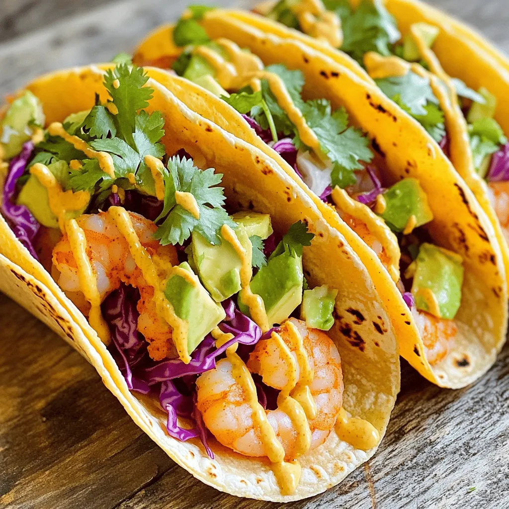 - 1 lb large shrimp, peeled and deveined - 2 tablespoons chipotle chili powder - 1 teaspoon garlic powder - 1 teaspoon ground cumin - Zest and juice of 1 lime - 2 tablespoons olive oil - Salt and freshly ground pepper to taste - 8 small corn tortillas - 1 cup red cabbage, finely shredded - 1 ripe avocado, diced - 1/2 cup fresh cilantro, roughly chopped - 1/4 cup sour cream or Greek yogurt - 1 tablespoon lime juice (for the dressing) You need some great ingredients for chipotle lime shrimp tacos. First, the shrimp brings a sweet taste. The chipotle chili powder adds heat. Garlic powder enhances the flavor. Cumin gives it a warm earthiness. Next, zesting and juicing a lime brightens the whole dish. Olive oil helps the spices stick to the shrimp. Don’t forget salt and pepper; they balance the flavors. For the tacos, small corn tortillas work best. They are soft and tasty. Red cabbage adds crunch and color. Avocado brings creaminess. Fresh cilantro gives a burst of freshness. The sour cream or Greek yogurt adds a nice tang. A little lime juice in the dressing makes it zesty. For the full recipe, check the cooking section. Enjoy your cooking adventure! - Combine chipotle chili powder, garlic powder, ground cumin, lime juice, olive oil, salt, and pepper. - Add shrimp and toss to coat. - Marinate for 20-30 minutes. First, you need to make a marinade for the shrimp. Mix the chipotle chili powder, garlic powder, and ground cumin in a large bowl. Next, squeeze the lime juice and add the olive oil. Sprinkle in some salt and pepper to taste. Whisk everything together until smooth. Now, add the shrimp. Toss them gently to coat in the marinade. Cover the bowl and let it sit in the fridge for 20 to 30 minutes. This makes the shrimp full of flavor. - Mix sour cream or Greek yogurt with lime juice. - Stir until smooth and set aside. While the shrimp marinates, prepare the lime dressing. In a small bowl, mix the sour cream or Greek yogurt with a tablespoon of lime juice. Stir until it is smooth and creamy. Set it aside for later. This dressing adds a nice tang to the tacos. - Heat skillet over medium-high heat. - Cook shrimp for 2-3 minutes on each side until pink. - Remove skillet from heat. Now, it’s time to cook the shrimp. Heat a skillet over medium-high heat. Once hot, add the marinated shrimp. Cook them for 2 to 3 minutes on each side. They will turn a beautiful pink when done. Remove the skillet from the heat. The shrimp will be juicy and packed with flavor. - Warm corn tortillas in the same skillet for 30 seconds on each side. In the same skillet, quickly warm the corn tortillas. Place them in the pan for about 30 seconds on each side. This makes them soft and ready for filling. - Lay shrimp on tortillas, top with cabbage, avocado, cilantro, and drizzle dressing. To build the tacos, lay the cooked shrimp on each warm tortilla. Top with shredded cabbage, diced avocado, and fresh cilantro. Finally, drizzle the lime dressing on top. This adds a creamy finish and bright flavor. Enjoy your delicious chipotle lime shrimp tacos! For the full recipe, refer to the section above. - Use fresh lime juice for a brighter flavor. Fresh juice adds a zing that enhances the dish. - Allow shrimp to marinate longer for a deeper taste. Marinating for 30 to 60 minutes helps the flavors soak in. - Ensure shrimp are not overcrowded in the skillet for even cooking. This helps them cook properly and stay juicy. - Adjust cooking time based on shrimp size. Larger shrimp may need an extra minute or two to cook through. - Serve with lime wedges for extra flavor. Squeezing fresh lime on top brightens each bite. - Pair with sides like rice or beans for a complete meal. This makes your meal more filling and satisfying. For the full recipe, check out the complete instructions and details. {{image_4}} You can switch the shrimp for chicken or tofu. Both work well and taste great. If you want a different texture, use flour tortillas instead of corn. This small change can make a big difference in how your tacos feel. Want some heat? Add pickled onions or jalapeños. They bring a nice kick to your tacos. You can also top your tacos with your favorite salsa. This adds even more flavor and makes them extra tasty. If you want to make it dairy-free, skip the sour cream. You can use a plant-based alternative instead. For a gluten-free option, choose gluten-free tortillas. This way, everyone can enjoy these tacos without worry. Refrigerate your tacos in an airtight container for up to 2 days. This keeps them fresh. For the best taste and texture, store shrimp and toppings separately. The shrimp will stay juicy, and the veggies will remain crunchy. You can freeze marinated shrimp before cooking. This is great for quick meals later. However, tacos are best enjoyed fresh. If you have extras, you can freeze them without toppings. Just remember to wrap them well. To reheat shrimp, use a skillet over low heat. This helps keep them tender. Warm tortillas in a pan or microwave to soften them. This way, they will be easy to fold around the shrimp. Enjoy your flavorful chipotle lime shrimp tacos! For the full recipe, check out the detailed instructions above. Yes, just make sure to thaw and drain before marinating. Frozen shrimp works well if you prepare it right. Thawing helps the shrimp absorb the marinade better. Add more chipotle powder or include diced jalapeños as toppings. Both options give the tacos a nice kick. If you love heat, try both for extra flavor. Suggested sides include Mexican rice, beans, or a fresh salad. Each side adds a unique taste and texture. You can mix and match to find what you love best. Shrimp should be pink and opaque when done, typically taking 2-3 minutes per side. This quick cooking time keeps the shrimp tender and juicy. You can check by cutting one in half; it should not be translucent. You can add cheese, lettuce, or corn for variety. Each topping brings its own flavor, making your tacos even more delicious. Feel free to get creative with what you have on hand. For the full recipe, please refer to the main article. These chipotle lime shrimp tacos combine bold flavors with fresh ingredients. You learned about main and additional ingredients, step-by-step cooking methods, and tasty variations. Try different proteins and toppings to suit your taste. Remember to store leftovers properly for the best experience. Enjoy cooking and sharing these tacos with family and friends. They will love the flavors!