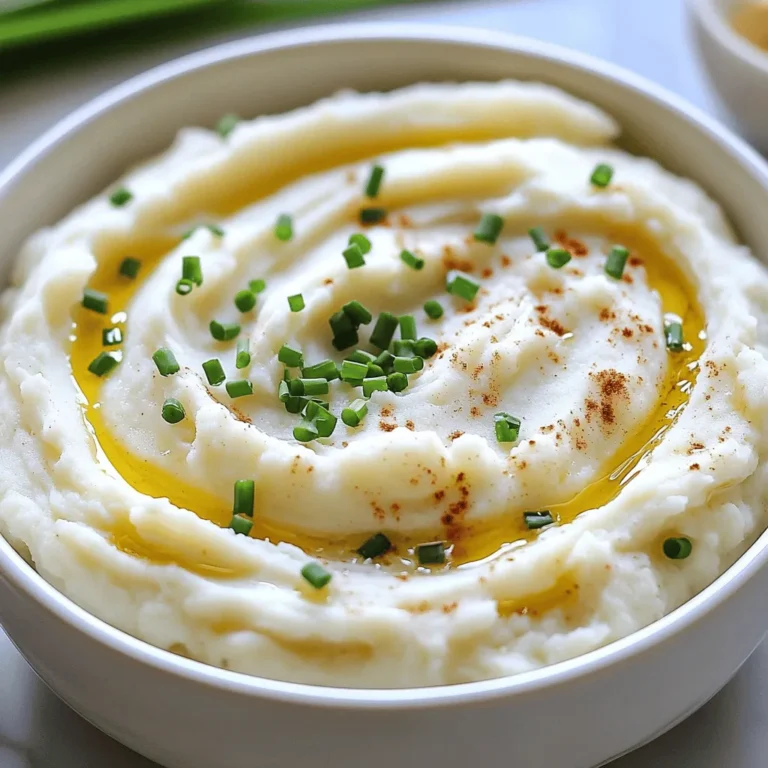 To make creamy garlic mashed cauliflower, you will need: - 1 large head of cauliflower, cut into small florets - 4 cloves garlic, finely minced - ½ cup cream cheese (or your preferred dairy-free alternative) - ¼ cup unsalted butter (or plant-based butter for a vegan option) - ½ cup shredded Parmesan cheese (optional, or substitute with vegan cheese) - ½ teaspoon salt - ¼ teaspoon freshly ground black pepper - ¼ teaspoon smoked paprika for added depth of flavor - Fresh chives or parsley for an aromatic garnish Feel free to get creative with your ingredients. You can add: - Extra garlic for a stronger flavor - Other cheeses like feta or goat cheese for a unique twist - Fresh herbs such as rosemary or thyme for added aroma - Nutritional yeast for a cheesy flavor without dairy - Cauliflower florets can be replaced with other veggies like broccoli Creamy garlic mashed cauliflower is not just tasty; it also has some great nutrition. Here’s a quick breakdown per serving: - Calories: Approximately 180 - Protein: 4g - Fat: 15g - Carbohydrates: 8g - Fiber: 3g This dish is lower in carbs than traditional mashed potatoes, making it a smart choice for many diets. Plus, it’s packed with vitamins and minerals from the cauliflower. For the full recipe, check out [Full Recipe]. First, gather your ingredients. You will need 1 large head of cauliflower, 4 cloves of garlic, ½ cup cream cheese, ¼ cup unsalted butter, ½ cup Parmesan cheese (if desired), salt, black pepper, and smoked paprika. Next, fill a large pot with water. Add a generous amount of salt to the water. Bring it to a rolling boil. Carefully add the cauliflower florets. Cook them for about 10 to 12 minutes. You want them to be fork-tender. Once the cauliflower is tender, drain it using a colander. Return the drained cauliflower to the pot you used to cook it. While the cauliflower cooks, prepare the garlic butter. In a small skillet, melt the butter over medium heat. Once it melts, add the finely minced garlic. Sauté the garlic for 2 to 3 minutes. You want it fragrant and golden but not burnt. This step is key. The garlic adds a rich flavor that makes the dish special. After draining the cauliflower, pour the garlic butter mixture over it. Then, add the cream cheese, Parmesan cheese (if using), salt, black pepper, and smoked paprika. To achieve a creamy texture, use an immersion blender. Blend until it is smooth and creamy. Alternatively, you can use a food processor for a silkier finish. Taste your mashed cauliflower. Adjust the seasoning if needed. Serve it hot. Garnish with fresh chives or parsley for a pop of color and flavor. For the full recipe, refer to the beginning of this article. When preparing cauliflower, freshness matters. Look for a large head with firm florets. Avoid any spots or soft areas. Start by cutting it into small, even florets. This helps it cook evenly. Always rinse the florets under cold water to remove dirt. If you want a quicker cook time, you can steam them instead of boiling. To get a creamy texture, draining is key. After boiling, make sure to drain the cauliflower well. Excess water can make it watery. Using an immersion blender gives you control. It helps you reach the desired smoothness without over-blending. If you prefer a richer flavor, add more cream cheese or butter during blending. Garlic is the star here, so use fresh cloves. Sauté them carefully to avoid burning. You can add herbs like thyme or rosemary for more depth. For a twist, try adding a splash of lemon juice. This brightens the dish nicely. Finally, don’t skip the smoked paprika; it adds a unique flavor that sets this dish apart. Remember, for the full recipe, check out the complete details to create this creamy garlic mashed cauliflower. {{image_4}} You can easily make creamy garlic mashed cauliflower vegan. Instead of cream cheese, use a dairy-free cream cheese. This option keeps the dish rich and smooth. For butter, try plant-based butter. Both swaps help maintain flavor and texture. You can boost flavor in many ways. Adding fresh herbs like thyme or rosemary gives a nice touch. For a spicy kick, try a pinch of cayenne pepper. If you want cheesy goodness, sprinkle in nutritional yeast. You can also use vegan cheese to keep it plant-based. Each addition changes the taste without losing the creamy base. Creamy garlic mashed cauliflower pairs well with many dishes. Serve it alongside roasted chicken or a hearty steak. It also works great with grilled vegetables for a lighter meal. For a cozy night in, add it to a warm bowl of soup. You can enjoy it as a side or make it the star of your meal. For more ideas, check out the Full Recipe. After enjoying your creamy garlic mashed cauliflower, let it cool down. Place the leftovers in an airtight container. Make sure the lid seals tightly. Store the container in the fridge. This keeps the dish fresh for up to three days. If you want to save it for later, freezing is a great option. To reheat, scoop the mashed cauliflower into a microwave-safe bowl. Add a splash of milk or cream to keep it moist. Heat in the microwave for about one to two minutes. Stir halfway through to ensure even warming. You can also reheat it on the stove. Just place it in a saucepan over low heat. Stir often until it’s warmed through. If you want to freeze your creamy garlic mashed cauliflower, use a freezer-safe container. Leave some space at the top, as it may expand when frozen. It can stay good in the freezer for up to two months. When ready to enjoy, thaw it in the fridge overnight. Reheat it as mentioned before. This way, you’ll have a tasty dish ready whenever you want! For the full recipe, check out the recipe section. What is creamy garlic mashed cauliflower? Creamy garlic mashed cauliflower is a smooth, flavorful side dish. It uses cauliflower instead of potatoes. This dish is lower in carbs, making it a great alternative. How do I make it taste more garlicky? Add extra minced garlic during cooking. You can also roast the garlic for a sweeter taste. Can I make this dish vegan? Yes! Use plant-based butter and dairy-free cream cheese. You can also skip the cheese or use vegan cheese. Why is my mashed cauliflower watery? This happens if you do not drain the cauliflower well. Make sure to drain it fully before blending. What if my mixture is too thick? If it is too thick, add a bit of milk or vegetable broth. Blend again until you reach the desired creaminess. How do I fix lumpy mashed cauliflower? If you see lumps, blend it longer. An immersion blender works well for this. This recipe serves four people. Each serving is about one cup. If you have leftovers, they make a great side for lunch or dinner. Enjoy creamy garlic mashed cauliflower warm for the best flavor. You can find the full recipe in the previous section. Creamy garlic mashed cauliflower is a great dish. It uses simple ingredients and step-by-step instructions to make it easy. I shared tips to get the creamiest texture and added flavor ideas. You can even find vegan options! Proper storage and reheating are key for leftovers too. Try this recipe and enjoy its smooth texture and rich flavor. With a few tweaks and tips, you can make it just right. Now, get cooking and impress your friends and family with this tasty side dish!