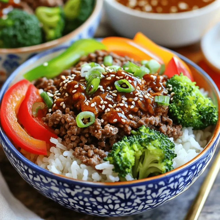 To make Spicy Korean Beef Bowls, gather these simple ingredients: - 1 lb ground beef (preferably lean) - 1 tablespoon sesame oil - 2 tablespoons soy sauce - 2 tablespoons gochujang (Korean chili paste) - 2 teaspoons brown sugar - 3 cloves garlic, minced - 1-inch piece ginger, grated - 1 cup broccoli florets - 1 red bell pepper, sliced - 1 cup cooked jasmine rice - 2 green onions, thinly sliced (for garnish) - Sesame seeds (for garnish) These ingredients create a great mix of flavors. The gochujang adds heat and depth. The sesame oil gives a nice nutty taste. Use fresh vegetables for the best crunch. You can find gochujang at Asian markets or online. Fresh ginger and garlic make the dish smell amazing while cooking. This recipe is flexible. You can swap the beef for chicken or tofu if you prefer. Each option will change the flavor but keep it tasty. For a heartier meal, add more veggies like carrots or snap peas. For the full recipe, you can check the section below. Enjoy the process! Before you start cooking, gather all your ingredients. This helps the process go smoothly. Here’s what you need: - 1 lb ground beef (preferably lean) - 1 tablespoon sesame oil - 2 tablespoons soy sauce - 2 tablespoons gochujang (Korean chili paste) - 2 teaspoons brown sugar - 3 cloves garlic, minced - 1-inch piece ginger, grated - 1 cup broccoli florets - 1 red bell pepper, sliced - 1 cup cooked jasmine rice - 2 green onions, thinly sliced (for garnish) - Sesame seeds (for garnish) Start by washing the vegetables. Cut the red bell pepper into thin slices. Grate the ginger and mince the garlic. This prep makes cooking fast and easy. For a great outcome, use a large skillet. This ensures even cooking. Also, make sure your beef is at room temperature. This helps it cook evenly. Now let’s cook! First, heat the skillet. Pour in the sesame oil and warm it over medium-high heat. Once hot, add the ground beef. Use a wooden spoon to break it apart. Cook for about 5-7 minutes. You want the beef to be browned and fully cooked. Next, it's time to add flavor. Stir in the soy sauce, gochujang, brown sugar, minced garlic, and grated ginger. Cook for another 2-3 minutes. Stir occasionally, so everything mixes well. While the beef cooks, it’s time to steam the veggies. In a small pot, boil water. Place the broccoli and red bell pepper in a steamer basket. Steam for about 4-5 minutes until they are vibrant and tender. Now, let’s plate your dish! Start by adding a generous scoop of jasmine rice to each bowl. Top it with the spicy beef mixture. Artfully arrange the steamed broccoli and red bell pepper around the beef. For a beautiful finish, garnish with sliced green onions and a sprinkle of sesame seeds. This adds crunch and flavor. To make your meal even more appealing, serve with chopsticks or a fork. You can also place extra sesame seeds in a small dish on the side. This way, guests can add more if they like. Using colorful bowls will enhance the overall look of your meal. Enjoy! - To brown the beef perfectly, use high heat. This helps to create a nice crust. Make sure not to overcrowd the pan. Cook in batches if needed. Stir the beef often for even cooking. - For the vegetables, steaming helps keep their bright color and crunch. Bring water to a boil in a pot. Place broccoli and red bell pepper in a steamer basket. Cover and steam for about 4-5 minutes. They should be tender but still vibrant. - To adjust the spice level, simply add more or less gochujang. Taste as you go to find your sweet spot. If you're sensitive to heat, start with a smaller amount. You can always add more later. - Get creative with toppings! Try adding sliced cucumbers or shredded carrots for freshness. A sprinkle of crushed peanuts adds a great crunch. Fresh herbs like cilantro can also boost flavor. - Essential tools for this recipe include a large skillet for the beef and a steamer basket for the veggies. A wooden spoon is great for breaking apart the beef while cooking. - I recommend brands like T-fal for skillets and OXO for steamers. They provide good heat distribution and durability. Having the right tools makes cooking more enjoyable and easier. {{image_4}} For those who need gluten-free options, try using tamari instead of soy sauce. Tamari has a similar taste but contains no gluten. You can also swap out gochujang for a gluten-free chili paste. For vegetarians, replace the beef with tofu or tempeh. These non-meat proteins soak up flavors well. You can easily switch out the beef for chicken or turkey. These meats give a lighter feel to the dish. If you prefer, try using tofu for a plant-based option. Don’t forget to add unique veggies. Carrots, snap peas, or mushrooms can bring new flavors and textures. Korean recipes vary by region. You might find variations that include different spices or side dishes. For example, some regions add kimchi for extra heat and flavor. You can also take flavors from other cuisines. Adding sesame oil and soy sauce with a splash of lime can create a fusion twist! To keep your Spicy Korean Beef Bowls fresh, store them in an airtight container. Place the beef, rice, and veggies in separate containers to prevent sogginess. This meal will stay fresh in the fridge for about 3 days. After that, it may lose flavor and texture. To reheat your beef bowls, use the microwave for quick convenience. Heat in 30-second intervals, stirring in between. This method keeps the beef juicy and the veggies crisp. If you want to freeze the dish, pack it in a freezer-safe container. It can last up to 3 months. To use, thaw overnight in the fridge and reheat as described. For busy weeknights, cook the beef and veggies ahead of time. You can make a large batch of rice too. Store everything separately in containers. When you're ready to eat, just combine and heat. A great combo is to pair the beef with steamed broccoli and sliced bell peppers. This meal is not only tasty but also easy to prepare! For a full recipe, check the Spicy Korean Beef Bowls instructions above. To cook this dish fast, prep your ingredients first. Chop veggies and measure sauces ahead. Use lean ground beef for quick cooking. A large skillet heats up quickly, speeding up the process. Cook beef for just 5-7 minutes. Stir in sauces for a quick flavor boost. Yes, you can! Cook the beef mixture and cool it down. Store it in an airtight container in the fridge. You can make the rice and veggies ahead as well. When ready to eat, just reheat and serve. This way, you enjoy a fresh meal with less fuss. Serve this dish with steamed rice for a complete meal. You can also add a side of kimchi for extra flavor. A light salad or pickled veggies pairs well too. For drinks, try iced tea or a light beer to balance the spice. Gochujang has a unique heat that can vary. If you're sensitive to spice, start with less. You can mix it with other sauces to tone it down. Adding sugar helps balance the heat too. Taste as you go to find your perfect level. Spicy Korean Beef Bowls come from Korean home cooking. This dish reflects the bold flavors of Korean cuisine. Gochujang is a staple, adding depth and spice. It’s often enjoyed as a simple meal that brings family together. The dish showcases the love for fresh ingredients and balance in flavors. Enjoying it connects you to Korean culture and its vibrant food scene. For the complete recipe, check out the Full Recipe section. In this blog post, we explored how to make Spicy Korean Beef Bowls. We covered the ingredients, cooking steps, and serving ideas. You learned tips for enhancing flavor and modifying the recipe for various diets. Remember, storing leftovers properly keeps them fresh. Whether you're cooking for yourself or a crowd, this dish is both tasty and easy. Try it with different proteins or spices to make it your own. Enjoy your cooking adventure and savor each bite!