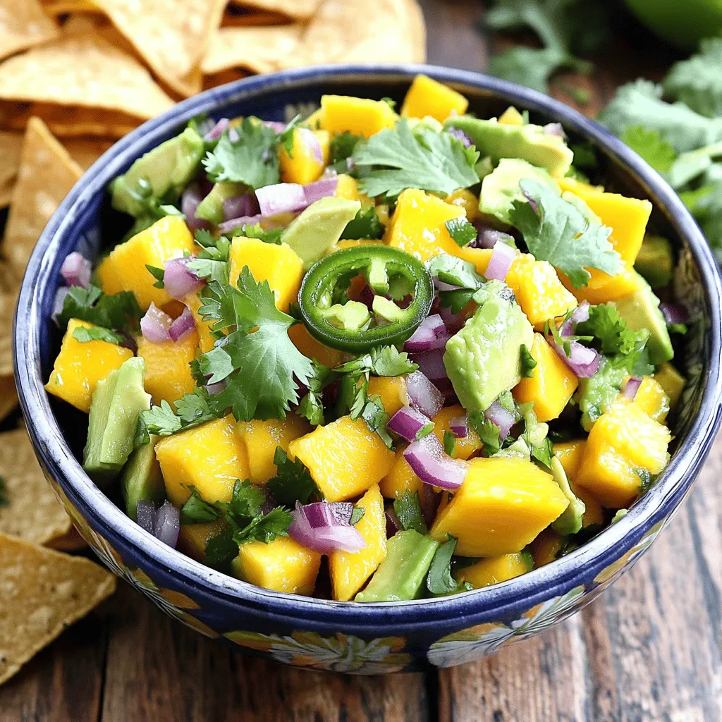 To make a fresh and tasty Avocado Mango Salsa, you need simple and colorful ingredients: - 1 ripe avocado, diced into small cubes - 1 ripe mango, peeled and diced into small cubes - 1 small red onion, finely chopped - 1 jalapeño pepper, deseeded and minced - 1/4 cup fresh cilantro, roughly chopped - Juice of 2 limes - 1 teaspoon honey (optional) - Salt and freshly cracked black pepper to taste Each ingredient plays an important role in the salsa. The avocado brings creaminess, while the mango adds sweetness. The red onion gives a nice crunch and sharpness. The jalapeño adds heat, and cilantro adds a fresh taste. Lime juice brightens everything up. You can add honey if you want a sweeter touch. When selecting your ingredients, look for ripe fruits. A ripe avocado will yield slightly when you press it. The mango should be firm but slightly soft to the touch. Using fresh ingredients makes the salsa burst with flavor. You’ll enjoy making this dish as much as eating it! - Start with the avocado. Cut it in half and remove the pit. Scoop out the flesh with a spoon and dice it into small cubes. - Next, peel the mango and cut it in half. Remove the pit and dice the mango into small cubes, just like the avocado. - For the red onion, slice it in half and chop it finely. This adds a nice crunch and flavor. - Finally, take the jalapeño pepper. Cut it in half, remove the seeds, and mince it finely. Adjust the amount if you want less heat. - In a large bowl, gently mix the diced avocado and mango. This forms the base of your salsa. - Add the chopped red onion and minced jalapeño to the bowl. Toss in the roughly chopped cilantro, too. Mix everything together lightly. - Squeeze the juice of two limes over the mixture. This adds a fresh and tangy flavor. - If you like a hint of sweetness, add the honey now and mix it in. - With gentle hands, toss all the ingredients together so they are coated in lime juice. Avoid mashing the avocado. - Finally, season your salsa with salt and freshly cracked black pepper. Taste and adjust the seasoning to your liking. Let the salsa sit for about 10-15 minutes. This helps the flavors blend beautifully before you serve it. - Look for avocados that yield gently when pressed. - Mangoes should feel slightly soft to the touch. - An overripe avocado may feel mushy and darken at the stem. - A mango that is too ripe will have a strong, sweet smell. To choose the best fruit, examine the color and texture. Use these signs to find ripe avocados and mangoes. This ensures a fresh and tasty salsa. - Adjust sweetness by adding honey if needed. - Control heat by using less jalapeño or more if you like spice. - Let the salsa sit for 10-15 minutes before serving. This waiting period helps the flavors blend together. You’ll notice a big difference in taste after allowing it to rest. - Use a colorful bowl to serve your salsa. - Add a sprig of cilantro for a fresh look. - Pair with crispy tortilla chips or grilled meats. A great presentation makes your dish more inviting. These simple tips will impress your guests and make your salsa shine. {{image_4}} You can make your avocado mango salsa even better by adding fruits or veggies. Consider adding diced bell peppers. They add a nice crunch and a pop of color. You can use any color you like—red, yellow, or green. Each type brings its own flavor. Another great option is to add fresh pineapple. It gives a sweet touch that pairs well with the avocado and mango. Just chop it into small pieces and mix it in. If you love heat, you can spice up your salsa. Try using different types of peppers. For a mild kick, you can use a poblano pepper. If you want more heat, jalapeños work well. You can also add a splash of hot sauce. This will give your salsa a zesty boost. Always taste as you go to find the right level of spice for you. This salsa is naturally vegan and gluten-free. You can enjoy it without worry if you follow these diets. If you're looking for a lower-carb option, skip the honey. The natural sweetness from the mango is often enough. You can also serve it with veggies instead of chips for a healthy snack. This way, everyone can enjoy this fresh and vibrant dish, no matter their diet! To keep your Avocado Mango Salsa fresh, store it in an airtight container. This helps prevent air from getting in and causing browning. Make sure the container is clean before use. If you can, press plastic wrap directly onto the salsa surface. This reduces air exposure even further. Refrigeration is key. Place your salsa in the fridge as soon as you finish making it. The cool temperature slows down spoilage. It’s best to enjoy it within a few days for optimal taste. Avocado Mango Salsa stays fresh for about 2 to 3 days in the fridge. After this time, the avocado may turn brown and mushy. If you want to keep it longer, freezing is an option, but it may change the texture. The salsa can lose its crunch when thawed. If you decide to freeze it, use a freezer-safe container. Leave some space at the top for expansion. You can enjoy it later, but remember the texture may not be the same. Yes, you can make Avocado Mango Salsa ahead of time. To keep it fresh, do these things: - Mix all ingredients but the avocado and lime juice. - Store in an airtight container in the fridge. - Add the avocado and lime juice just before serving. This way, the salsa stays bright and tasty. Avocado Mango Salsa works well with many dishes. Here are some great pairings: - Grilled chicken or fish for a fresh topping. - Tacos for a burst of flavor. - Crispy tortilla chips for a fun dip. - Salads for added taste and color. These options enhance your meals and bring joy to your table. To stop avocados from browning, use these tips: - Squeeze lime juice over the avocado right away. - Keep the salsa covered and refrigerated until serving. - Use a little onion, as it can help slow browning. These steps help maintain the fresh look and taste of your salsa. This blog post covered how to make Avocado Mango Salsa. You learned about the fresh ingredients, preparation steps, and tips for the best flavors. I shared ideas for variations and storage methods, too. Avocado Mango Salsa is tasty and simple to make. It adds a fresh touch to many meals. Now, you can enjoy it at home or impress guests. Grab those ingredients and get started!