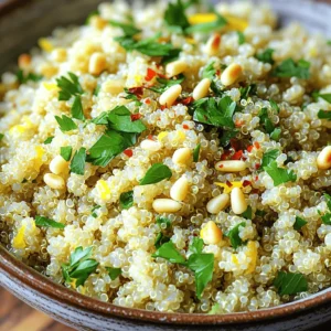 - 1 cup quinoa - 2 cups vegetable broth (or water) - 3 cloves garlic, minced - Zest and juice of 1 large lemon - 2 tablespoons olive oil - 1/2 teaspoon salt - 1/4 teaspoon black pepper - 1/2 teaspoon red pepper flakes (optional) - 1/4 cup fresh parsley, finely chopped - 1/4 cup toasted pine nuts (for garnish) Gathering these ingredients makes cooking easy. First, choose your quinoa. I love using organic quinoa for its taste and health benefits. Rinse it well in cold water. This step removes the bitter coating called saponin. It helps the quinoa taste better. Next, you need good broth or water. Vegetable broth adds flavor. You can use water if you prefer. Fresh garlic makes this dish pop. Minced garlic adds a strong aroma. The lemon zest and juice bring a bright taste. Olive oil adds richness. Salt and pepper balance the flavors. Red pepper flakes give a nice kick. If you want it mild, skip this. Fresh parsley gives a fresh touch. Finally, toasted pine nuts add crunch. You can mix and match these ingredients to fit your taste. Enjoy your cooking! Rinsing quinoa is very important. It removes a bitter coating called saponin. To rinse, place the quinoa in a fine-mesh strainer. Run cold water over it for a minute. Swirl the quinoa gently with your hand. This ensures all grains get clean. In a medium pot, combine the rinsed quinoa with two cups of vegetable broth. You can also use water if you prefer. Bring this mixture to a boil over medium-high heat. Once it boils, reduce the heat to low. Cover the pot with a lid and let it simmer for about 15 minutes. The quinoa is done when all the liquid is absorbed, and the grains are fluffy. While your quinoa cooks, heat two tablespoons of olive oil in a small skillet over medium heat. Add three minced cloves of garlic. If you like some heat, toss in a bit of red pepper flakes. Sauté for about 1-2 minutes. Stir often so the garlic does not brown. Burnt garlic tastes bitter, and we want a fresh flavor. After cooking, remove the pot from the heat. Use a fork to fluff the quinoa gently. Now, pour the garlic oil mixture over the quinoa. Add the zest and juice of one large lemon. Season with half a teaspoon of salt and a quarter teaspoon of black pepper. Mix well to spread the flavors evenly. Next, fold in a quarter cup of finely chopped parsley. This adds a bright touch to the dish. Serve the quinoa warm. For a special finish, sprinkle a quarter cup of toasted pine nuts on top. This adds a nice crunch and flavor. To cook quinoa just right, timing is key. Usually, it takes about 15 minutes. You know it’s ready when the liquid is gone and the grains look fluffy. A good sign is when you see a little tail on each grain. This is called the germ, and it shows that your quinoa is perfect. For more taste, you can add different spices. Consider herbs like thyme or oregano for a twist. You can also use garlic-infused olive oil instead of regular olive oil. This can bring out more garlic flavor without the risk of burning it. To boost the health factor, add some veggies. Spinach or bell peppers mix well with quinoa. You could also toss in chickpeas or other legumes for extra protein. This makes the dish heartier and more filling. {{image_4}} Flavors can change your Lemon Garlic Quinoa. You can add citrus twists for a fresh taste. Try lime or orange juice along with lemon. These add a fun zing to your dish. You can also explore different herbs. Basil or cilantro can bring a new twist. They add a lovely aroma and taste. Just chop them up and mix them in. If you want a richer flavor, use chicken broth instead of vegetable broth. This swap adds depth and warmth to your quinoa. It’s a great option for non-vegans. You can also change the nuts you use for garnish. Instead of pine nuts, try almonds or walnuts. Both add a nice crunch and flavor. You can toast them for extra taste. You can make this dish vegan by sticking to vegetable broth. It’s already vegan-friendly with no animal products. For those following a gluten-free diet, you're in luck! Quinoa is naturally gluten-free, making this dish safe. If you're watching carbs, you can customize it too. Just cut back on the amount of quinoa or serve it with more veggies. This keeps it light and fresh while still being tasty. Store leftover Lemon Garlic Quinoa in the fridge. Use an airtight container to keep it fresh. Let the quinoa cool before placing it in the fridge. This helps avoid excess moisture. Keep it for up to four days for the best taste. When you want to enjoy the leftovers, heat them gently. You can use the microwave or a skillet on low heat. If using a microwave, add a splash of water. This moisture helps prevent dryness. Stir the quinoa halfway through reheating for even warming. You can freeze Lemon Garlic Quinoa for later use. Portion it into small containers or freezer bags. This makes it easy to defrost only what you need. When ready to eat, thaw it overnight in the fridge. Reheat as mentioned before for the best results. Quinoa lasts for about 4 to 5 days in the fridge. Make sure to store it in an airtight container. This keeps it fresh and safe to eat. If you notice any bad smell or mold, throw it away. Yes, you can make Lemon Garlic Quinoa ahead of time. Prepare it up to three days in advance. Store it in the fridge in an airtight container. Reheat it when you are ready to serve. Yes, quinoa is gluten-free. It is a great choice for those with gluten sensitivities. Quinoa provides a healthy grain option for many diets. You can serve Lemon Garlic Quinoa with many dishes. It pairs well with grilled chicken or fish. You can also enjoy it with roasted vegetables or a fresh salad. Its bright flavors complement many meals. Yes, you can swap quinoa for other grains. Brown rice, farro, or bulgur work well. Each grain offers a different texture and taste. Adjust cooking times according to the grain you choose. This blog post showed you how to make Lemon Garlic Quinoa from start to finish. You learned about the key ingredients, precise steps, helpful tips, and delicious variations. Quinoa is tasty, nutritious, and easy to prepare. You can customize it to fit your needs, whether dietary or flavor preferences. Take your time when cooking, and enjoy the process. Keep this guide handy, and keep experimenting in the kitchen! You’ll impress family and friends with your new skills and flavorful dishes.