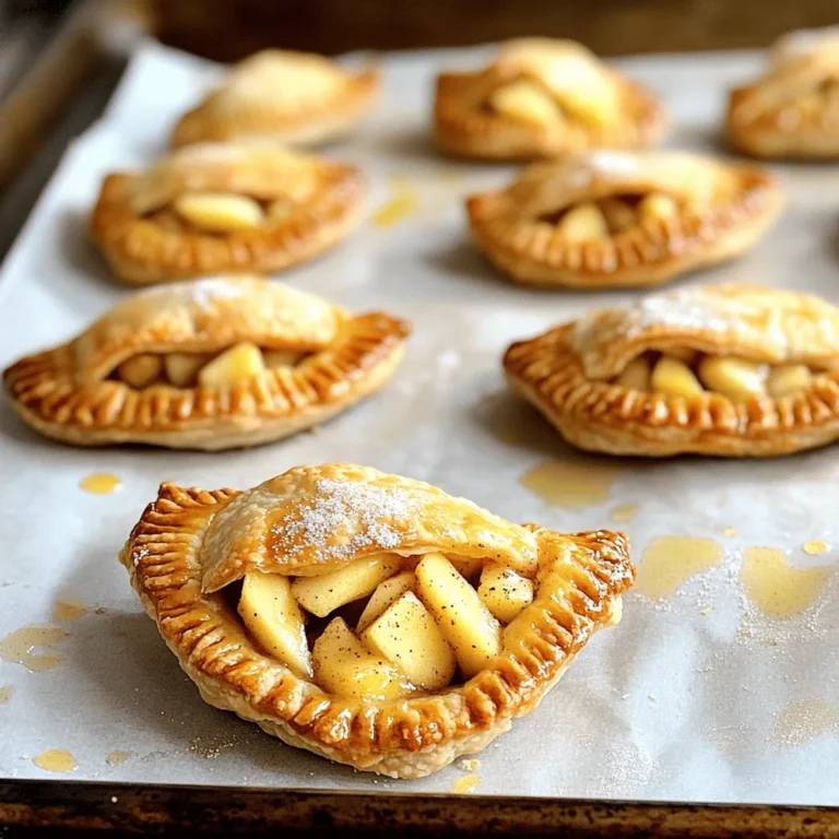To make these tasty mini apple hand pies, you need just a few simple ingredients: - 2 medium-sized apples (Granny Smith or Honeycrisp) - 1 teaspoon ground cinnamon - 1/4 teaspoon ground nutmeg - 1/4 cup packed brown sugar - 1 tablespoon fresh lemon juice - 1 tablespoon cornstarch - 1 package (14 oz) refrigerated pie crusts - 1 large egg, beaten (for egg wash) - 1 tablespoon granulated sugar (for sprinkling) These ingredients create a perfect balance of sweet and spicy flavors. The apples bring a fresh taste, while the spices add warmth. You can change up the flavors in your mini apple hand pies. Here are some ideas: - Different Fruits: Try pears or peaches instead of apples. - Nut Mix: Add chopped walnuts or pecans for crunch. - Spices: Use allspice or cardamom for a unique twist. These variations keep the recipe fresh and exciting. Toppings can make your hand pies even better. Consider these options: - Icing: Drizzle a simple glaze of powdered sugar and milk on top. - Caramel Sauce: Add a rich caramel drizzle for extra sweetness. - Ice Cream: Serve warm with a scoop of vanilla ice cream. These toppings add fun and flair to your hand pies, perfect for serving at gatherings or a cozy night in. To start, gather your apples. I like to use Granny Smith or Honeycrisp for their sweet and tart balance. Peel, core, and dice them into small pieces. Place the diced apples in a bowl. Add one teaspoon of ground cinnamon and a quarter teaspoon of ground nutmeg for warmth. Sprinkle in a quarter cup of packed brown sugar to sweeten. Add one tablespoon of fresh lemon juice to brighten the flavors. Finally, mix in one tablespoon of cornstarch to help thicken the filling. Stir everything well and let it sit for 15 minutes. This waiting time allows the flavors to come together nicely. Next, preheat your oven to 400°F (200°C). While that heats up, roll out your pie crusts on a floured surface. Use a 4-inch round cutter to cut out circles. You should get about 8 to 10 circles. Place about one tablespoon of apple filling in the center of each circle. Be careful not to overfill, or they might leak while baking. Fold each circle to form a half-moon shape. Press the edges firmly to seal, and use a fork to crimp them for a fun design. Now, brush the tops of your hand pies with a beaten egg. This gives them a lovely shine. Sprinkle a bit of granulated sugar on top for added sweetness. Place the hand pies on a baking sheet lined with parchment paper. Bake them for 20 to 25 minutes. They should turn golden brown and fill your kitchen with a wonderful aroma. Once baked, let them cool on a wire rack for about 10 minutes. This cooling time helps the filling set and makes them easier to eat. Enjoy your mini apple hand pies warm! To keep your mini apple hand pies crisp, use cornstarch in the filling. Cornstarch absorbs the juices from the apples. This prevents the dough from getting soggy. Also, make sure to seal the edges tightly. This helps keep the filling inside while baking. Lastly, bake on a preheated baking sheet. This gives the bottom a nice crunch. Granny Smith apples are perfect for hand pies. They have a tart flavor that balances well with sweetness. Honeycrisp apples are another excellent choice. They offer a juicy, sweet flavor that many love. You can also mix different apple types for added depth. Just avoid soft apples like McIntosh, as they may turn mushy. To seal your hand pies well, press the edges firmly together. Use a fork to crimp the edges for a decorative touch. This also ensures no filling leaks out during baking. If the dough feels dry, add a bit of water to the edges. This helps them stick better. Lastly, make small slits on top of each pie. This allows steam to escape and keeps them from bursting. {{image_4}} You can change the flavor of your hand pies easily. Try adding ginger or allspice instead of cinnamon. These spices add warmth and depth to the filling. Another great option is cardamom. It gives a floral note that complements apples well. Mix and match your favorite spices to make them unique! A caramel drizzle takes these pies to the next level. After baking, let them cool slightly. Then, use a spoon to drizzle warm caramel over the top. This adds sweetness and a gooey texture. You can use store-bought caramel sauce or make your own. Just melt sugar until it turns golden brown, then mix in cream. If you need gluten-free options, you can use gluten-free pie crusts. Many brands offer tasty alternatives that work well. For a vegan version, swap the egg wash with almond milk or soy milk. This gives the tops a nice shine without using eggs. You can also use maple syrup instead of brown sugar for sweetness. These options make hand pies friendly for everyone! To keep your mini apple hand pies fresh, let them cool completely. Place them in an airtight container. You can store them at room temperature for up to two days. If you want to keep them longer, refrigeration is best. Just make sure to cover them well to avoid drying out. Freezing is a great option for hand pies. Once they have cooled, wrap each pie in plastic wrap. Then, place them in a freezer-safe bag or container. They can last up to three months in the freezer. When you are ready to enjoy them, just take out what you need. To reheat your hand pies, preheat your oven to 350°F (175°C). Place the hand pies on a baking sheet. Heat them for about 10-15 minutes until warm. This method keeps the crust nice and crispy. If you’re in a hurry, you can also microwave them for about 30 seconds. However, this may make the crust a bit soft. Yes, you can use canned apples. They save time and still taste good. Drain them well to remove excess liquid. This helps keep the filling from getting too soggy. If you want more flavor, mix in some cinnamon and nutmeg. To make dough from scratch, mix flour, salt, and cold butter. Use a pastry cutter or your hands to blend until it looks like crumbs. Add cold water a bit at a time until it forms a ball. Chill the dough for at least 30 minutes before rolling it out. Yes, these hand pies are perfect for a crowd. They are easy to grab and eat. Plus, they can be made ahead of time and served warm or at room temperature. This makes them great for parties or family gatherings. You can find pre-made mini apple hand pies at grocery stores. Look in the frozen section or the bakery aisle. Many bakeries also sell them fresh. Check local markets for homemade options too. Homemade mini apple hand pies last for about 2-3 days at room temperature. Store them in an airtight container to keep them fresh. If you want them to last longer, freeze them. They can last for up to 3 months in the freezer. Making mini apple hand pies is fun and simple. We covered ingredients, cooking steps, and helpful tips. Try new spices or add caramel for variety. Remember to store them well or freeze for later use. With this guide, you can create tasty pies that everyone will enjoy. Baking is all about trying new things. So, get in the kitchen and start making your own mini apple hand pies today!