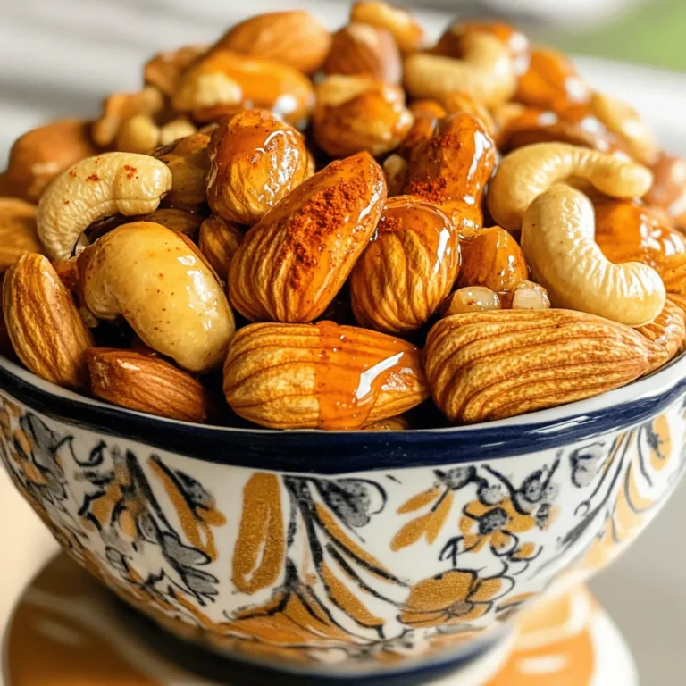 For Sriracha honey roasted nuts, you'll need a few key ingredients to create that perfect blend of sweet and spicy. Here’s what you need: - 2 cups mixed nuts (almonds, cashews, walnuts, and pecans) - 2 tablespoons pure honey - 1 tablespoon Sriracha sauce - 1 tablespoon extra virgin olive oil - 1 teaspoon sea salt - 1/2 teaspoon smoked paprika - 1/4 teaspoon garlic powder - A pinch of freshly ground black pepper These ingredients work together to make a tasty and crunchy snack. The honey gives sweetness, while Sriracha adds heat. The nuts provide crunch, and the spices enhance the flavor. You can mix it up by using different nuts. Here are some alternatives: - Hazelnuts for a rich flavor - Macadamia nuts for creaminess - Peanuts for a classic crunch Feel free to combine your favorites. Each nut adds its own unique taste and texture. To boost the flavor, consider adding other spices or enhancements. Here are some ideas: - Add cayenne pepper for more heat - Use cinnamon for a sweet twist - Try a bit of brown sugar for extra sweetness These small changes can make your Sriracha honey roasted nuts even more exciting. Play around with the spices to find your perfect mix! Start by preheating your oven to 350°F (175°C). Line a baking sheet with parchment paper. This helps the nuts not stick and makes cleaning easier. In a large bowl, mix together these ingredients: - 2 tablespoons pure honey - 1 tablespoon Sriracha sauce - 1 tablespoon extra virgin olive oil - 1 teaspoon sea salt - 1/2 teaspoon smoked paprika - 1/4 teaspoon garlic powder - A pinch of freshly ground black pepper Whisk or stir until it’s smooth. This mixture is your flavorful coating. Next, add 2 cups of mixed nuts to the bowl. Toss them gently to coat each nut well. Make sure every nut gets that tasty mixture. The goal is to have a rich, even layer of flavor. Spread the coated nuts in a single layer on your baking sheet. Leave space between nuts so they roast well. Bake them for 15-20 minutes. Stir the nuts halfway through. They should turn golden brown and smell amazing when done. After roasting, take the baking sheet out of the oven. Let the nuts cool completely on the parchment paper. This step makes them nice and crispy. Once cooled, transfer them to an airtight container. They stay fresh for up to two weeks, perfect for snacking anytime! To get the best taste, find the right mix. The sweetness of honey blends well with the spicy Sriracha. Use a little less Sriracha if you want it milder. If you love heat, add more! I suggest you taste the mixture before coating the nuts. Adjust it until it feels just right for you. Keep a close eye while the nuts roast. Every oven is different, so check them at the 15-minute mark. Stir them halfway to ensure even cooking. If they turn too dark, they can taste bitter. You want a golden brown color for that perfect crunch! These nuts make a great snack anytime. Serve them in a nice bowl at parties. They also fit well in gift bags for friends. Pair them with cheese or fruits for a fun charcuterie board. You can even sprinkle them over salads for an extra crunch. Enjoy your tasty creation! {{image_4}} If you love spice, you can boost the heat! Try adding more Sriracha. Start with an extra half tablespoon. For a smoky kick, use chipotle powder instead of smoked paprika. You can also toss in cayenne pepper. Just a pinch adds a nice kick without being too much. Want more sweetness? Swap honey for maple syrup or agave nectar. Both add a lovely flavor. You could even mix in a bit of brown sugar for a deeper taste. If you enjoy coconut, try using coconut sugar. It adds a unique twist while keeping the sweetness. No nuts? No problem! You can use seeds instead. Pumpkin seeds and sunflower seeds work great. They bring a nice crunch and flavor. You can also try roasted chickpeas for a different texture. Just make sure to adjust the roasting time since they cook faster than nuts. To keep your Sriracha honey roasted nuts fresh, store them in an airtight container. This helps keep moisture out and crunch in. I recommend using glass or plastic containers with tight lids. You can also use resealable bags if you squeeze out the air. Keep the nuts in a cool, dark place, away from direct sunlight. When stored properly, these nuts can last up to two weeks. After that, they may lose their crunch and flavor. If you notice any change in taste or smell, it's best to toss them out. Always check before enjoying another handful! If your nuts lose their crunch, don’t worry! You can easily re-crisp them. Preheat your oven to 350°F (175°C). Spread the nuts on a baking sheet in a single layer. Roast them for about 5-10 minutes. Keep an eye on them to avoid burning. Let them cool before enjoying that delightful crunch again! Yes, you can! Feel free to mix and match. Almonds, cashews, walnuts, and pecans work great. You can also try pistachios or hazelnuts for fun twists. Just remember to adjust the roasting time if you choose larger nuts. They may need a bit longer to cook. To make this recipe vegan, replace honey with maple syrup or agave nectar. Both will add sweetness and keep the flavor intact. The rest of the ingredients are already vegan-friendly, so you’re good to go! You can find Sriracha Honey Roasted Nuts at many grocery stores. Check the snack aisle or the bulk section. If you’re looking for a quick option, try online retailers or specialty food shops. You might even find them at a local farmer's market! Nuts are packed with nutrients! They provide protein, healthy fats, and fiber. They can help lower cholesterol and improve heart health. Plus, nuts are great for brain function due to their rich antioxidant content. Enjoying Sriracha Honey Roasted Nuts offers both flavor and health perks! You’ve learned how to make Sriracha Honey Roasted Nuts, covering key ingredients, and simple steps. You also discovered tips for flavor balance and storage. Whether you enjoy spicy or sweet variations, this recipe offers something for everyone. Remember to keep an eye on the roasting time to avoid overcooking. Use what works best for you, and share this tasty snack with friends. Making these nuts can be fun and rewarding—enjoy every bite!