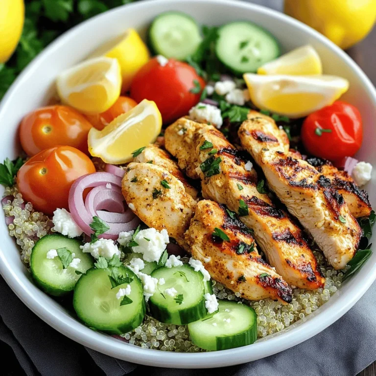 For these tasty bowls, you will need: - 2 boneless, skinless chicken breasts - 2 tablespoons extra virgin olive oil - 2 tablespoons thick Greek yogurt - 2 cloves garlic, finely minced - 1 teaspoon dried oregano - 1 teaspoon smoked paprika - Salt and pepper to taste - 2 cups cooked quinoa, fluffily prepared - 1 cucumber, finely diced - 1 cup cherry tomatoes, halved for freshness - 1/2 red onion, paper-thin sliced - 1/2 cup feta cheese, crumbled into pieces - A handful of fresh parsley, roughly chopped for garnish - Lemon wedges, to brighten up the dish The marinade is key for flavor. Use these items: - 2 tablespoons extra virgin olive oil - 2 tablespoons thick Greek yogurt - 2 cloves garlic, finely minced - 1 teaspoon dried oregano - 1 teaspoon smoked paprika - Salt and pepper to taste This mix gives the chicken a rich taste. It makes each bite juicy and full of flavor. To finish your bowls, add these garnishes: - A handful of fresh parsley, roughly chopped - Lemon wedges Fresh parsley adds color and zest. Lemon wedges give a bright finish, enhancing the flavors. Start by gathering your ingredients. In a medium bowl, mix the extra virgin olive oil, Greek yogurt, minced garlic, dried oregano, smoked paprika, salt, and pepper. Whisk until the marinade is smooth. This mix adds depth to the chicken. You want all flavors to blend well. Place the chicken breasts in the marinade. Make sure each piece gets a good coat. Cover the bowl and put it in the fridge. Let it sit for at least 30 minutes. If you have more time, let it marinate for up to 2 hours. This step will make your chicken more flavorful and juicy. Preheat your grill or a heavy skillet over medium-high heat. Once hot, take the chicken out of the marinade. Let the extra marinade drip off. Grill the chicken for about 6-7 minutes on each side. You want it to reach an internal temperature of 165°F (75°C). Check that the juices run clear when you cut into it. After grilling, let the chicken rest for about 5 minutes. This helps keep it juicy. Slice the chicken into long strips. Now, it's time to build your bowls. Start with a base of fluffy cooked quinoa. Then, layer on the sliced chicken. Add the diced cucumber, halved cherry tomatoes, and thinly sliced red onion. Top it with crumbled feta cheese for a nice salty kick. Finally, sprinkle fresh parsley over the bowls. Serve with lemon wedges for a bright touch. To make the best marinade, you want the right balance. Start with extra virgin olive oil and thick Greek yogurt. This mix keeps the chicken moist. Add minced garlic for aroma. Dried oregano gives it that classic Greek flavor. Smoked paprika adds a nice twist. Season with salt and pepper to taste. Whisk until smooth. Let the chicken soak in the marinade for at least 30 minutes. If you can, let it sit for two hours. This extra time makes the flavors deeper. Heat your grill or skillet to medium-high. This helps sear the chicken, locking in juices. Remove the chicken from the marinade. Let excess marinade drip off. Grill each side for 6-7 minutes. Use a meat thermometer to check the temperature. It should reach 165°F (75°C). When done, let the chicken rest for about 5 minutes. This step allows the juices to settle. Then, slice it into long strips for the bowls. Begin with cooked quinoa as your base. Fluff it well for a light texture. Next, layer your grilled chicken on top. Follow with diced cucumber and halved cherry tomatoes. The fresh veggies add crunch and color. Thinly sliced red onion gives a nice bite. Don’t forget crumbled feta cheese for creaminess. Finally, sprinkle fresh parsley on top. Serve with lemon wedges for a zesty finish. {{image_4}} You can easily make a vegetarian version of Greek chicken gyro bowls. Swap out the chicken for grilled halloumi cheese or marinated tofu. Both options absorb flavors well and add a nice texture. Use the same marinade from the chicken for the halloumi or tofu. Grill until golden brown and crispy. This gives a tasty, savory bite to your bowls. For a healthy twist, try using farro or barley instead of quinoa. These grains have a chewy texture and nutty flavor. They also boost fiber content, making your meal more filling. Cook them in vegetable broth for extra flavor. This change adds variety and nutrients to your gyro bowls. To elevate the taste of your gyro bowls, consider adding more herbs or spices. Fresh dill or mint can brighten the dish. You can also mix in some spicy harissa or a dash of hot sauce for heat. For a sweet touch, add pomegranate seeds or sliced olives. These additions make your gyro bowls vibrant and full of life. To store your Greek chicken gyro bowl leftovers, use airtight containers. Place the chicken, quinoa, and veggies in separate sections to keep them fresh. Store them in the fridge for up to three days. If you want to keep them longer, you can freeze the chicken. Just make sure to wrap it well to avoid freezer burn. When it's time to eat your leftovers, you can reheat them easily. For the chicken, use a microwave or a skillet on low heat. If using a microwave, heat for 30-second bursts until hot. For the quinoa and veggies, the microwave works well too. Add a splash of water to keep them moist while reheating. Meal prep makes your week easier. Start by cooking a larger batch of chicken and quinoa. You can marinate the chicken and grill it in advance. Store the cooked chicken and quinoa in separate containers. Chop the veggies and store them in the fridge. This way, you can quickly assemble your bowls for lunch or dinner any day of the week. Remember, fresh lemon wedges add a zesty touch when serving! Yes, you can use skin-on chicken for Greek Chicken Gyro Bowls. The skin adds extra flavor and moisture. Just keep in mind, it may take longer to cook. You need to ensure the internal temperature reaches 165°F (75°C) for safety. If you want to substitute quinoa, try brown rice or couscous. Both options provide a nice texture. You can also use farro for a chewier bite. Choose what you enjoy most or have on hand. To make a low-carb version, skip the quinoa. Instead, use cauliflower rice or leafy greens like spinach. You can also add more veggies for crunch and flavor. This keeps the dish light but still tasty. Yes, you can prepare Greek Chicken Gyro Bowls ahead of time. Cook the chicken and vegetables, then cool them down. Store everything in separate containers. When you are ready to enjoy, just assemble the bowls. This makes meal prep easy and convenient. This blog post covered how to make Greek Chicken Gyro Bowls from start to finish. You learned about key ingredients, marination, grilling, and bowl assembly. I shared tips for juicy chicken and creative variations. Proper storage and reheating methods help keep your meals fresh. In short, this dish is tasty, flexible, and easy to prepare. Enjoy making these gyro bowls that bring Greek flavors to your kitchen!