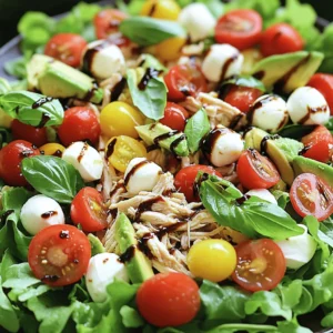 - 2 cups cooked chicken breast - 1 ripe avocado - 1 cup cherry tomatoes - 1 cup fresh mozzarella balls - 1/4 cup fresh basil leaves - 2 tablespoons balsamic glaze - 2 tablespoons extra virgin olive oil - Salt and freshly cracked pepper - Mixed greens for serving - Additional herbs or toppings Let's break down the ingredients for this Caprese Avocado Chicken Salad. The main ingredients form the heart of the dish. You need cooked chicken breast for protein. Shredding it makes it easy to mix. A ripe avocado adds creaminess. The cherry tomatoes bring a sweet burst. The fresh mozzarella balls offer a chewy texture. Lastly, torn basil leaves add a fragrant touch. Next, we have the dressing components. A balsamic glaze gives a sweet tang. Extra virgin olive oil adds richness and depth. Season with salt and freshly cracked pepper to taste. This simple dressing ties all the flavors together. For optional ingredients, consider adding mixed greens for a fresh base. You can also sprinkle in more herbs or toppings to elevate the dish. This salad is flexible and allows for personal touches. 1. In a large mixing bowl, combine the shredded chicken, diced avocado, halved cherry tomatoes, and fresh mozzarella balls. 2. Add the torn basil leaves. Mix everything well to combine. 3. In a separate small bowl, whisk together the balsamic glaze and olive oil. 4. Season the dressing with salt and freshly cracked pepper to your taste. 5. Pour the dressing over the chicken salad mixture. Toss gently to coat all the ingredients. - For a beautiful presentation, serve the salad over mixed greens. - You can also use individual bowls for serving. This adds a personal touch. - To make the salad eye-catching, arrange the ingredients in colorful layers. - Add a sprinkle of fresh basil on top for a bright touch. - A drizzle of balsamic glaze over the salad adds an appealing shine. You can easily swap out chicken or mozzarella in this salad. Use turkey or tofu for a new twist. If you prefer a different cheese, try feta or goat cheese. You can add more veggies, too. Bell peppers, cucumbers, or even corn can boost the crunch. To make the salad pop, add fresh herbs like parsley or cilantro. A pinch of garlic powder can also elevate the taste. For a zesty kick, red pepper flakes work wonders. Feel free to adjust the dressing as well. You can add more balsamic glaze for sweetness or olive oil for richness. Personal taste is key! Want to save time? Prep your ingredients ahead. Cook chicken and chop veggies in advance. Store them in the fridge. This makes assembly super quick. Use clear containers to keep everything fresh. You can also mix the dressing ahead of time and keep it in a jar. Just shake it before using! {{image_4}} You can add a Mediterranean flair to your Caprese Avocado Chicken Salad. Start by mixing in some olives and feta cheese. The briny flavor of olives pairs well with the creamy avocado. Feta adds a nice tang. For more color and taste, toss in roasted red peppers. They bring a sweet and smoky flavor, making your salad even more exciting. If you want a low-carb version, skip the mixed greens. Use shredded lettuce as your base. It gives a nice crunch without the carbs. You can also explore dressing options with fewer calories. Try a simple squeeze of lemon juice or a light vinaigrette for a fresh taste. Make your salad special by using seasonal fruits or vegetables. In summer, add fresh peaches or nectarines for sweetness. In fall, sliced apples or pears work great. You can also adapt the herbs based on what’s fresh. Swap basil for dill or mint to give your salad a new twist. To keep your Caprese avocado chicken salad fresh, store it in an airtight container. This helps prevent it from drying out. Place it in the fridge right after serving. The salad stays fresh for about three days. However, the avocado may brown over time. To slow this, squeeze fresh lemon juice over the avocado. You can freeze the cooked chicken separately. This keeps the chicken fresh for up to three months. Avoid freezing the whole salad, as the veggies will not taste good after thawing. If you want to freeze the dressing, pour it into a small container. To thaw, place it in the fridge overnight. Use the chicken within 24 hours of thawing for the best taste. For meal prep, portion the salad into grab-and-go containers. This makes it easy to take for lunch. Use clear, airtight containers to see what you have. You can also layer the salad with dressing at the bottom. This keeps the greens fresh and crisp until you're ready to eat. Yes, rotisserie chicken works great for this salad. It saves you time and effort. You can shred it quickly and add it to your bowl. This chicken is often seasoned, which gives your salad an extra flavor boost. Plus, it cuts down on your cooking time. You can have your salad ready in minutes! Yes, this salad is perfect for meal prep. It stays fresh for up to three days in the fridge. Just keep the dressing separate until you are ready to eat. This way, your salad stays crisp and tasty. You can make several servings at once and grab it for lunch or dinner. You can easily make this salad vegan. Swap the chicken for chickpeas or tofu. Both options add protein and texture. For a creamy touch, use avocado as your base. You can also replace mozzarella with vegan cheese or skip it altogether. This way, you keep all the fresh flavors while making it plant-based. This salad is easy, healthy, and tasty. You learned about the key ingredients, including chicken and avocado, and how to make a simple dressing. We shared tips for customizing your salad and various ways to serve it. Remember to store leftovers properly to keep them fresh. You can make fun variations for every season. Whether you want a quick lunch or a meal prep option, this salad checks all the boxes. Enjoy experimenting with your favorite flavors to create the perfect dish!
