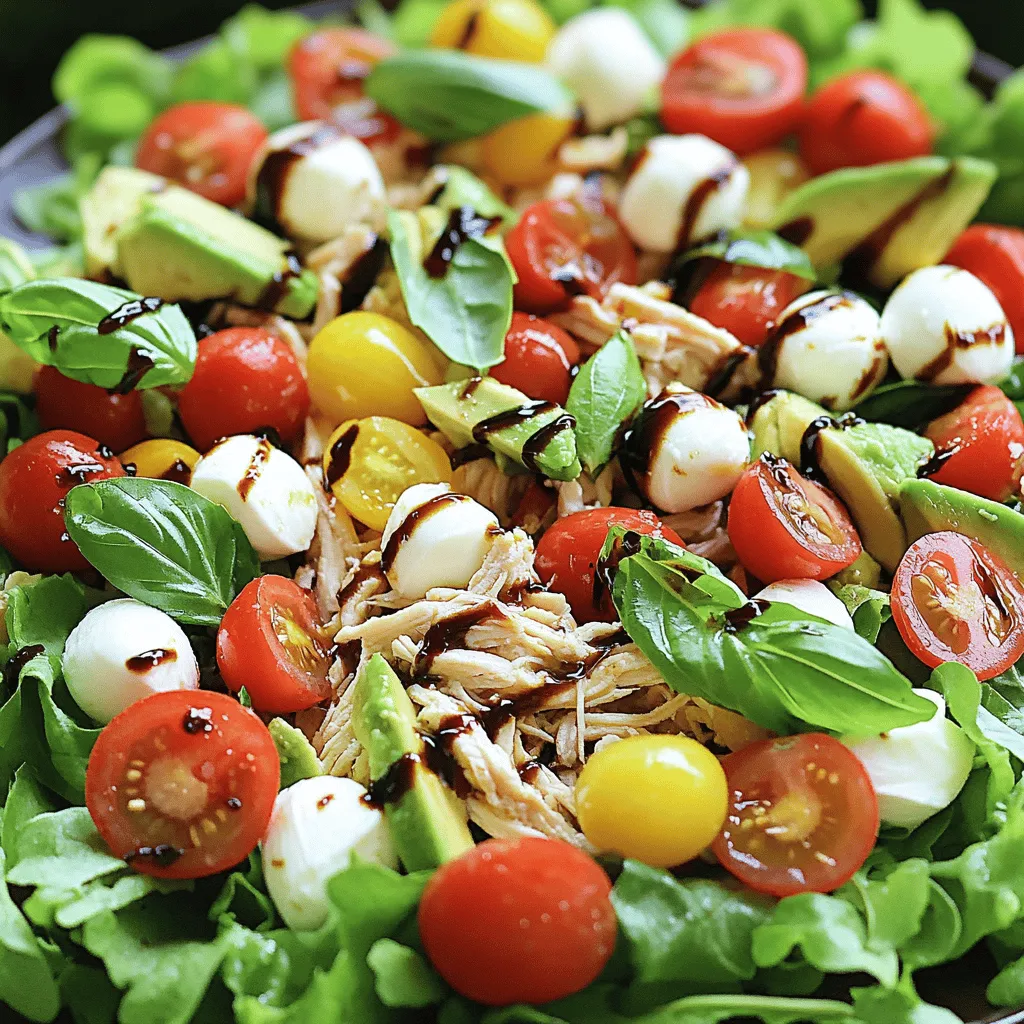 - 2 cups cooked chicken breast - 1 ripe avocado - 1 cup cherry tomatoes - 1 cup fresh mozzarella balls - 1/4 cup fresh basil leaves - 2 tablespoons balsamic glaze - 2 tablespoons extra virgin olive oil - Salt and freshly cracked pepper - Mixed greens for serving - Additional herbs or toppings Let's break down the ingredients for this Caprese Avocado Chicken Salad. The main ingredients form the heart of the dish. You need cooked chicken breast for protein. Shredding it makes it easy to mix. A ripe avocado adds creaminess. The cherry tomatoes bring a sweet burst. The fresh mozzarella balls offer a chewy texture. Lastly, torn basil leaves add a fragrant touch. Next, we have the dressing components. A balsamic glaze gives a sweet tang. Extra virgin olive oil adds richness and depth. Season with salt and freshly cracked pepper to taste. This simple dressing ties all the flavors together. For optional ingredients, consider adding mixed greens for a fresh base. You can also sprinkle in more herbs or toppings to elevate the dish. This salad is flexible and allows for personal touches. 1. In a large mixing bowl, combine the shredded chicken, diced avocado, halved cherry tomatoes, and fresh mozzarella balls. 2. Add the torn basil leaves. Mix everything well to combine. 3. In a separate small bowl, whisk together the balsamic glaze and olive oil. 4. Season the dressing with salt and freshly cracked pepper to your taste. 5. Pour the dressing over the chicken salad mixture. Toss gently to coat all the ingredients. - For a beautiful presentation, serve the salad over mixed greens. - You can also use individual bowls for serving. This adds a personal touch. - To make the salad eye-catching, arrange the ingredients in colorful layers. - Add a sprinkle of fresh basil on top for a bright touch. - A drizzle of balsamic glaze over the salad adds an appealing shine. You can easily swap out chicken or mozzarella in this salad. Use turkey or tofu for a new twist. If you prefer a different cheese, try feta or goat cheese. You can add more veggies, too. Bell peppers, cucumbers, or even corn can boost the crunch. To make the salad pop, add fresh herbs like parsley or cilantro. A pinch of garlic powder can also elevate the taste. For a zesty kick, red pepper flakes work wonders. Feel free to adjust the dressing as well. You can add more balsamic glaze for sweetness or olive oil for richness. Personal taste is key! Want to save time? Prep your ingredients ahead. Cook chicken and chop veggies in advance. Store them in the fridge. This makes assembly super quick. Use clear containers to keep everything fresh. You can also mix the dressing ahead of time and keep it in a jar. Just shake it before using! {{image_4}} You can add a Mediterranean flair to your Caprese Avocado Chicken Salad. Start by mixing in some olives and feta cheese. The briny flavor of olives pairs well with the creamy avocado. Feta adds a nice tang. For more color and taste, toss in roasted red peppers. They bring a sweet and smoky flavor, making your salad even more exciting. If you want a low-carb version, skip the mixed greens. Use shredded lettuce as your base. It gives a nice crunch without the carbs. You can also explore dressing options with fewer calories. Try a simple squeeze of lemon juice or a light vinaigrette for a fresh taste. Make your salad special by using seasonal fruits or vegetables. In summer, add fresh peaches or nectarines for sweetness. In fall, sliced apples or pears work great. You can also adapt the herbs based on what’s fresh. Swap basil for dill or mint to give your salad a new twist. To keep your Caprese avocado chicken salad fresh, store it in an airtight container. This helps prevent it from drying out. Place it in the fridge right after serving. The salad stays fresh for about three days. However, the avocado may brown over time. To slow this, squeeze fresh lemon juice over the avocado. You can freeze the cooked chicken separately. This keeps the chicken fresh for up to three months. Avoid freezing the whole salad, as the veggies will not taste good after thawing. If you want to freeze the dressing, pour it into a small container. To thaw, place it in the fridge overnight. Use the chicken within 24 hours of thawing for the best taste. For meal prep, portion the salad into grab-and-go containers. This makes it easy to take for lunch. Use clear, airtight containers to see what you have. You can also layer the salad with dressing at the bottom. This keeps the greens fresh and crisp until you're ready to eat. Yes, rotisserie chicken works great for this salad. It saves you time and effort. You can shred it quickly and add it to your bowl. This chicken is often seasoned, which gives your salad an extra flavor boost. Plus, it cuts down on your cooking time. You can have your salad ready in minutes! Yes, this salad is perfect for meal prep. It stays fresh for up to three days in the fridge. Just keep the dressing separate until you are ready to eat. This way, your salad stays crisp and tasty. You can make several servings at once and grab it for lunch or dinner. You can easily make this salad vegan. Swap the chicken for chickpeas or tofu. Both options add protein and texture. For a creamy touch, use avocado as your base. You can also replace mozzarella with vegan cheese or skip it altogether. This way, you keep all the fresh flavors while making it plant-based. This salad is easy, healthy, and tasty. You learned about the key ingredients, including chicken and avocado, and how to make a simple dressing. We shared tips for customizing your salad and various ways to serve it. Remember to store leftovers properly to keep them fresh. You can make fun variations for every season. Whether you want a quick lunch or a meal prep option, this salad checks all the boxes. Enjoy experimenting with your favorite flavors to create the perfect dish!