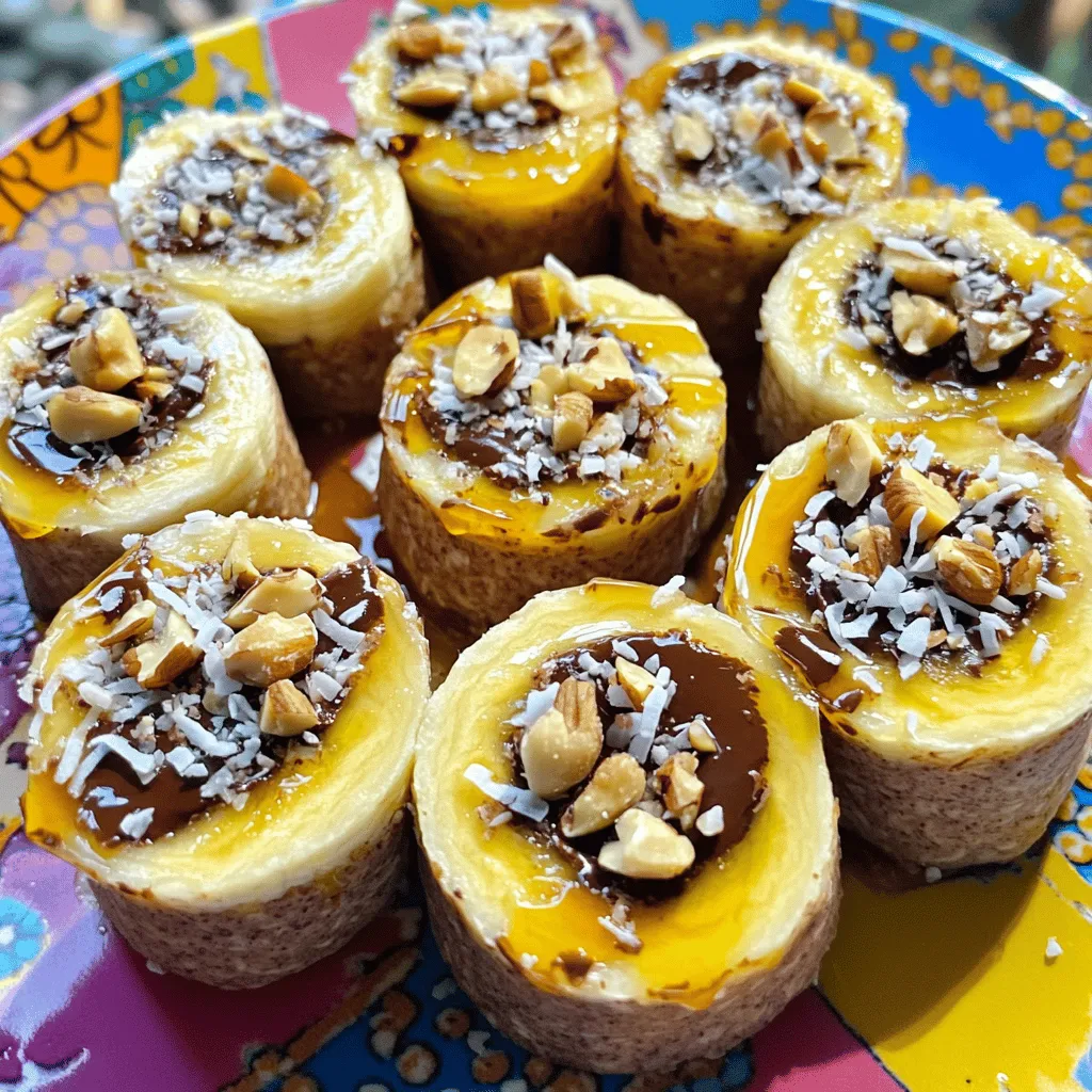 - 2 large ripe bananas - 2 tablespoons creamy peanut butter - 2 tablespoons dark chocolate spread - 1 large whole wheat tortilla or flatbread - 1 tablespoon chopped nuts (e.g., almonds or walnuts) - 1 tablespoon shredded coconut (optional) - A drizzle of honey (optional) To make Chocolate Peanut Butter Banana Sushi, gather these tasty ingredients. Start with ripe bananas. They should be soft but not brown. The creamy peanut butter brings a rich flavor. Dark chocolate spread adds sweetness and depth. You need a whole wheat tortilla or flatbread as the base. This keeps everything together. For crunch, use chopped nuts like almonds or walnuts. Shredded coconut adds a fun texture but is optional. If you like it sweeter, drizzle honey on top. This mix of flavors creates a delicious treat. Each ingredient plays a part in making this sushi delightful. - Start by placing the tortilla or flatbread on a clean surface. - Spread the creamy peanut butter evenly across the tortilla. - Drizzle the dark chocolate spread and create a marbled effect. - Place the bananas at one edge of the tortilla and roll tightly. - Cut the rolled tortilla into bite-sized pieces (about 1 inch thick). - Serve the pieces on a plate and optionally top with nuts and coconut. - Drizzle honey for added sweetness, if desired. Making Chocolate Peanut Butter Banana Sushi is fun and easy. The first step is to lay your tortilla flat. This helps you spread the peanut butter well. Use a spatula to cover the tortilla with a nice layer of peanut butter. Make sure it is even and smooth. Next, grab the dark chocolate spread. Drizzle it on top of the peanut butter. This gives your sushi a beautiful look. Use the spatula to mix the two spreads slightly. You want a marbled pattern, not a full mix. Now, it’s banana time! Place the bananas on one edge of the tortilla. Start rolling it up tightly. This step is key to keeping everything inside. Once rolled, take a sharp knife and slice the sushi into small pieces. Aim for about 1-inch thick slices. Finally, you can make it extra special. Arrange the pieces on a plate. If you like, sprinkle chopped nuts and coconut on top for a crunch. Drizzle honey over the pieces if you want more sweetness. Enjoy this delightful treat! To make your chocolate peanut butter banana sushi great, start with a fresh tortilla. A fresh tortilla rolls better and holds the filling well. When cutting, use a sharp knife for clean slices. This helps keep the sushi looking nice. For a fun touch, serve it on colorful plates. Bright plates make the dish pop and look more inviting. You can add more flavor by including fruit slices. Try strawberries or apples for a tasty twist. If you want to mix things up, use different nut butters. Almond butter or cashew butter can change the taste. For an extra special treat, swap the chocolate spread with Nutella or even a flavored almond butter. These small changes can make your sushi unique and fun to eat. {{image_4}} You can change the recipe for more fun. Here are some ideas: - Swap whole wheat tortillas for gluten-free options. - Try different types of bananas, like plantains. - Use flavored yogurt as a tasty drizzle on top. These changes keep your treat fresh and exciting. You can enjoy the same great taste while exploring new flavors. Get creative with themes for your sushi. Here are some fun versions: - Make a tropical version by adding pineapple and coconut. - Turn it into a breakfast roll by adding oats or granola. These ideas make your chocolate peanut butter banana sushi special. You can match it to any occasion or craving! Keep any leftovers in an airtight container in the fridge. This helps keep the sushi fresh. I recommend eating it within 1-2 days for the best taste. The bananas can brown quickly, so enjoy it soon! If you want to save some for later, you can freeze individual pieces. They stay good for up to a month in the freezer. When you’re ready to eat, thaw them first. After thawing, you can reassemble the pieces for a nice presentation. Chocolate peanut butter banana sushi is a fun dessert roll. It combines banana, creamy peanut butter, and rich chocolate spread. This dish looks like sushi but tastes sweet and delightful. You can make it in just ten minutes. It's a tasty way to enjoy fruits and spreads together. Yes, you can make this recipe vegan! Just choose a vegan chocolate spread. Also, make sure your tortillas are dairy-free. This way, everyone can enjoy this tasty treat. To make this dish healthier, swap the chocolate spread for yogurt. Greek yogurt adds creaminess and protein. You can also add more fruits, like strawberries or blueberries, for added nutrition. Absolutely! This recipe is a fun and healthy treat for kids. They will love rolling their sushi and eating it. Plus, it allows them to enjoy fruits in a unique way. This blog post shared a fun recipe for Chocolate Peanut Butter Banana Sushi. You learned how to roll ingredients, customize flavors, and store leftovers. This treat is tasty and good for kids. You can make it in many ways for your family. Try different fruits and nut butters to find your favorite. So grab your ingredients and start rolling! Enjoy this simple, creative snack that everyone will love.