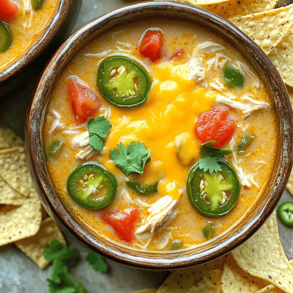 - 1 lb boneless, skinless chicken breasts - 4 cups chicken broth - 1 can (10 oz) diced tomatoes with green chilies - 1 cup cream cheese, softened - 1 cup shredded cheddar cheese - 1 cup corn (frozen or fresh) - 2 jalapeños, seeds removed and finely diced - 1 small onion, diced - 2 cloves garlic, minced - 1 teaspoon ground cumin - 1 teaspoon smoked paprika - Salt and freshly ground black pepper, to taste The main ingredients create a rich and tasty soup. The chicken is the star, providing protein and texture. The broth adds depth, while tomatoes bring a nice tang. Cream cheese and cheddar make it creamy and comforting. Jalapeños give it a spicy kick. Corn adds sweetness, and spices round out the flavors. - Fresh cilantro, finely chopped - Tortilla chips, for serving Garnishing your soup makes it look beautiful and adds fresh flavor. Fresh cilantro brightens the dish and adds a nice crunch with tortilla chips. You can also sprinkle extra cheese on top if you love cheese. - Slow cooker - Cutting board - Sharp knife - Measuring cups and spoons - Large spoon for stirring Using the right tools makes cooking easy and fun. A slow cooker is key for this recipe, as it lets flavors blend slowly. A good knife helps you chop veggies quickly. Measuring cups ensure you use just the right amounts. A large spoon makes mixing simple and keeps things tidy. Start by gathering all your ingredients. You will need chicken breasts, broth, tomatoes, corn, jalapeños, onion, garlic, cream cheese, and cheddar cheese. Cut the jalapeños, onion, and garlic into small pieces. This helps release their flavors. Place the chicken breasts in the slow cooker first. They should make a flat layer at the bottom. Next, pour the chicken broth over the chicken. Add the diced tomatoes, corn, jalapeños, onion, and garlic. Now, it’s time to spice things up. Sprinkle ground cumin, smoked paprika, salt, and black pepper on top. Mix everything gently so the spices spread well. Cover the slow cooker with the lid. Set it to cook on low for 6 hours or high for 3 hours. The chicken will become tender and soak up all the flavors. After cooking, remove the chicken from the slow cooker. Use two forks to shred it into bite-sized pieces. Return the shredded chicken to the pot. Next, add the softened cream cheese and shredded cheddar cheese. Stir well until the cheeses melt into a creamy soup. Taste it. Adjust the salt or pepper if needed. Let the soup simmer on low for another 30 minutes. This step helps the flavors blend nicely. When ready, serve the soup in warm bowls. Top with fresh cilantro and enjoy with crunchy tortilla chips. To make this soup shine, focus on fresh ingredients. Use ripe tomatoes for a rich taste. Fresh jalapeños add a bright kick. I recommend using low-sodium broth for more control over salt. Don't skip the spices! Cumin and smoked paprika create a warm depth. Mix well to ensure every bite is full of flavor. You can easily tweak the spice to fit your taste. For a milder soup, remove all the seeds from the jalapeños. If you want more heat, add a few extra jalapeños or even a pinch of cayenne pepper. Taste as you go to find your perfect balance. Remember, the cheese cools the heat a bit, so adjust accordingly! Serving this soup is just as fun as making it. Ladle the warm soup into bowls and sprinkle with chopped cilantro. For crunch, add tortilla chips on the side. You can also top it with more cheese or sour cream. This soup pairs well with a simple salad or crusty bread. Enjoy it with family or friends for a cozy meal! {{image_4}} To make this soup vegetarian, swap the chicken for hearty vegetables. You can use beans, like black beans or chickpeas, for protein. Add extra veggies, such as bell peppers or zucchini, to boost flavor and texture. Replace chicken broth with vegetable broth for a rich base. This keeps the soup filling and tasty without meat. If you crave heat, add more jalapeños or use spicy diced tomatoes. You can also mix in some hot sauce or cayenne pepper for an extra kick. For a different flavor, consider adding a diced serrano pepper. This will make your soup a true spicy delight! For a creamier soup, stir in more cream cheese or add heavy cream. You might also try sour cream or Greek yogurt for a tangy twist. If you like a cheesy flavor, toss in more shredded cheddar cheese. These options will make your soup rich and smooth, perfect for cozy nights. You can store your soup in the fridge. Let it cool down first. Place it in an airtight container. It stays fresh for about 3 to 4 days. Always label the container with the date. This helps you keep track of freshness. Freezing this soup is easy. Pour the cooled soup into freezer-safe bags. Remove as much air as possible before sealing. You can freeze it for up to 3 months. When you're ready to eat, thaw it in the fridge overnight. Reheat the soup on the stove or in the microwave. For the stove, pour it into a pot. Warm it over medium heat until hot. Stir often to avoid sticking. In the microwave, use a microwave-safe bowl. Heat in short bursts, stirring in between. Check the temperature to ensure it's hot all the way through. Yes, you can use frozen chicken breasts. Just add them directly to the slow cooker. You might need to cook the soup a bit longer. Aim for about 7 hours on low or 4 hours on high. The chicken will still become tender and shred easily after cooking. To make this soup dairy-free, replace the cream cheese and cheddar with dairy-free alternatives. Look for cream cheese made from nuts or tofu. For cheddar, use a dairy-free shredded cheese. You can also add a splash of coconut milk for creaminess. Serve this soup with crunchy tortilla chips. They add a nice texture. You can also pair it with a fresh side salad. A simple green salad with lime dressing works well. For extra flavor, top the soup with chopped cilantro and a squeeze of lime. This blog post explored how to make Jalapeño Popper Chicken Soup. We covered the main ingredients, optional garnishes, and needed equipment. You learned step-by-step instructions for preparing and cooking. We shared tips to perfect the flavor and adjust spices. You also saw variations, like vegetarian options and creamy versions. Finally, we explained storage methods to keep your soup fresh. Enjoy the process and get creative with your soup. Happy cooking!