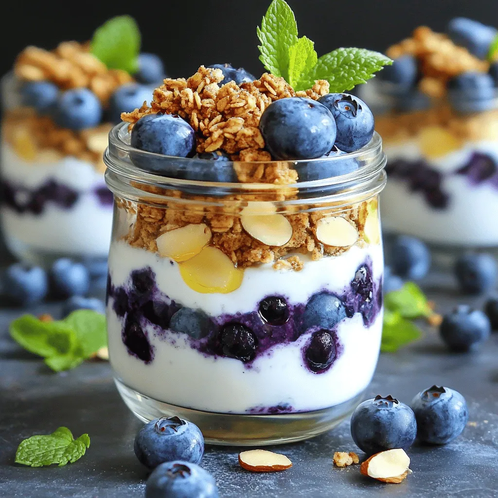 - 2 cups plain Greek yogurt - 1 cup fresh blueberries (plus extra for garnish) - 1 tablespoon honey (or maple syrup for a vegan option) - 1 teaspoon pure vanilla extract - 1 cup granola (choose your favorite blend) - 1/2 teaspoon ground cinnamon - 1 tablespoon almond slivers (optional) - Fresh mint leaves for garnish You can add almond slivers to boost the nutty taste. Fresh mint leaves add a nice touch. A dash of lemon zest can brighten the flavor too. If you like, swap honey for maple syrup to make this recipe vegan. To make this dish vegan, use maple syrup instead of honey. For gluten-free options, pick gluten-free granola. You can also use coconut yogurt as a dairy-free swap. This way, everyone can enjoy this tasty treat! Start by making the creamy yogurt base. In a medium bowl, add 2 cups of plain Greek yogurt. Next, pour in 1 tablespoon of honey or maple syrup. This sweetener brings out the yogurt's flavor. Then, add 1 teaspoon of pure vanilla extract for a nice aroma. Mix these ingredients well with a whisk or spatula until everything is smooth. This will give your parfait a rich base. Now, let’s focus on the blueberries. Take 1 cup of fresh blueberries and place them in a small bowl. Add 1/2 teaspoon of ground cinnamon. Gently toss the blueberries in the cinnamon. This step enhances their sweetness and adds warmth. The blueberries will now be ready to bring a burst of flavor to your parfait. Time to build your parfait! Choose clear glasses or jars for a pretty look. Start with a generous layer of the Greek yogurt mixture at the bottom of each glass. Next, add a layer of your cinnamon-dusted blueberries. Spread them evenly for the best taste. Now, sprinkle a layer of granola on top for a nice crunch. Repeat this process: more yogurt, then blueberries, and more granola. Do this until you fill the glass, finishing with the yogurt on top. For the final touch, add more granola on top. Place a few extra blueberries for decoration. If you like, sprinkle almond slivers for extra flavor and crunch. Enjoy your beautiful Blueberry Crumble Greek Yogurt Parfaits! To make your parfaits pop, use clear glasses. This way, you can see the colorful layers. Chill the glasses beforehand for a fresh touch. Use bright blueberries and mint leaves to add color and flair. A sprinkle of granola on top creates a nice texture contrast. Remember, people eat with their eyes first! Layering is key to a great parfait. Start with a thick layer of Greek yogurt at the bottom. Next, add the cinnamon blueberries, spreading them evenly. Then, sprinkle a layer of granola. Repeat until you reach the top. Finish with yogurt and a generous layer of granola. This method keeps the layers distinct and appealing. If you have leftover ingredients, don’t waste them! You can mix any remaining yogurt with more honey and vanilla for a quick dip. Extra blueberries can go into smoothies or salads. Granola makes a great snack on its own. You can also add it to yogurt bowls or oatmeal. This way, you enjoy every last bit of your ingredients! {{image_4}} You can mix up the fruits in your parfaits. Try strawberries, raspberries, or peaches. Each fruit adds its own flavor. I love using a mix for a colorful look. Just remember, choose fruits that are in season for the best taste. You can also use frozen fruits if fresh ones are not available. Just thaw them before adding to your parfait. If you want to change the sweetener, there are great options. Maple syrup is a tasty choice for vegans. You can also try agave nectar or stevia for a low-calorie option. These sweeteners work well with the yogurt and fruits. Adjust the amount to fit your taste. Remember, a little goes a long way! Granola adds crunch, but you can switch it up! Use nutty granola for extra texture. You can also try a gluten-free granola mix if needed. For a fun twist, add crushed cookies or nuts. Just be careful not to overpower the other flavors. Experiment and find what you like best! To keep your Blueberry Crumble Greek Yogurt Parfaits fresh, store them in the fridge. Use airtight containers or cover your glasses with plastic wrap. This way, they stay tasty and safe. Enjoy your parfaits within two days for the best flavor. If you made a big batch, consider keeping the layers separate. Store the yogurt, blueberries, and granola in different containers. This will prevent the granola from getting soggy. You can freeze some of the parfait components for later use. Freeze the blueberries by washing and drying them first. Place them in a single layer on a baking sheet. Once frozen, transfer them to a freezer bag. Granola can also freeze well. Just store it in an airtight container. Avoid freezing the yogurt, as it changes texture when thawed. - Greek Yogurt: Lasts about 1-2 weeks in the fridge. Always check the expiration date. - Fresh Blueberries: Best if used within 1 week. Look for firm and plump berries. - Granola: Can last 2-3 weeks if stored properly. Keep it in a cool, dry place. - Honey/Maple Syrup: These can last indefinitely in your pantry. Just keep them sealed. Proper storage helps you enjoy your parfaits longer. Yes, you can make these parfaits ahead of time. Layer them in jars or glasses. Cover them and store them in the fridge. They can stay fresh for up to two days. Just add granola right before serving. This keeps it crunchy. If you need a substitute for Greek yogurt, try regular yogurt. You can also use dairy-free yogurt made from almond or coconut. These options still give you a nice creamy base. Just make sure they are plain. Sweetened yogurts may change the taste. To lower the calories in this recipe, use low-fat Greek yogurt. You can skip the honey or maple syrup. Instead, try adding a splash of vanilla extract for flavor. Use less granola and add more fruit for sweetness. This way, you keep the taste while cutting calories. This blog post showed you how to create delicious Blueberry Crumble Greek Yogurt Parfaits. We explored the main ingredients, optional flavors, and dietary choices. Next, we walked through easy step-by-step instructions for making the parfaits. I shared tips for presentation and storing leftovers. Lastly, we discussed variations to keep things fun. In closing, these parfaits are not only tasty but also simple to adapt. Enjoy making them in your kitchen!