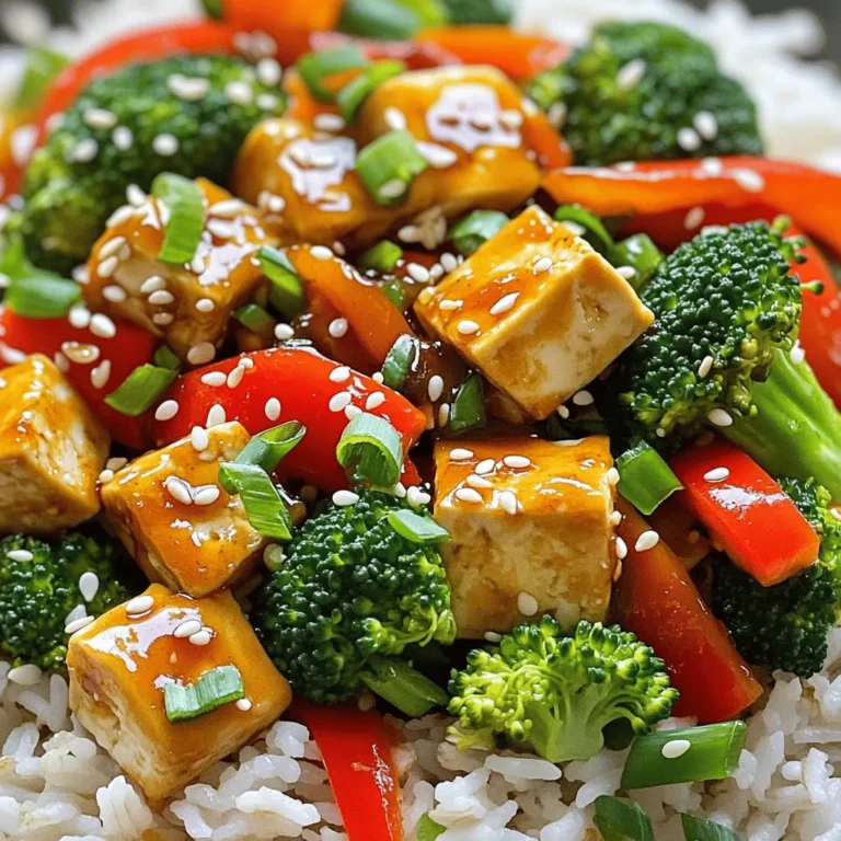 - 1 block (14 oz) firm tofu - 1 red bell pepper, sliced into thin strips - 1 cup broccoli florets, cut into bite-sized pieces - 1 medium carrot, thinly sliced - 3 green onions, finely chopped, white and green parts separated - 2 cloves garlic, finely minced - 1 inch fresh ginger, peeled and grated When I make sweet chili tofu stir fry, I start with firm tofu. It holds its shape and gives a great texture. I slice the tofu into bite-sized cubes, making it easy to eat. Adding fresh vegetables like red bell pepper, broccoli, and carrot brings color and crunch. The green onions add a nice zing, while garlic and ginger give a warm flavor that makes this dish pop. - 1/4 cup sweet chili sauce - 2 tablespoons soy sauce - 1 tablespoon lime juice, freshly squeezed The sauce is the star of this dish. Sweet chili sauce provides a perfect balance of sweetness and heat. I mix it with soy sauce for depth and freshly squeezed lime juice for brightness. This trio creates a sauce that clings to the tofu and veggies, making every bite flavorful. - Sesame seeds - Fresh cilantro For garnishes, I love using sesame seeds. They add a nice crunch and look great on the dish. Fresh cilantro gives a fresh taste that makes the stir fry even more vibrant. These garnishes are optional, but they really enhance the meal. This recipe is simple, quick, and full of flavors. You can customize it to your taste and enjoy a colorful dish on your plate. To start, drain the tofu block well. This step removes excess water. Next, wrap it in a clean towel. Place something heavy on top. Let it sit for about 15 minutes. This helps the tofu become firmer. Now, cut the pressed tofu into 1-inch cubes. Place the cubes in a bowl. Sprinkle 2 tablespoons of cornstarch over the tofu. Toss gently, coating all sides. This coating helps the tofu become crispy when cooked. Heat 1 tablespoon of vegetable oil in a large skillet over medium-high heat. Wait until the oil shimmers. Carefully add the tofu cubes in a single layer. Fry for 3-4 minutes on each side. Turn gently to avoid breaking the cubes. The tofu should be golden brown and crispy. Once done, take the tofu out and set it aside on a plate. In the same skillet, add another tablespoon of vegetable oil. Next, toss in the sliced red bell pepper, broccoli florets, and thinly sliced carrot. Stir-fry these veggies for 4-5 minutes. Keep stirring to ensure they cook evenly. The goal is vibrant colors and a slightly tender but still crisp texture. Add minced garlic and grated ginger to the skillet with the veggies. Stir-fry for 1 more minute. This step brings out their great aroma. Now, return the crispy tofu to the skillet. Pour in the sweet chili sauce, soy sauce, and fresh lime juice. Gently toss everything together. Cook for another 2-3 minutes until heated through. Finally, take the skillet off the heat. Garnish your stir fry with chopped green onions and sprinkle with sesame seeds. Enjoy the bright flavors and textures in this dish! Tofu can be a great meat alternative, but it needs some care. First, press the tofu. This step removes extra water, which helps the tofu become crispy. It also helps the tofu soak up flavors better. After pressing, cut the tofu into cubes. Next, coat the cubes in cornstarch. This coating is key. It makes the outside crunchy when you fry it. Toss the cubes gently, ensuring each side is covered well. To elevate your dish, think about extra seasonings. You can add a pinch of salt or a dash of pepper. Some chili flakes can bring heat. Fresh herbs like basil or cilantro can add a bright taste too. Don’t skip fresh lime juice! It adds a punch that wakes up all the flavors. Squeeze it right before serving for the best taste. When it comes to sides, pair your stir fry with jasmine rice or quinoa. Both make great bases for the sweet chili tofu. You can also serve it with a side salad for freshness. For a nice touch, use a big bowl. Serve the stir fry over rice and drizzle more sweet chili sauce on top. Finish with sesame seeds and fresh cilantro for a beautiful look. {{image_4}} You can switch tofu for other proteins. Chicken or shrimp works well in this dish. Just cut them into bite-sized pieces. Cook them until golden brown. They add a nice flavor and texture. If you want a vegan option, try chickpeas or tempeh. Both are tasty and full of protein. They soak up flavors well, making your stir fry delicious. Feel free to use any fresh vegetables you like. Seasonal veggies add great taste. Try snap peas, zucchini, or bell peppers. You can mix and match depending on what you have. If you don’t like certain veggies, leave them out. The stir fry is flexible, so use what makes you happy! You can change the sauce to fit your taste. If you want it sweeter, add more sweet chili sauce. For a spicy kick, add chili flakes or sriracha. You can also make your own sweet chili sauce. Just combine sugar, vinegar, and garlic for a quick version. This gives you control over the flavors! After cooking, let your sweet chili tofu stir fry cool down. You can store it in the fridge. Place it in an airtight container. This way, it stays fresh longer. It keeps well for up to three days. Don’t leave it out at room temperature for more than two hours. To reheat, you have a few options. The best way is to use a stovetop. Heat a skillet over medium heat and add a splash of water. This keeps the tofu and veggies moist. Stir gently until it’s hot. You can also use a microwave. Place it in a microwave-safe bowl and cover it. Heat in short bursts, stirring in between. This helps maintain the texture. You can freeze your stir fry if you want to save it for later. To freeze, let it cool completely. Then, pack it into freezer-safe bags. Try to remove as much air as possible. This helps prevent freezer burn. When ready to eat, take it out of the freezer. Thaw it overnight in the fridge. Reheat on the stovetop or microwave as mentioned above. Enjoy your tasty meal later! Making this dish takes about 25 minutes. - Prep time is 15 minutes. - Cooking time is around 10 minutes. Yes, you can use other sauces. - Try teriyaki sauce for a sweeter taste. - Soy sauce gives a saltier kick. - Hoisin sauce adds richness and depth. Yes, this stir fry is healthy. - Tofu is a great protein source. - Bell peppers and broccoli are rich in vitamins. - Fresh ginger and garlic boost your immune system. - You can enjoy this dish without guilt. In this post, we explored how to make Sweet Chili Tofu Stir Fry. We covered essential ingredients, like firm tofu, fresh veggies, and flavorful sauces. I shared step-by-step instructions, plus tips for crispy tofu and best serving suggestions. Remember, you can customize this dish with different proteins and veggies, making it your own. Enjoy your stir fry adventure! It’s tasty, easy, and great for any meal.