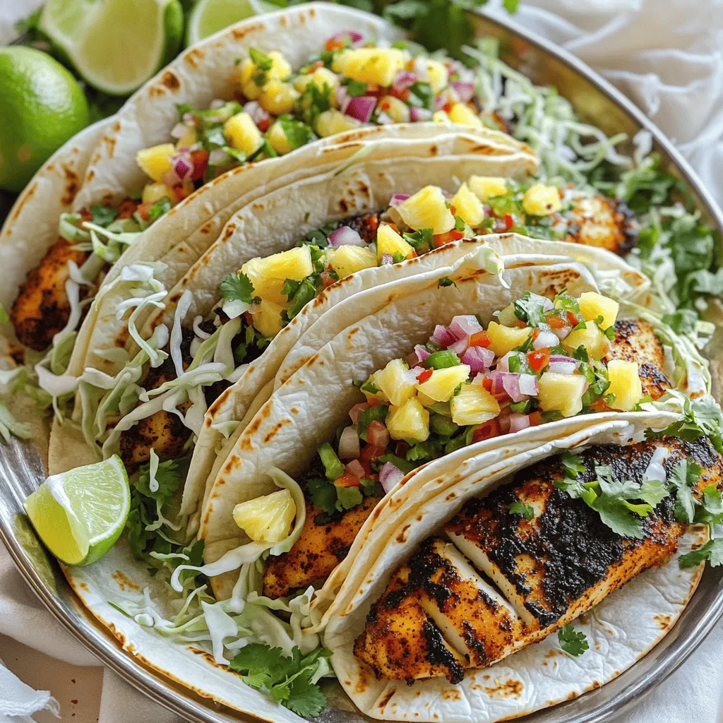 - 1 lb white fish fillets (like tilapia or snapper) - 2 tablespoons olive oil - 8 small corn tortillas - 1 cup shredded cabbage - 2 tablespoons paprika - 1 tablespoon cayenne pepper - 1 tablespoon garlic powder - 1 tablespoon onion powder - 1 teaspoon dried oregano - 1 teaspoon salt - 1/2 teaspoon black pepper - 1 cup fresh pineapple, diced - 1/2 red onion, finely chopped - 1 jalapeño, deseeded and minced - 1/4 cup cilantro, chopped - Juice of 1 lime - Salt to taste The fish brings a light and flaky base to these tacos. The blackening spice mix adds bold flavor. The pineapple salsa gives a sweet and zesty kick. Each ingredient plays a key role. When combined, they create a fresh and exciting meal. This dish is perfect for warm days or gatherings. You can switch the fish or salsa if you like. Enjoy the process of gathering these vibrant ingredients! Start by making the spice mix. In a small bowl, combine paprika, cayenne pepper, garlic powder, onion powder, oregano, salt, and black pepper. Mix it well. This blend gives the fish its bold flavor. Next, take your fish fillets and pat them dry with paper towels. Drying removes extra moisture. This step helps the spices stick better. Rub the spice mix generously over both sides of each fillet. Ensure every bit is coated for maximum taste. Heat olive oil in a large skillet over medium-high heat. You want it hot but not smoking. Once the oil shimmers, carefully add the fish fillets to the pan. Cook for about 3-4 minutes on each side. Look for a nice blackened crust to form. This adds flavor and texture. After cooking, take the fish out and let it rest for a few minutes. Use a fork to flake the fish into bite-sized pieces. This makes it easy to fill the tacos later. In a medium bowl, mix diced pineapple, chopped red onion, minced jalapeño, chopped cilantro, lime juice, and a touch of salt. Stir everything well. This salsa brings a fresh, sweet flavor to the tacos. Let it sit for a bit so the flavors can blend. Grab a dry skillet and warm your corn tortillas. Heat them for about 30 seconds on each side. Warming makes them soft and easy to fold. This step is key for a good taco experience. Now it's time to build your tacos! Place a handful of shredded cabbage on each warm tortilla. Next, add a generous portion of the flaked blackened fish. Top it with a spoonful of the zesty pineapple salsa. This adds a bright touch and balances the spice of the fish. Serve your tacos on a colorful platter. Add lime wedges for squeezing. You can also sprinkle more cilantro on top for a nice look. Enjoy your delicious blackened fish tacos! When picking fish for blackened tacos, I suggest using white fish. Good options include tilapia or snapper. These fish have a mild taste that works well with bold spices. Always look for fresh fish at your local market. Fresh fish smells clean and has firm flesh. If frozen, make sure it is properly thawed before cooking. To get that perfect blackened crust, use a strong spice mix. I recommend paprika, cayenne, garlic, and onion powders. Pat the fish dry first; this helps the spices stick better. Apply the spice mix generously on both sides. Cook the fish in hot oil. This will create a nice sear. Don't overcrowd the pan; cook in batches if needed. Flip the fish once for even cooking. You can make parts of the dish ahead. The pineapple salsa is best made a few hours early. This lets the flavors blend nicely. Store it in the fridge until you're ready to use it. You can also season the fish a few hours before cooking. Just keep it covered in the fridge. Warm the tortillas right before serving for the best taste. {{image_4}} You can use different fish for these tacos. Here are some great choices: - Cod: This fish has a mild flavor and flakes well. - Mahi-mahi: Offers a firm texture and a touch of sweetness. - Salmon: Adds rich flavor and healthy omega-3 fats. - Trout: A tasty option with a delicate taste. Choosing a fish depends on your taste and what you find fresh. Always pick fish that are sustainable and local for the best flavor. You can switch up the salsa for fun new flavors. Here are some ideas: - Mango: Use diced mango for a sweeter taste. - Avocado: Add creamy avocado for richness. - Tomato: Diced tomatoes give a fresh twist. - Corn: Sweet corn adds a nice crunch. Mix and match these ingredients to create your favorite salsa. You can even add herbs like mint or basil for a new spin. While corn tortillas are classic, you might want to try something different. Here are some options: - Flour tortillas: Soft and chewy, they hold fillings well. - Lettuce wraps: Great for a low-carb choice. - Sweet potato tortillas: A fun, colorful option with extra flavor. - Rice paper: Perfect for a unique twist and a light feel. Experiment with these tortilla types to find what you love best. Each option can change the whole taco experience! To store leftover blackened fish tacos, place them in an airtight container. Keep the fish, tortillas, and salsa separate. This keeps the tortillas from getting soggy. Store them in the fridge for up to two days. When you’re ready to eat, you can enjoy fresh flavors again. If you want to freeze the tacos, it’s best to freeze the fish only. Wrap each piece tightly in plastic wrap and then place it in a freezer bag. The fish can last up to three months in the freezer. Avoid freezing the tortillas and salsa. These are best when fresh. To reheat the fish, you can use a skillet. Heat it over medium heat and add a little oil. Place the fish in the skillet for about three to five minutes on each side. This helps to keep it juicy and flavorful. Warm the tortillas in a dry skillet for about 30 seconds on each side. Add fresh salsa right before serving to keep the taste bright. For blackened fish tacos, I recommend using white fish. Tilapia and snapper work great. These fish have mild flavors that let the spices shine. They also cook quickly and stay moist. You want fish that flakes easily. This makes it perfect for tacos. To spice up your salsa, add more jalapeño. You can also try red pepper flakes. If you like heat, use a hotter pepper, like serrano or habanero. Just remember to remove the seeds to control the spice. Taste as you go to get the right flavor. Yes, you can use flour tortillas if you prefer them. They are softer and easier to fold. However, corn tortillas add a nice texture and flavor. If using flour, warm them just like corn tortillas. Enjoy your tacos however you like! This blog post gave you everything you need for blackened fish tacos. We covered the key ingredients, with fish, spices, and fresh salsa. You learned step-by-step how to prepare, cook, and assemble your tacos. I shared tips for choosing fish and perfecting the crust. You now know fun variations and how to store leftovers safely. Enjoy your cooking adventure! Blackened fish tacos are tasty, fresh, and easy to make.