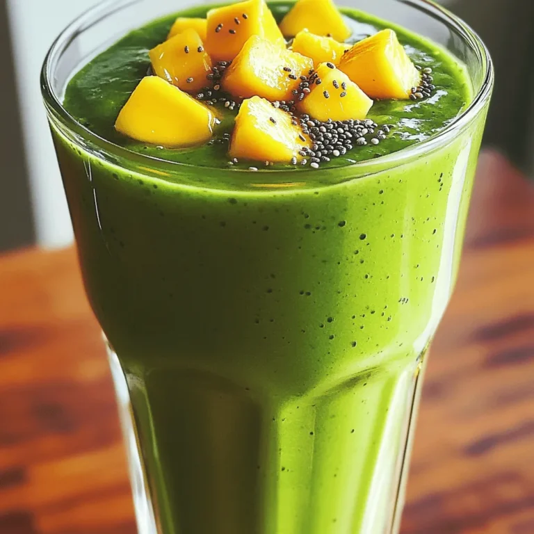 - 1 cup fresh spinach leaves - 1 ripe banana - 1/2 cup diced mango (fresh or frozen) - 1/2 cup coconut water - 1/2 cup Greek yogurt (optional) - 1 tablespoon chia seeds - 1 tablespoon honey or maple syrup (optional) - Ice cubes (optional) - Spinach: This leafy green packs iron and vitamins A, C, and K. It supports healthy skin and boosts your immune system. - Banana: Bananas give you potassium and fiber, which help with digestion and energy. They add natural sweetness. - Mango: Mangoes are rich in vitamins A and C. They promote good eyesight and healthy skin. Plus, they taste amazing! - Coconut Water: This drink hydrates you with electrolytes. It is low in calories and helps you stay refreshed. - Greek Yogurt: If you add Greek yogurt, it boosts protein. This helps keep you full longer and adds creaminess. - Chia Seeds: These tiny seeds offer fiber, omega-3s, and antioxidants. They help your heart and support digestion. - Honey or Maple Syrup: Use these for sweetness if you like. They add flavor and can provide energy. - Ice Cubes: Ice makes your smoothie cold and refreshing. It’s great for hot days! - Spinach: Look for bright, vibrant leaves. Avoid yellow or wilting leaves. Fresh spinach has a crisp feel. - Banana: Choose bananas with a few brown spots. They will be sweet and perfect for your smoothie. - Mango: A ripe mango should give slightly when pressed. It should smell sweet near the stem. - Coconut Water: Select pure coconut water without added sugars or flavors. This keeps it healthy. - Greek Yogurt: Look for plain yogurt with live cultures. This adds good bacteria to your smoothie. - Chia Seeds: Check for whole seeds that are clean and dry. They should be fresh and not clumpy. - Sweeteners: Choose organic honey or pure maple syrup for the best taste. Avoid processed options. - Ice: Use clean, fresh ice to keep your smoothie cold and tasty. To start, rinse 1 cup of fresh spinach leaves under cold water. This step is key to remove dirt. After rinsing, drain the spinach well. Next, take 1 ripe banana and peel it. Chop the banana into smaller pieces for easy blending. Now, prepare 1/2 cup of diced mango. You can use fresh or frozen mango. The mango adds a sweet, tropical flavor. In a high-powered blender, combine the washed spinach, banana pieces, and mango. Pour in 1/2 cup of coconut water. If you like creamy smoothies, add 1/2 cup of Greek yogurt too. Sprinkle in 1 tablespoon of chia seeds for extra nutrition. If you enjoy sweetness, add 1 tablespoon of honey or maple syrup. For a chilled drink, toss in some ice cubes. Blend everything on high speed for 30 to 60 seconds. Stop when you get a velvety smooth texture. If your smoothie is too thick, pour in a little more coconut water. Blend again to mix well. Taste your smoothie. If it needs more sweetness, add more honey or maple syrup. Blend briefly once more to combine. Finally, pour your bright smoothie into a glass. Enjoy it right away to savor all the flavors! To make your Tropical Green Smoothie creamier, add Greek yogurt. It gives a nice, thick texture. A ripe banana also helps. Frozen mango adds creaminess, too. If you want an extra boost, try a splash of coconut milk. Blend until smooth for the best result. If you like it sweeter, use honey or maple syrup. Start with a tablespoon, then taste. You can always add more if needed. For a natural option, try dates or agave syrup. If you want less sugar, skip the sweeteners altogether. The ripe banana and mango bring natural sweetness. Store leftover smoothie in the fridge for up to 24 hours. Use an airtight container to keep it fresh. You can also freeze extra portions in ice cube trays. This way, you can pop them into future smoothies. For fresh spinach, keep it in a sealed bag in the fridge. Use it within a week for the best flavor and nutrients. {{image_4}} To boost your Tropical Green Smoothie with protein, add a scoop of protein powder. You can use whey, plant-based, or collagen powder. Another great option is to include nut butter like almond or peanut butter. These additions make your drink more filling and give you extra energy. If you want a vegan version, skip the Greek yogurt. You can use silken tofu instead for creaminess. Another choice is to add a plant-based yogurt. Make sure to check the label for dairy-free options. Sweeten with maple syrup instead of honey to keep it vegan-friendly. Feel free to experiment with flavors! Here are some fun ideas: - Pineapple and Kiwi: Swap mango for pineapple and add kiwi for a tangy kick. - Berry Blast: Mix in strawberries or blueberries for a fruity twist. - Citrus Zing: Add a splash of orange juice or lime juice for a refreshing burst. These variations can help keep your smoothie exciting and tasty! To keep your Tropical Green Smoothie fresh, store it in an airtight container. Glass jars work best. Make sure to fill the jar to the top to minimize air exposure. This helps prevent oxidation, which can change the taste and color. When you’re ready to drink, give it a good shake. This mixes the ingredients and restores its smooth texture. You can keep your smoothie in the fridge for up to 24 hours. After that, it may lose flavor and nutrients. If you see any separation, just shake it well before drinking. If you're unsure, trust your senses. If it smells or looks off, it’s best to toss it out. Freezing your smoothie is a great option if you want to prep ahead. Pour your smoothie into ice cube trays or freezer-safe jars. This makes it easy to blend a quick drink later. When you're ready, just blend the frozen cubes with a little extra coconut water. This gives you a refreshing, cold smoothie in no time! A Tropical Green Smoothie is packed with nutrients. It gives you vitamins and minerals. Spinach is rich in iron and vitamins A and C. Bananas provide potassium, which helps with heart health. Mango adds vitamin C and antioxidants, boosting your immune system. Chia seeds offer fiber and healthy fats, keeping you full. Greek yogurt adds protein for muscle building. Overall, this smoothie helps with digestion, energy, and skin health. Yes, you can. If you don’t have coconut water, use regular water. You may also try almond milk for a nutty flavor. Juice can work too, but it may add more sugar. Choose a substitute that fits your taste. Just remember, the goal is to keep it refreshing and hydrating. You can prepare this smoothie ahead of time. Blend all your ingredients as usual. Then, pour the smoothie into an airtight container. Store it in the fridge for up to 24 hours. If it separates, just shake or stir it before drinking. For longer storage, freeze it in ice cube trays. Just blend again when you want to enjoy it! A Tropical Green Smoothie is packed with vibrant ingredients and rich benefits. We covered the best produce, tips for making it creamy, and variations to suit your taste. Remember to select fresh ingredients and adjust the blend for a perfect texture. Storing your smoothie properly extends its shelf life. Enjoy the health perks and explore your own flavor twists. This smoothie can be a fun and tasty way to boost your day!