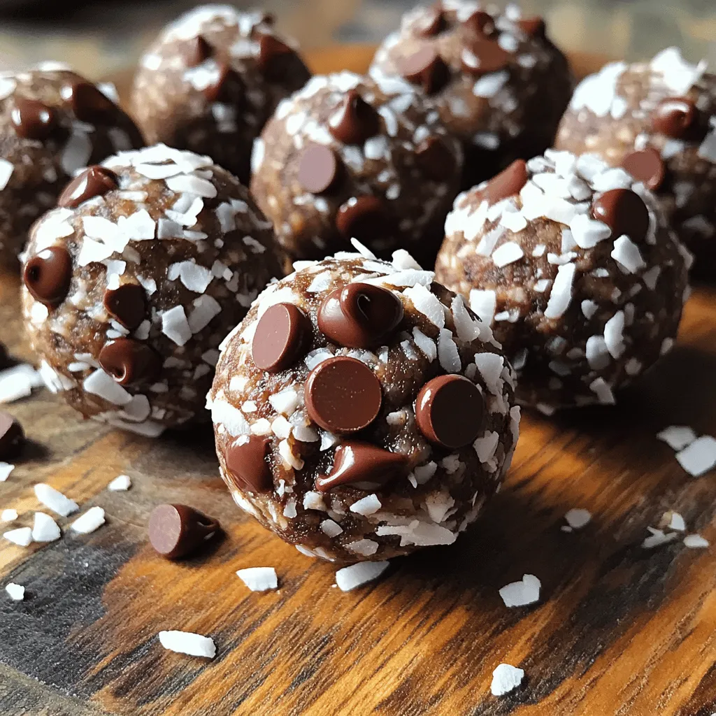 To make tasty Chocolate Coconut Protein Balls, you need the following: - 1 cup rolled oats - 1/2 cup unsweetened cocoa powder - 1/2 cup protein powder (choose chocolate or vanilla) - 1/2 cup almond butter or peanut butter - 1/4 cup honey or pure maple syrup - 1/3 cup shredded unsweetened coconut - 1/4 cup dark chocolate chips - 1/4 teaspoon sea salt - 1 teaspoon pure vanilla extract You can swap ingredients for other options. If you want nut-free, use sunflower seed butter. You can also use agave syrup instead of honey. For a vegan option, choose plant-based protein powder and maple syrup. If you don’t like dark chocolate, milk chocolate chips work fine. These protein balls have many health benefits: - Rolled oats provide fiber and help with digestion. - Cocoa powder is rich in antioxidants and may boost mood. - Protein powder adds protein, which helps build muscles. - Nut butter offers healthy fats and keeps you full. - Honey or maple syrup gives natural sweetness and energy. - Coconut provides healthy fats and adds flavor. - Dark chocolate has antioxidants and can satisfy sweet cravings. - Sea salt enhances flavor and balances sweetness. - Vanilla extract adds a warm, sweet note to each bite. With these ingredients, you create a snack that is not only delicious but also good for your body. Enjoy these protein balls as a quick snack or a post-workout treat! Start by gathering your dry ingredients. In a large bowl, mix together: - 1 cup rolled oats - 1/2 cup unsweetened cocoa powder - 1/2 cup protein powder - 1/4 teaspoon sea salt Use a whisk or spoon to blend these until they are well combined. This step is crucial because it helps the flavors mix evenly. You want a consistent texture without lumps. Now, let's prepare the wet ingredients. In a medium bowl, combine: - 1/2 cup almond butter or peanut butter - 1/4 cup honey or pure maple syrup - 1 teaspoon pure vanilla extract Stir these together with a whisk or spatula until the mixture is smooth. This will add sweetness and creaminess to the protein balls. Once both mixtures are ready, pour the wet ingredients into the bowl of dry ingredients. Use a sturdy spoon or spatula to mix them together. Expect a thick batter; this means you're on the right track. Next, gently fold in: - 1/3 cup shredded unsweetened coconut - 1/4 cup dark chocolate chips Make sure these extras are evenly spread throughout the mix, but be careful not to overmix. With clean hands, scoop out tablespoon-sized portions of the mixture. Roll them into small balls, about 1 inch in size. Place each ball on a parchment-lined baking sheet, leaving some space between each one. After shaping all the protein balls, refrigerate them for about 30 minutes. This helps them firm up and makes them easier to eat. You can enjoy them right away or store them in an airtight container in the fridge for up to a week. Start by mixing the dry ingredients well. Use a large bowl to combine the oats, cocoa powder, protein powder, and sea salt. A whisk works great to break up clumps. This step ensures every bite is tasty. Next, mix the wet ingredients in a separate bowl. Stir the nut butter, honey, and vanilla extract until smooth. This keeps your protein balls creamy and rich in flavor. To prevent stickiness, measure your ingredients carefully. Use creamy nut butter; it mixes better. If your mix feels too wet, add more oats or protein powder. Mixing in a bit of coconut helps too. When rolling the balls, wet your hands slightly. This helps keep the mixture from sticking to your fingers. You can serve these protein balls in many fun ways. Place them on a nice platter and sprinkle extra coconut on top. This makes them look fancy. You can also pack them in small bags for snacks on the go. Pair them with fresh fruit or a smoothie for a balanced treat. Enjoy them right away or store them for later! {{image_4}} You can change the flavor of your Chocolate Coconut Protein Balls by adding spices or extracts. For a warm and cozy taste, try a pinch of cinnamon or a dash of nutmeg. You can also add a few drops of almond extract for a nutty twist. If you want a tropical vibe, mix in some pineapple extract. These small changes can make a big impact on taste. You have options when it comes to nut butter. If you want a different flavor, swap almond butter for cashew or sunflower seed butter. Each nut butter will bring its own unique taste. You can also use different sweeteners. Instead of honey, try agave syrup or date syrup for a vegan choice. These swaps keep the protein balls tasty and fun. You can easily adapt these protein balls to fit your diet. For a vegan version, simply use plant-based protein powder and maple syrup. To make them gluten-free, ensure your oats are certified gluten-free. With these simple swaps, everyone can enjoy these delicious snacks without worry. To keep your chocolate coconut protein balls fresh, store them in an airtight container. Place a piece of parchment paper between layers to avoid sticking. This method helps maintain their texture and flavor. These protein balls last up to one week in the fridge. After making them, cool them fully. Then, transfer them to your container. For best results, eat them within the week. If they look or smell off, discard them. You can freeze these protein balls for up to three months. First, lay them on a baking sheet and freeze until solid. Once frozen, transfer them to a freezer bag or container. This way, you can enjoy a quick snack anytime! When ready to eat, let them thaw in the fridge or at room temperature. A chocolate coconut protein ball has about 100 calories. This makes them a great snack choice. Each ball packs in protein, fiber, and healthy fats. You can enjoy them without worrying too much about calories. Yes, you can use any protein powder you like. Chocolate or vanilla works best for flavor. If you prefer plant-based options, choose pea or hemp protein. The key is to find a powder that suits your taste and needs. You can enjoy protein balls in many ways. Eat them as a quick snack. Pair them with fruit for a balanced treat. They also work well as a post-workout boost. Feel free to get creative with how you eat them! Yes, protein balls are healthy snacks! They have wholesome ingredients like oats, nut butter, and honey. These provide energy, protein, and healthy fats. Plus, they are easy to make and customize. Enjoy them knowing you are fueling your body right. In this post, we covered everything about chocolate coconut protein balls. We explored essential ingredients, tasty substitutes, and their health benefits. The step-by-step guide showed you how to mix and shape the balls perfectly. You learned tips to avoid sticky messes and ways to store them well. Lastly, we discussed fun flavor variations and dietary swaps to fit your needs. These protein balls are both fun and healthy. Enjoy making them and share them with friends!