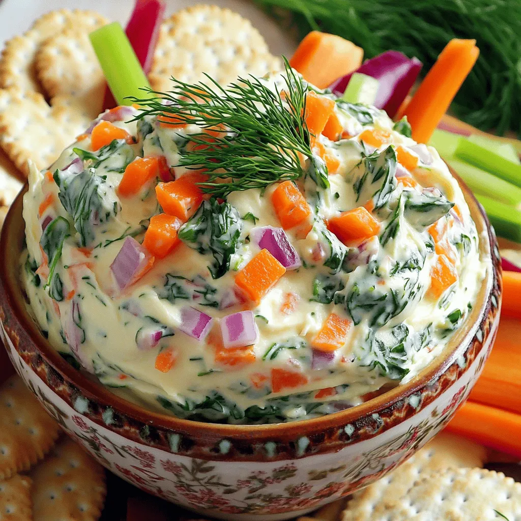 The Garden Veggie Cream Cheese Spread is a simple and tasty dish. It takes just 10 minutes to prep and 30 minutes to chill. You can serve it as a dip or spread. This recipe makes about 8 servings. The fresh veggies add color and crunch. This spread is perfect for parties or snacks. - 8 oz cream cheese, softened to room temperature - 1 cup fresh spinach, finely chopped - 1 medium carrot, grated - 1/2 red bell pepper, finely diced - 1/4 cup red onion, finely chopped - 2 tablespoons fresh dill, finely chopped - 1 tablespoon fresh lemon juice - Salt and freshly ground black pepper to taste Each serving has about 100 calories. This spread is low in carbs and high in flavor. It offers fiber from veggies and protein from cream cheese. You also get vitamins from the fresh ingredients. Enjoy this tasty spread while keeping your meals healthy! Start by gathering all your ingredients. You need 8 ounces of softened cream cheese, a cup of fresh spinach, one grated carrot, half a red bell pepper, a quarter cup of red onion, two tablespoons of fresh dill, and one tablespoon of lemon juice. 1. In a mixing bowl, combine the cream cheese and lemon juice. Blend until smooth. 2. Add the finely chopped spinach, grated carrot, diced red bell pepper, red onion, and dill. 3. Season with salt and black pepper to taste. Mix until all ingredients blend well. Use a hand mixer for a quick blend. If you prefer, a spatula works too. Make sure the cream cheese is softened. This helps it blend smoothly. If you find lumps, keep mixing. The goal is a creamy texture. Cover your bowl with plastic wrap. Chill the spread in the fridge for at least 30 minutes. This allows the flavors to mix well. When ready to serve, transfer it to a nice bowl. Garnish with extra dill. Serve with crackers, pita chips, or fresh veggies. Enjoy your vibrant and tasty spread! To make the best garden veggie cream cheese spread, start with softened cream cheese. This helps mix it easily. Use a hand mixer or a spatula to get a smooth texture. You want no lumps. Chop your veggies finely. This ensures even distribution in the spread. If you have large pieces, they can dominate the flavor. Mix in the lemon juice early. It brightens the taste and keeps the cream cheese creamy. Want to add a twist? You can mix in garlic powder for a kick. Fresh herbs like basil or parsley also work well. If you like a spicy flavor, add some crushed red pepper flakes. Taste as you go. This lets you find the right balance for your palate. If your spread feels too thick, add a bit more lemon juice. It helps thin it out while keeping it fresh. For a sweeter note, mix in some finely chopped bell pepper. It adds color and flavor. To keep your cream cheese spread fresh, store it in an airtight container. This helps it last longer. Always chill it in the fridge right after making it. You can enjoy it for up to five days. When serving leftovers, check for freshness first. Make sure it still smells and tastes great. If any liquid forms on top, stir it back in. This keeps the spread creamy and tasty. {{image_4}} You can switch up the veggies in your cream cheese spread. Try adding: - 1/2 cup diced cucumber for crunch. - 1/2 cup grated zucchini for moisture. - 1/4 cup chopped cherry tomatoes for a burst of flavor. - 1/4 cup minced green onions for a mild onion taste. These additions keep the spread fresh and exciting. Each veggie brings a unique taste and texture. Want to spice things up? Try these flavor twists: - Spicy: Add a pinch of cayenne pepper or some diced jalapeños. - Herb-Infused: Mix in fresh basil or parsley for a garden taste. - Smoky: Add smoked paprika for a deep, rich flavor. Experiment with these ideas. You can create a spread that suits your taste. This spread is great on various foods. Here are some ideas: - Use it on bagels for a tasty breakfast. - Spread it in sandwiches for added flavor. - Serve it with crackers for a fun snack. - Pair it with fresh veggies for a healthy appetizer. These serving ideas are simple yet delicious. Enjoy the versatility of garden veggie cream cheese spread! Garden Veggie Cream Cheese Spread is a creamy blend of cream cheese and fresh veggies. I use spinach, carrots, bell peppers, and onions for a colorful mix. Fresh dill and lemon juice add a bright flavor. This spread is great on crackers, bread, or as a dip. This spread lasts about one week in the fridge. Store it in an airtight container to keep it fresh. If you notice any changes in smell or texture, it’s best to toss it out. Yes, you can easily customize this spread. Add your favorite veggies like cucumbers or zucchini. You could also try herbs like basil or parsley for a new flavor. Adjust the seasoning too, adding more salt or pepper to taste. I often hear from people who love this spread. They say it tastes fresh and bright. Many enjoy how easy it is to make. The mix of veggies and cream cheese works well together. Some users even add their own twist by using different veggies. This spread gets high marks for flavor and texture. When it comes to store-bought options, a few brands stand out. Philadelphia and Kite Hill offer tasty versions. Philadelphia has a classic cream cheese taste. Kite Hill is a great choice for those who want a dairy-free option. Each brand brings its own style to the table, so you can find one that fits your taste. You can find garden veggie cream cheese spread in many places. Local grocery stores often stock it in the dairy aisle. You might also check health food stores for unique brands. Online retailers like Amazon can deliver it right to your door. Look for sales and discounts to save money on your next purchase. We explored the world of Garden Veggie Cream Cheese Spread. You learned key ingredients, recipe steps, and nutritional info. Plus, I shared tips for blending and serving options. Final thoughts: This spread is fun to make and customize. Whether for breakfast or snacks, it enhances meals. Enjoy experimenting with different flavors and ingredients. With these tips, your cream cheese spread will be a hit!