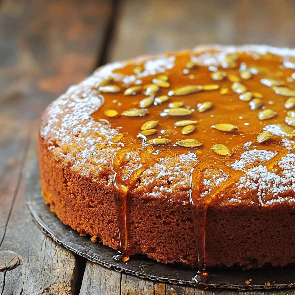 The ingredients for Brown Butter Maple Pumpkin Spice Cake come together to create warmth and comfort. Here’s what you need: - 1 cup unsalted butter - 1 cup pumpkin puree (canned or fresh) - 1 cup packed brown sugar - ½ cup granulated sugar - 3 large eggs - 1 teaspoon vanilla extract - 2 cups all-purpose flour - 1 teaspoon baking powder - 1 teaspoon baking soda - 1 teaspoon ground cinnamon - ½ teaspoon ground nutmeg - ½ teaspoon ground ginger - ¼ teaspoon allspice - ½ teaspoon salt - ½ cup pure maple syrup (for drizzling) - Optional: powdered sugar for dusting For substitutions, you can use coconut oil instead of butter for a dairy-free option. If you want to cut sugar, try using less brown sugar or a sugar substitute. You can also use almond flour or whole wheat flour to add some nutrition. Just remember, this may change the cake's texture. To start, preheat your oven to 350°F (175°C). Take a 9x13-inch baking pan. Grease it well with unsalted butter or non-stick spray. This step helps the cake come out easily. For an extra trick, line the bottom and sides with parchment paper. This makes cleanup easy and ensures no cake sticks. Next, we’ll brown the butter. In a medium saucepan, melt the unsalted butter over medium heat. Keep stirring and swirling the pan. After about 5-7 minutes, the butter will turn golden brown. You’ll know it’s ready when it smells nutty and delicious. Remove it from heat and let it cool for about 5 minutes. Now, let’s mix our wet ingredients. In a large bowl, combine the warm browned butter with pumpkin puree, brown sugar, granulated sugar, eggs, and vanilla extract. Use a whisk to mix everything until smooth. In a separate bowl, whisk together the flour, baking powder, baking soda, cinnamon, nutmeg, ginger, allspice, and salt. Make sure there are no clumps in your dry mixture. When adding the dry ingredients to the wet ones, do it slowly. Gently stir with a spatula or wooden spoon until just mixed. Be careful not to overmix. Overmixing can make the cake dense, and we want it light and fluffy. It’s time to bake! Pour the batter into your prepared pan and smooth the top with a spatula. Place the pan in the oven and bake for 30-35 minutes. The cake is done when a toothpick inserted in the center comes out clean or with a few crumbs. After baking, let the cake cool in the pan for about 10 minutes. Then, transfer it to a wire rack to cool completely. Cooling is key because it helps the cake set. Once cooled, drizzle pure maple syrup on top for extra flavor. If you like, dust it lightly with powdered sugar for a sweet finish. To get a great cake, start with room temperature eggs and butter. Cold eggs can make it hard to mix. Room temperature butter blends well with sugar for a light texture. For flour, always use a spoon to scoop. This prevents it from packing down. After scooping, level it off with a knife. Too much flour can make the cake dense. You can boost the flavor with extra spices. Try adding a pinch of cloves or cardamom. These spices add warmth and depth to your cake. Pair your cake with maple syrup for a sweet touch. It balances the spices well. You can also serve it with whipped cream or ice cream. Both make a delightful treat! {{image_4}} You can make this cake a bit healthier. Start by using whole wheat flour instead of all-purpose flour. Whole wheat flour adds fiber and nutrients. It gives the cake a hearty texture and a nutty flavor. You might need to adjust the liquid slightly since whole wheat absorbs more moisture. Reducing sugar content is another great option. You can cut the brown sugar and granulated sugar by a third. This change keeps the cake tasty while lowering the sweetness. You can also use natural sweeteners like honey or maple syrup instead. This way, you keep that lovely maple flavor. Want to mix it up? Add nuts or chocolate chips to the batter! Chopped walnuts or pecans give a nice crunch. Chocolate chips offer a rich contrast to the spices. Just fold them in gently after mixing the batter. You can also try different frostings or glaze options. A cream cheese frosting pairs well with the pumpkin spice flavor. For a lighter touch, drizzle a simple glaze made from powdered sugar and milk. You could even use a spiced glaze with cinnamon for extra warmth. The choices are endless, so feel free to get creative! To keep your Brown Butter Maple Pumpkin Spice Cake fresh, let it cool completely. Once cooled, wrap the cake tightly in plastic wrap. Store it in an airtight container at room temperature. This will keep it moist and tasty for up to four days. If you have leftovers, be sure to check for any signs of spoilage before serving. If you want to store the cake longer, freezing is a great option. First, let the cake cool completely. Then, slice the cake into individual pieces. Wrap each slice in plastic wrap and place them in a freezer-safe bag. This helps prevent freezer burn. You can freeze the cake for up to three months. When you’re ready to enjoy it, simply take a slice out of the freezer. Let it thaw in the fridge overnight or at room temperature for a few hours. You can also warm it in the microwave for a few seconds. Enjoy your delicious cake any time! Yes, you can use fresh pumpkin. Fresh pumpkin has a different texture than canned. It can be a bit more watery. Make sure to cook and drain fresh pumpkin to reduce moisture. This will help keep your cake light and fluffy. To check if the cake is done, use a toothpick. Insert it into the center of the cake. If it comes out clean or with a few crumbs, it’s ready. Keep an eye on the time, but trust the toothpick test for the best results. If you don't have maple syrup, try honey or agave nectar. Both add sweetness but change the flavor a bit. You can also use brown sugar mixed with water. This will mimic the syrup's texture but not its taste. This blog post covered key steps to baking a great cake, from ingredients to storage. We discussed how to brown butter, mix ingredients well, and cool your cake properly. You learned smart tips for texture, flavor, and health variations, as well as storage methods. Baking cake is fun and rewarding. You can make it your own with simple changes. Enjoy your baking journey and don’t be afraid to experiment!