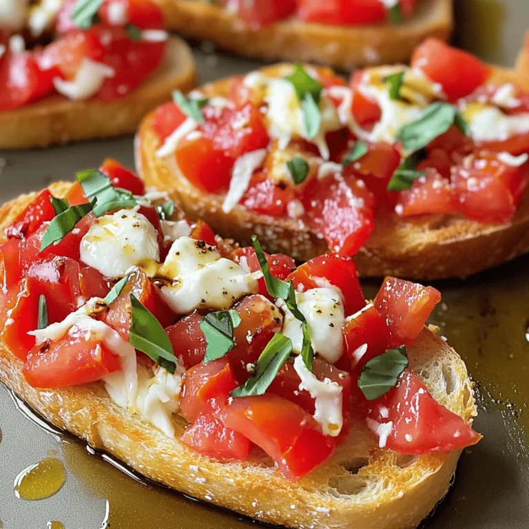 - 6 ripe Roma tomatoes, diced into small cubes - 1 cup fresh basil leaves, finely chopped - 2 cloves garlic, minced finely I love using Roma tomatoes for their firm texture. They hold up well when diced. Fresh basil adds a bright flavor. I always chop it finely to release its oils. Garlic gives the bruschetta a nice kick. The more finely you chop it, the better. - 2 tablespoons balsamic vinegar - 3 tablespoons extra virgin olive oil - Salt and freshly ground black pepper, to taste - 1 French baguette, sliced into 1/2 inch thick pieces Balsamic vinegar adds sweetness and tang. Extra virgin olive oil enriches the mix with flavor. I recommend using good quality oil for the best taste. Salt and pepper help balance the dish. The French baguette is perfect for toasting. Its crispy crust complements the soft topping. - 1/4 cup shredded mozzarella cheese for a delightful garnish Mozzarella is not a must, but it brings creaminess. If you want to indulge, sprinkle it on top. It melts slightly over the hot bruschetta, making it extra tasty. You can also skip it for a lighter option. Start by dicing six ripe Roma tomatoes into small cubes. Use a sharp knife for clean cuts. Next, finely chop one cup of fresh basil leaves. The smell will fill your kitchen with joy! Mince two cloves of garlic and add them to the bowl. Mix all these ingredients gently. Drizzle two tablespoons of balsamic vinegar and three tablespoons of extra virgin olive oil over the mix. Sprinkle salt and freshly ground black pepper to taste. Toss the mixture well and let it rest for about 15 minutes. This time helps the flavors blend nicely. While the tomato and basil mix rests, preheat your oven to 375°F (190°C). Grab one French baguette and slice it into pieces about half an inch thick. Place the baguette slices on a baking sheet in a single layer. Brush one side of each slice with olive oil. This step gives the bread a lovely crunch. Toast the baguette in the oven for 5 to 7 minutes. Keep an eye on them until they turn golden brown. Once they are crispy, take them out and let them cool for a minute. Now comes the fun part! Spoon the tomato and basil mixture generously onto the toasted side of each baguette slice. Make sure each piece gets a good amount. If you like, sprinkle shredded mozzarella cheese on top for extra flavor. Serve the bruschetta right away. You can add extra basil leaves or a drizzle of balsamic vinegar to make it look fancy. Enjoy this easy and fresh appetizer with friends or family! For the best bruschetta, I always pick ripe Roma tomatoes. They have a sweet taste and fewer seeds. This means you get more juicy flesh. Look for bright red tomatoes that feel firm but not hard. If they smell sweet, they are ripe and ready to use. Trust me, using fresh, good-quality tomatoes makes a big difference. Toasted baguette is key for great bruschetta. I slice the baguette into 1/2 inch thick pieces. Then, I brush one side with extra virgin olive oil. This adds flavor and helps it crisp up. Toast in the oven at 375°F for 5-7 minutes. You want them golden brown and crunchy. Watch them closely so they don’t burn. Want to take your bruschetta to the next level? Add a splash of balsamic vinegar for tang. A sprinkle of salt and black pepper brings out all the flavors. If you love cheese, try adding shredded mozzarella on top. It melts nicely and adds creaminess. For extra flavor, top with a few fresh basil leaves before serving. {{image_4}} You can add cheese to your bruschetta for extra flavor. Mozzarella is a great choice. It melts nicely and adds creaminess. Just sprinkle shredded mozzarella on top after you add the tomato mix. You can also try goat cheese or feta for a tangy twist. Each cheese brings a unique taste that pairs well with fresh tomatoes and basil. Want to change things up? Consider adding pesto or avocado. Pesto gives a rich, herby flavor. Just spread a thin layer on the bread before adding the tomato mix. For a creamy touch, mash ripe avocado and spread it on the toast. Both options make your bruschetta even more delicious and fun. You can adapt bruschetta to fit each season. In summer, add diced peaches or watermelon for a sweet touch. In fall, try roasted butternut squash or pumpkin. These seasonal ingredients keep the dish fresh and exciting. They also add color and new tastes, making your appetizer stand out. To store leftover bruschetta, place it in an airtight container. Keep it in the fridge. It will last for about two days. The bread may get soggy, so store the topping separate if you can. This way, you keep the crunch of the bread. When you want to enjoy the bruschetta again, reheat the bread in the oven. Set the oven to 375°F (190°C). Place the bread on a baking sheet for about 5 minutes. This will bring back its crispy texture. Avoid microwaving it, as it will make the bread soft and chewy. You can freeze the bruschetta topping if you have extra. Place it in a freezer-safe bag. Squeeze out the air and seal it tightly. It can stay in the freezer for up to three months. When you're ready, thaw it in the fridge overnight. Then, toast your bread fresh and add the topping. Enjoy the taste of summer anytime! You can prepare the tomato and basil mixture a few hours in advance. Mix the diced tomatoes, basil, and garlic. Add balsamic vinegar and olive oil, then season with salt and pepper. Let it rest for about 15 minutes as it melds flavors. Store this in the fridge until you are ready to serve. Toast the baguette slices just before serving. This keeps them crispy. The best bread for bruschetta is a French baguette. It has a nice crust and soft inside. Slice it into half-inch thick pieces. You can also use ciabatta or other crusty bread. The goal is to have a sturdy slice that holds toppings well. To keep bruschetta from getting soggy, toast the bread until it is golden brown and crispy. Use a heavy layer of tomato topping to avoid direct moisture touching the bread. If you are preparing in advance, store the topping and bread separately. Assemble them just before serving to keep everything fresh. In this blog post, we explored fresh ingredients for bruschetta and pantry staples. I shared easy steps to prepare the tomato and basil mixture, toast the baguette, and assemble your dish. We covered tips for selecting the best tomatoes and enhancing flavors. You learned various ways to customize your bruschetta and how to store leftovers properly. Bruschetta is fun to make and enjoy. Try different toppings to find your favorite!