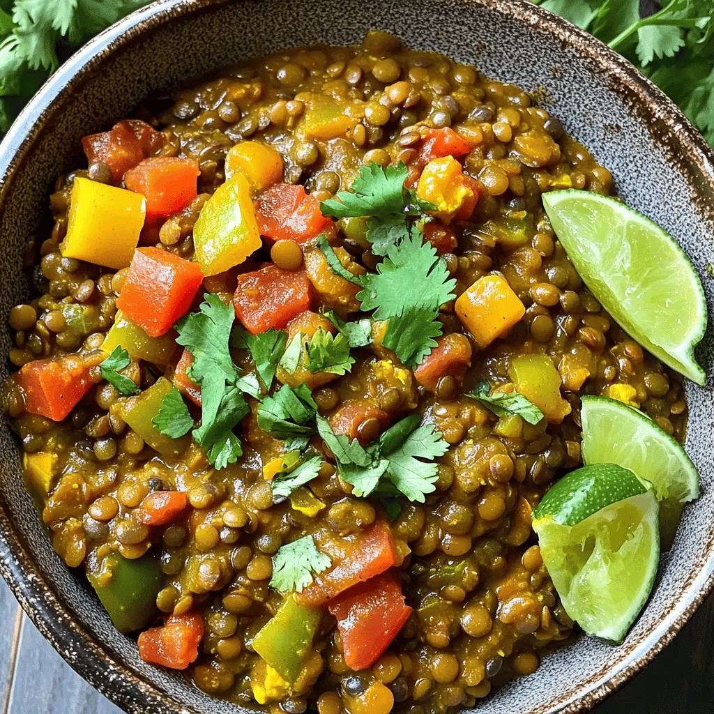 - 1 cup dried green or brown lentils, thoroughly rinsed - 1 can (14 oz) full-fat coconut milk - 1 cup vegetable broth (homemade or store-bought) - 1 medium onion, finely chopped - 2 cloves garlic, minced - 1 tablespoon fresh ginger, grated - 1 tablespoon curry powder (preferably a blend you enjoy) - 1 teaspoon ground turmeric - 1 teaspoon ground cumin - 1 tablespoon soy sauce or tamari for a gluten-free option - 1 bell pepper (any color), chopped into bite-sized pieces - 1 cup diced tomatoes (canned or fresh) - 2 cups fresh spinach leaves (optional, for added nutrition) - Salt and black pepper, to taste - Fresh cilantro leaves, for garnish - Lime wedges, for serving This dish is packed with nutrients. Lentils are high in protein and fiber. They help keep you full and support digestion. Coconut milk adds healthy fats. These fats can improve heart health and aid in nutrient absorption. Onions and garlic boost immunity and flavor. They provide antioxidants that fight inflammation. Ginger adds a zing and can help with digestion. Bell peppers provide vitamins A and C. They keep your skin healthy and support your immune system. Spinach is rich in iron and vitamins. It can improve energy levels and overall health. When choosing lentils, look for dried green or brown lentils. They hold their shape well in cooking. Make sure they are whole and free from any debris or broken pieces. Check the expiration date to ensure freshness. If you can, choose organic lentils. They are often free from pesticides and chemicals. Rinse the lentils well before cooking. This step removes any dust or impurities. Start by rinsing 1 cup of dried lentils in water. This step removes any dust or debris. Next, grab your slow cooker and add the rinsed lentils. Pour in 1 can of full-fat coconut milk and 1 cup of vegetable broth. This mix creates a creamy base. Chop 1 medium onion and mince 2 cloves of garlic. Grate 1 tablespoon of fresh ginger. Add these to your slow cooker. Sprinkle in 1 tablespoon of your favorite curry powder, 1 teaspoon of ground turmeric, and 1 teaspoon of ground cumin. These spices give the curry its flavor. Also, mix in 1 tablespoon of soy sauce or tamari for saltiness. Stir everything together well. Now it's time to add more veggies. Chop 1 bell pepper into bite-sized pieces and add it to the pot. If you have fresh or canned tomatoes, use 1 cup of diced tomatoes. Fold these into the lentil mix. Now, season your dish with salt and black pepper to taste. Cover the slow cooker with its lid. You can choose to cook on low for 6-8 hours or high for 3-4 hours. The lentils should be soft when cooking is done. If you want to add extra nutrition, toss in 2 cups of fresh spinach 15 minutes before the cooking ends. Stir gently to keep the spinach bright green. Once your cooking time is over, taste the curry and adjust the seasoning if needed. Serve the warm lentil curry in bowls. For a nice touch, garnish with fresh cilantro leaves. Add lime wedges on the side for a zesty kick. Ladle the curry into deep bowls. A sprinkle of cilantro adds color. A squeeze of lime adds brightness. Pair it with fluffy rice or warm naan to complete your meal. Enjoy the rich flavors and comforting texture! To make your coconut curry lentils shine, focus on the spices. Use fresh ginger and garlic. They add a nice kick. Try using a blend of curry powder that you love. This adds depth to the dish. You can also toast the spices in a pan before adding them to the slow cooker. This step brings out their full flavor. Adding a splash of lime juice just before serving brightens the dish. Fresh cilantro on top gives a lovely aroma and color. If you want more texture, add cooked vegetables like carrots or zucchini. They blend well and add nutrients. One common mistake is not rinsing the lentils. Rinsing removes dirt and debris. It also helps the lentils cook evenly. Another mistake is overcooking the lentils. They should be soft but not mushy. Check them at the end of the cooking time. Lastly, don’t skip the salt. It enhances all the flavors. Avoid adding too much liquid. The coconut milk and broth should be enough. If you add too much, the curry will be watery. Also, be careful with the heat setting. Cooking on high for too long can cause the lentils to break down. Start by layering the ingredients properly. Put the lentils at the bottom, then the liquids, and finally the spices and vegetables on top. This helps them cook evenly. Stir the mixture once to combine it well before cooking. Set your slow cooker to low for the best texture. This method allows the flavors to meld together. If you're short on time, high heat works too but keep an eye on it. Always taste your dish before serving. Adjust the seasoning if needed. Finally, let the curry sit for a few minutes after cooking. This allows the flavors to settle and improves the taste. Enjoy your slow cooker coconut curry lentils with rice or naan for a complete meal! {{image_4}} You can boost your slow cooker coconut curry lentils with protein. Add cooked chicken, shrimp, or tofu. If you use chicken, cut it into small pieces. For shrimp, add them in the last 10 minutes of cooking. If you prefer tofu, press it to remove extra water before adding it. These proteins make the dish heartier and add more flavor. This recipe is already vegetarian and can easily be vegan. To keep it vegan, ensure you use plant-based broth and tamari instead of soy sauce. You can add more vegetables, like carrots or sweet potatoes, for extra nutrition. This way, you keep the meal healthy and filling. You can swap ingredients for new flavors. Try coconut cream for a richer taste. Use different curry powders, like red or yellow, for a unique twist. You can also add fresh herbs, like basil or mint, for extra freshness. If you like heat, toss in some chili flakes or fresh jalapeños. Each swap enhances the dish and makes it your own. To keep your slow cooker coconut curry lentils fresh, let them cool first. Once cool, transfer the lentils into an airtight container. This helps keep moisture in and prevents any odors from affecting your food. Store them in the fridge for up to four days. If you see any signs of spoilage, like a strange smell or mold, throw them away. When you want to enjoy your leftover lentils, reheat them gently. You can use the microwave or a pot on the stove. For the microwave, place the lentils in a bowl and cover it with a lid or a damp paper towel. Heat in 30-second bursts, stirring in between, until they are warm. On the stove, add a splash of vegetable broth or water to keep them moist. Heat over medium-low heat, stirring occasionally until warm. If you want to store your lentils longer, freezing is a great option. First, let the lentils cool completely. Then, portion them into freezer-safe bags or containers. Make sure to remove as much air as possible to prevent freezer burn. They can last up to three months in the freezer. When you are ready to eat, let them thaw in the fridge overnight. Reheat as mentioned above for a tasty meal anytime! You can keep coconut curry lentils in the fridge for up to 5 days. Store them in an airtight container to keep them fresh. Make sure the lentils cool down before sealing the container. This helps maintain the best flavor and texture. If you notice any off smells or the lentils seem slimy, it's best to toss them. Yes, you can make this dish in a regular pot. Start by sautéing the onion, garlic, and ginger in a little oil for about 5 minutes. Then, add the rinsed lentils, coconut milk, and vegetable broth. Bring it to a boil, then lower the heat and let it simmer for about 30-40 minutes. Stir occasionally and check the lentils for doneness. You want them soft but not mushy. Coconut curry lentils taste great with several side dishes. Here are some ideas: - Fluffy rice, white or brown - Warm naan or flatbread - Steamed broccoli or green beans - A fresh salad with a citrus dressing - Roasted veggies, like carrots or bell peppers These sides balance the rich flavors of the curry and add more nutrition to your meal. Enjoy experimenting! This blog post covered everything you need to know about coconut curry lentils. We explored the key ingredients and their health benefits, along with tips for selecting the best lentils. I guided you step-by-step on preparing and cooking in a slow cooker. Plus, I shared tricks to boost flavor and avoid common mistakes. You can also try different variations and learn how to store leftovers safely. Coconut curry lentils are a tasty and healthy dish. Now, you're ready to enjoy this meal with confidence.