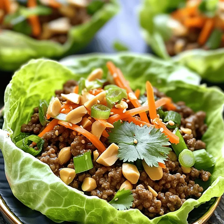 - 1 pound ground beef (or ground turkey) - 2 tablespoons low-sodium soy sauce - 1 tablespoon sesame oil - 1 tablespoon brown sugar - 2 cloves garlic, minced - 1 teaspoon fresh ginger, grated - 1 tablespoon rice vinegar - 1 medium carrot, shredded - 1/2 cup green onions, sliced thinly - 1/4 cup fresh cilantro, chopped (for garnish) - 1 head of butter or romaine lettuce, leaves carefully separated - Optional: chopped peanuts, for an extra crunch In this recipe, the base is the ground beef or turkey. It offers a hearty texture. The soy sauce provides a salty depth. Sesame oil adds a nutty flavor, while brown sugar brings sweetness. Garlic and ginger enhance the aroma and taste. Fresh veggies shine in this dish. Shredded carrots add crunch. Green onions bring a mild bite, and cilantro adds brightness. Use lettuce leaves as wraps. They hold the beef mixture well and add freshness. Optional peanuts add a delightful crunch. They also enhance the flavor profile. This mix of ingredients creates a balance of savory, sweet, and crunchy. Each bite is a burst of flavor. First, we heat 1 tablespoon of sesame oil in a large skillet over medium-high heat. This oil gives a nice nutty flavor. When the oil is hot, add 2 minced cloves of garlic and 1 teaspoon of grated ginger. Sauté this mix for about 1 minute until it smells great. Keep stirring, so nothing burns. Next, it’s time to cook the meat. Add 1 pound of ground beef to the skillet. Use a spatula to break it apart. Cook the beef for 5-7 minutes. Stir it occasionally. You want it to be browned and fully cooked. In a small bowl, whisk together 2 tablespoons of low-sodium soy sauce, 1 tablespoon of brown sugar, and 1 tablespoon of rice vinegar. This mix adds a sweet and tangy taste. Make sure the sugar dissolves well. Pour this sauce over the cooked beef in the skillet. Stir it well to coat the meat. Lower the heat and let it simmer for 2-3 minutes. This helps the flavors blend nicely. Now, we’ll add some fresh veggies. Gently fold in 1 medium shredded carrot and ½ cup of sliced green onions. Let them cook for another minute until the carrots start to soften. When everything is ready, take a lettuce leaf from a head of butter or romaine lettuce. Place a generous spoonful of the beef mix in the center. Top it with chopped cilantro and optional chopped peanuts for crunch. Fold the lettuce like a taco and enjoy your tasty Korean beef wraps! To make your cooking fast, use a food processor. It chops veggies in seconds! You can also prep ingredients ahead of time. Chop the carrots and green onions the night before. Store them in the fridge. This way, you save time when you're ready to cook. To boost flavor, try adding spices like red pepper flakes. Fresh herbs, such as mint or basil, also work well. For your lettuce wraps, choose butter or romaine lettuce. These types hold the filling well and add a nice crunch. If you want a twist, try adding chopped peanuts. They add a great crunch and a nutty flavor. {{image_4}} You can change the beef in this recipe easily. Ground turkey works well. It is leaner and still tasty. You can also try plant-based options. Crumbled tofu or lentils can give a nice flavor. This way, you cater to different diets. Each protein option brings its own twist to the dish. Want to spice things up? Try different sauces! You can add a spicy sauce for a kick. Sriracha or gochujang adds heat and flavor. Teriyaki sauce gives a sweet note. Mix and match to find your favorite. The sauce can change the whole meal. Don't be afraid to get creative! Adding other veggies can make your wraps special. Try using bell peppers for crunch. Cucumber adds a refreshing taste. You can also include shredded cabbage for texture. Each new veggie brings fresh flavors. Explore what you like best! The wraps are a great base for your veggie ideas. To keep your beef mixture fresh, place it in an airtight container. Make sure it cools first. Store it in the fridge for up to three days. Avoid leaving it out at room temperature for more than two hours. If you want to save it longer, consider freezing it. Just remember to use a freezer-safe container. To reheat the beef, use a skillet over medium heat. Add a splash of water or broth to keep it moist. Stir often until it’s hot all the way through. You can also microwave it. Just cover it with a damp paper towel to keep it from drying out. Heat in short bursts, stirring in between. This will help keep the flavor and texture just right. To make these wraps gluten-free, start by replacing soy sauce with tamari. Tamari is a great choice as it's made without wheat. You can also use coconut aminos, which adds a mild sweetness. For the brown sugar, use a gluten-free brand if needed. Ensure all your other ingredients, like sesame oil and rice vinegar, are gluten-free as well. This way, you can enjoy the same great taste without the gluten. Yes, you can prepare these wraps ahead of time. Cook the beef mixture and let it cool. Store it in an airtight container in the fridge for up to three days. When ready to serve, just reheat the beef in a skillet. It will warm up nicely. Keep the lettuce leaves separate until serving. This keeps them crisp and fresh. Serve these wraps with light and tasty sides. Consider a simple cucumber salad with a splash of rice vinegar. Fresh fruit like mango or pineapple pairs well too. For crunch, add some veggie sticks, such as carrots or bell peppers. These sides help balance the flavors of the wraps and make a complete meal. We've explored the key ingredients and steps to create tasty Korean beef lettuce wraps. You learned how to prepare the beef, make a flavorful sauce, and assemble your wraps. I shared tips for quick prep and ideas for unique variations. Don't forget how to store your leftovers for later enjoyment. With these insights, you can make your wraps just right. Enjoy experimenting in your kitchen and savoring these delicious, healthy meals!