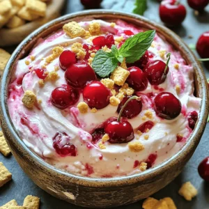 To make a delicious Cherry Cheesecake Dip, you need these main ingredients: - 1 package (8 oz) cream cheese, softened to room temperature - 1 cup powdered sugar, sifted - 1 teaspoon pure vanilla extract - 1 cup sour cream, full-fat for creaminess - 1/2 cup cherry pie filling, with real cherries if possible - 1/2 cup crushed graham crackers, plus extra for garnish These ingredients create a smooth and creamy dip. The cream cheese gives it a rich base. The powdered sugar adds sweetness. The vanilla extract brings warmth. Sour cream adds a nice tang. Cherry pie filling provides bursts of flavor and texture. You can elevate your dip with fun garnishes and dippers. Try these options: - Fresh cherries - Mint leaves for a pop of color - Additional crushed graham crackers for crunch For dippers, you can use: - Graham crackers - Pretzel sticks - Fresh fruits like apple slices or strawberries These extras make the dip even more appealing and tasty. They also add a fun way to enjoy the dip with friends and family. If you need to make changes, don’t worry! Here are some easy substitutions: - Use Greek yogurt instead of sour cream for a lighter option. - Swap the cherry pie filling for other fruit fillings like blueberry or strawberry. - If you need a dairy-free option, try vegan cream cheese. These substitutions keep the flavor while meeting your needs. Feel free to mix and match based on what you have at home! To start, grab a medium mixing bowl. Place your softened cream cheese inside. Use an electric mixer to beat it until smooth. You want it creamy with no lumps. Next, slowly add the sifted powdered sugar. Begin mixing on a low speed. When it is combined, increase to medium speed. Mix until fluffy and well-blended. Once the sugar is mixed in, pour in the vanilla extract and sour cream. Mix these ingredients until the dip is completely smooth. Take your time and make sure there are no lumps. A smooth texture is key for a great dip. Now, take a spatula and gently fold in the cherry pie filling. You want to keep some cherry pieces for texture. This adds a fun bite to each scoop. Spoon your creamy dip into a nice serving bowl. Let it take shape in the bowl. Now, sprinkle crushed graham crackers on top for crunch. Place the dip in the fridge for at least 30 minutes. This chill time helps the flavors blend. When ready to serve, arrange a variety of dippers around the bowl. Try graham crackers, pretzel sticks, or fresh fruit. Garnish with fresh cherries and mint leaves for a pop of color. To get the best texture, start with softened cream cheese. This makes it easy to mix. Use an electric mixer on low speed at first. Gradually add sifted powdered sugar, then mix on medium speed. This helps create a fluffy dip. Finally, add full-fat sour cream slowly. Mix until it's smooth and creamy. Remember, no lumps! Make your dip look great! Use a decorative bowl to hold it. After you spoon the dip in, sprinkle crushed graham crackers on top. This adds a nice crunch and looks tasty. Add fresh cherries and mint leaves for color. Arrange colorful dippers around the bowl. This makes it fun and inviting! You want dippers that match the flavor of your dip. Here are some great choices: - Graham crackers - Pretzel sticks - Fresh strawberries - Apple slices - Biscotti These dippers create a fun mix of sweet and salty. Enjoy exploring different combos! {{image_4}} You can change the flavor by using other pie fillings. Try blueberry, strawberry, or even peach. Just swap the cherry pie filling with your choice. Each fruit gives the dip a new taste and look. For example, blueberry adds a nice color and sweet touch. Strawberry brings a fresh, fruity vibe. You can also mix different fillings for a fun twist! Want to make a fun snack? Try mini cheesecake dip bites! Use small cups or shot glasses. Fill each one with the dip and top with a cherry. You can add crushed graham crackers on top for a crunchy bite. These mini treats are perfect for parties or gatherings. They are easy to grab and eat! If you love no-bake treats, this twist is for you. Instead of a dip, make a no-bake cheesecake. Just follow the same steps, but add more cream cheese and sour cream. Pour the mixture into a pie crust instead of a bowl. Chill it in the fridge until firm. You will get a creamy cheesecake that is simple and delicious! Store your leftover cherry cheesecake dip in an airtight container. This keeps it fresh and tasty. Make sure to cover the dip well with plastic wrap if you do not have a container. Avoid letting air in, as it can spoil the flavor. You can keep the dip in the fridge for up to three days. After that, the taste and texture may change. Always check for any signs of spoilage before enjoying it again. You don’t need to heat this dip. If it seems a bit thick, stir in a little sour cream. This will help bring back the creamy texture. If you want to serve it cold, just give it a quick mix before serving. Enjoy the freshness! Cherry Cheesecake Dip stays fresh in the fridge for about five days. Store it in an airtight container. This keeps it creamy and prevents it from drying out. If you notice any changes in texture or smell, it is best to discard it. Yes, you can make Cherry Cheesecake Dip a day ahead. Making it early allows the flavors to blend well. Just store it in the fridge in an airtight container. When you’re ready to serve, give it a quick stir to revive its texture. Cherry Cheesecake Dip does not freeze well. The cream cheese and sour cream can separate when thawed. If you want to save time, prepare the dip mix and freeze it without the cherry filling. Add the filling fresh when you’re ready to serve. In this blog post, we explored the tasty world of Cherry Cheesecake Dip. We covered key ingredients, mixing methods, and helpful tips for the best results. You learned about variations and how to store leftovers too. Cherry Cheesecake Dip is easy to make and fun to enjoy. Perfect for any gathering, it will impress your guests. Now, go ahead and whip up this dip. Enjoy the flavors and share with friends!