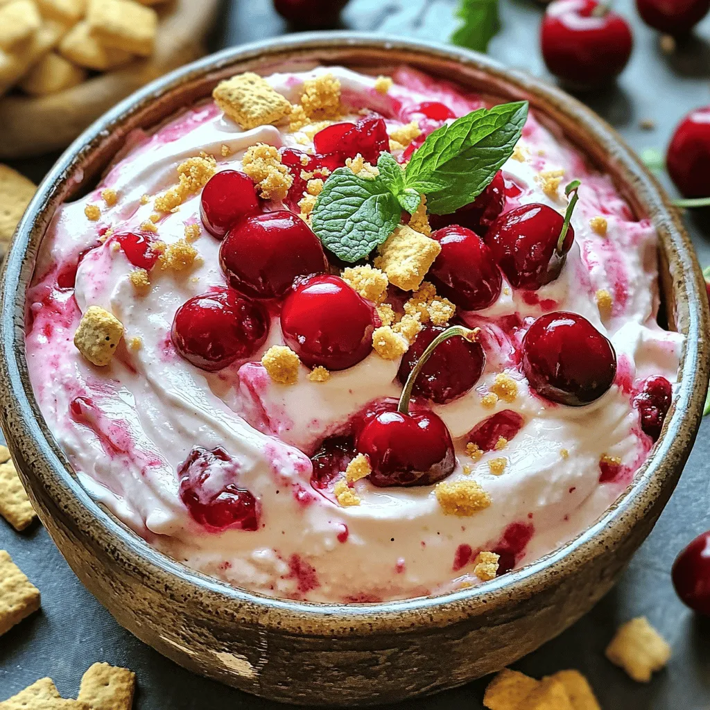 To make a delicious Cherry Cheesecake Dip, you need these main ingredients: - 1 package (8 oz) cream cheese, softened to room temperature - 1 cup powdered sugar, sifted - 1 teaspoon pure vanilla extract - 1 cup sour cream, full-fat for creaminess - 1/2 cup cherry pie filling, with real cherries if possible - 1/2 cup crushed graham crackers, plus extra for garnish These ingredients create a smooth and creamy dip. The cream cheese gives it a rich base. The powdered sugar adds sweetness. The vanilla extract brings warmth. Sour cream adds a nice tang. Cherry pie filling provides bursts of flavor and texture. You can elevate your dip with fun garnishes and dippers. Try these options: - Fresh cherries - Mint leaves for a pop of color - Additional crushed graham crackers for crunch For dippers, you can use: - Graham crackers - Pretzel sticks - Fresh fruits like apple slices or strawberries These extras make the dip even more appealing and tasty. They also add a fun way to enjoy the dip with friends and family. If you need to make changes, don’t worry! Here are some easy substitutions: - Use Greek yogurt instead of sour cream for a lighter option. - Swap the cherry pie filling for other fruit fillings like blueberry or strawberry. - If you need a dairy-free option, try vegan cream cheese. These substitutions keep the flavor while meeting your needs. Feel free to mix and match based on what you have at home! To start, grab a medium mixing bowl. Place your softened cream cheese inside. Use an electric mixer to beat it until smooth. You want it creamy with no lumps. Next, slowly add the sifted powdered sugar. Begin mixing on a low speed. When it is combined, increase to medium speed. Mix until fluffy and well-blended. Once the sugar is mixed in, pour in the vanilla extract and sour cream. Mix these ingredients until the dip is completely smooth. Take your time and make sure there are no lumps. A smooth texture is key for a great dip. Now, take a spatula and gently fold in the cherry pie filling. You want to keep some cherry pieces for texture. This adds a fun bite to each scoop. Spoon your creamy dip into a nice serving bowl. Let it take shape in the bowl. Now, sprinkle crushed graham crackers on top for crunch. Place the dip in the fridge for at least 30 minutes. This chill time helps the flavors blend. When ready to serve, arrange a variety of dippers around the bowl. Try graham crackers, pretzel sticks, or fresh fruit. Garnish with fresh cherries and mint leaves for a pop of color. To get the best texture, start with softened cream cheese. This makes it easy to mix. Use an electric mixer on low speed at first. Gradually add sifted powdered sugar, then mix on medium speed. This helps create a fluffy dip. Finally, add full-fat sour cream slowly. Mix until it's smooth and creamy. Remember, no lumps! Make your dip look great! Use a decorative bowl to hold it. After you spoon the dip in, sprinkle crushed graham crackers on top. This adds a nice crunch and looks tasty. Add fresh cherries and mint leaves for color. Arrange colorful dippers around the bowl. This makes it fun and inviting! You want dippers that match the flavor of your dip. Here are some great choices: - Graham crackers - Pretzel sticks - Fresh strawberries - Apple slices - Biscotti These dippers create a fun mix of sweet and salty. Enjoy exploring different combos! {{image_4}} You can change the flavor by using other pie fillings. Try blueberry, strawberry, or even peach. Just swap the cherry pie filling with your choice. Each fruit gives the dip a new taste and look. For example, blueberry adds a nice color and sweet touch. Strawberry brings a fresh, fruity vibe. You can also mix different fillings for a fun twist! Want to make a fun snack? Try mini cheesecake dip bites! Use small cups or shot glasses. Fill each one with the dip and top with a cherry. You can add crushed graham crackers on top for a crunchy bite. These mini treats are perfect for parties or gatherings. They are easy to grab and eat! If you love no-bake treats, this twist is for you. Instead of a dip, make a no-bake cheesecake. Just follow the same steps, but add more cream cheese and sour cream. Pour the mixture into a pie crust instead of a bowl. Chill it in the fridge until firm. You will get a creamy cheesecake that is simple and delicious! Store your leftover cherry cheesecake dip in an airtight container. This keeps it fresh and tasty. Make sure to cover the dip well with plastic wrap if you do not have a container. Avoid letting air in, as it can spoil the flavor. You can keep the dip in the fridge for up to three days. After that, the taste and texture may change. Always check for any signs of spoilage before enjoying it again. You don’t need to heat this dip. If it seems a bit thick, stir in a little sour cream. This will help bring back the creamy texture. If you want to serve it cold, just give it a quick mix before serving. Enjoy the freshness! Cherry Cheesecake Dip stays fresh in the fridge for about five days. Store it in an airtight container. This keeps it creamy and prevents it from drying out. If you notice any changes in texture or smell, it is best to discard it. Yes, you can make Cherry Cheesecake Dip a day ahead. Making it early allows the flavors to blend well. Just store it in the fridge in an airtight container. When you’re ready to serve, give it a quick stir to revive its texture. Cherry Cheesecake Dip does not freeze well. The cream cheese and sour cream can separate when thawed. If you want to save time, prepare the dip mix and freeze it without the cherry filling. Add the filling fresh when you’re ready to serve. In this blog post, we explored the tasty world of Cherry Cheesecake Dip. We covered key ingredients, mixing methods, and helpful tips for the best results. You learned about variations and how to store leftovers too. Cherry Cheesecake Dip is easy to make and fun to enjoy. Perfect for any gathering, it will impress your guests. Now, go ahead and whip up this dip. Enjoy the flavors and share with friends!