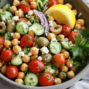 - 1 can (15 oz) chickpeas, thoroughly rinsed and drained - 1 cup cherry tomatoes, halved - 1 cucumber, diced - 1/2 red onion, finely chopped - 1/2 cup Kalamata olives, pitted and sliced - 1/4 cup feta cheese, crumbled - 2 tablespoons fresh parsley, finely chopped - 1 tablespoon fresh mint, finely chopped - 3 tablespoons extra virgin olive oil - 2 tablespoons fresh lemon juice - 1 teaspoon dried oregano - Salt and freshly ground black pepper to taste When you pick ingredients, look for bright colors and firm textures. - Chickpeas: Choose canned ones with no added salt for a healthy option. - Tomatoes: Select plump cherry tomatoes; they should feel heavy for their size. - Cucumbers: Pick cucumbers that are smooth and have a firm skin. - Onion: A fresh red onion should have a shiny skin and feel solid. - Olives: Look for olives that are glossy and plump for the best taste. - Feta: Get a block of feta from the deli for a better texture than crumbles. You can easily swap ingredients to fit your needs. - Chickpeas: Use black beans for a different flavor. - Feta Cheese: Try goat cheese or vegan feta for a dairy-free option. - Olive Oil: Substituting with avocado oil can offer a unique taste. - Herbs: Basil or cilantro can replace parsley and mint for varied flavor. - Lemon Juice: Lime juice can give a zesty twist if you prefer. These tasty choices let you create a salad that works for everyone. To begin, grab a big mixing bowl. Add the rinsed and drained chickpeas. These will give your salad a hearty feel. Next, toss in the halved cherry tomatoes. Their sweet burst will brighten each bite. Then, add the diced cucumber for a refreshing crunch. Finally, mix in the finely chopped red onion. This will enhance the salad's flavor and color. Now it's time to add more flavor. Gently fold in the sliced Kalamata olives. They bring a nice salty taste. Next, sprinkle in the crumbled feta cheese. This creamy cheese adds richness to the mix. After that, add the chopped fresh parsley and mint. They add a lovely herbal note. Don’t forget the dried oregano! This spice gives that classic Mediterranean flavor. For the dressing, take a small bowl. Whisk together the extra virgin olive oil and fresh lemon juice. This mix adds both richness and acidity. Then, season with salt and freshly ground black pepper. Mix until everything is smooth. Drizzle this dressing over your salad. Carefully toss everything together. Ensure each piece is coated well. Taste your salad. Adjust the seasoning if needed. Let it rest for 10-15 minutes. This allows all the flavors to mingle. Enjoy the boost of fresh Mediterranean tastes! To boost the flavor of your Mediterranean chickpea salad, start with fresh ingredients. Fresh herbs like parsley and mint give a bright taste. For extra zing, use fresh lemon juice instead of bottled. You can also add a pinch of red pepper flakes for heat. Let the salad sit for 10-15 minutes before serving. This time allows the flavors to meld beautifully. Presentation matters when serving food. For a stunning look, use a large bowl or a platter. Line the platter with leafy greens like romaine or spinach. Arrange the salad in the center and add a garnish of parsley and a lemon wedge on the side. This adds color and invites your guests to dig in. To save time, you can prep the salad ingredients ahead of time. Chop the vegetables and store them in airtight containers. You can also make the dressing in advance. Just mix the olive oil, lemon juice, salt, and pepper in a jar. Shake it well before using. This way, you can whip up the salad in no time on busy days. {{image_4}} You can easily add quinoa to your salad. Quinoa adds a nice texture and extra nutrition. Use about one cup of cooked quinoa. Mix it in after you combine the chickpeas and veggies. This makes your salad more filling and hearty. Want to make your salad more filling? Add grilled chicken or tuna. Both options give you great protein. Use about one cup of grilled chicken, sliced thinly. If you prefer tuna, one can works well. Just drain it and mix it in. This change makes the salad a full meal. For a vegan twist, skip the feta cheese. Instead, use avocado or a vegan cheese substitute. This keeps your salad creamy and tasty. If you want gluten-free options, this salad is already safe. Just be sure to check the quinoa and any dressing ingredients. You can enjoy this salad without worry! To keep your Mediterranean Chickpea Salad fresh, store it in an airtight container. Make sure to remove as much air as possible before sealing. This helps keep the salad crisp and flavorful. If you notice any liquid pooling at the bottom, drain it before serving again. Your salad can last in the fridge for about 3 days. After that, some ingredients might lose texture and taste. Check for freshness before eating. If it looks or smells off, it’s best to toss it. Freezing this salad isn’t ideal due to its ingredients. The veggies may become mushy after thawing. If you still want to freeze it, consider only freezing the chickpeas and olives. Add the fresh ingredients later for the best flavor and crunch. You can make this salad a day before serving. Prepare the salad as directed, but don’t add the dressing right away. Store the salad in the fridge in a sealed container. When you’re ready to serve, mix in the dressing. This method keeps the veggies crisp and fresh. Yes, you can swap out ingredients as needed. If you don’t have chickpeas, try white beans. No feta? Use avocado for creaminess. You can skip olives if you want less salt. The goal is to keep it fresh and flavorful while fitting your tastes. This salad pairs well with grilled meats like chicken or fish. It also goes great with pita bread or hummus. For a complete meal, serve it with a side of rice or quinoa. The bright flavors of the salad add a nice touch to any dish. This blog post shared how to make a delightful Mediterranean Chickpea Salad. You learned about the key ingredients and tips for freshness. We explored step-by-step instructions for creating the salad and dressing. I offered tips for enhancing flavor and saving time. You also discovered variations and smart storage tips. In closing, this salad is versatile and easy to adapt. It's a tasty choice for any meal. Enjoy making it your own!