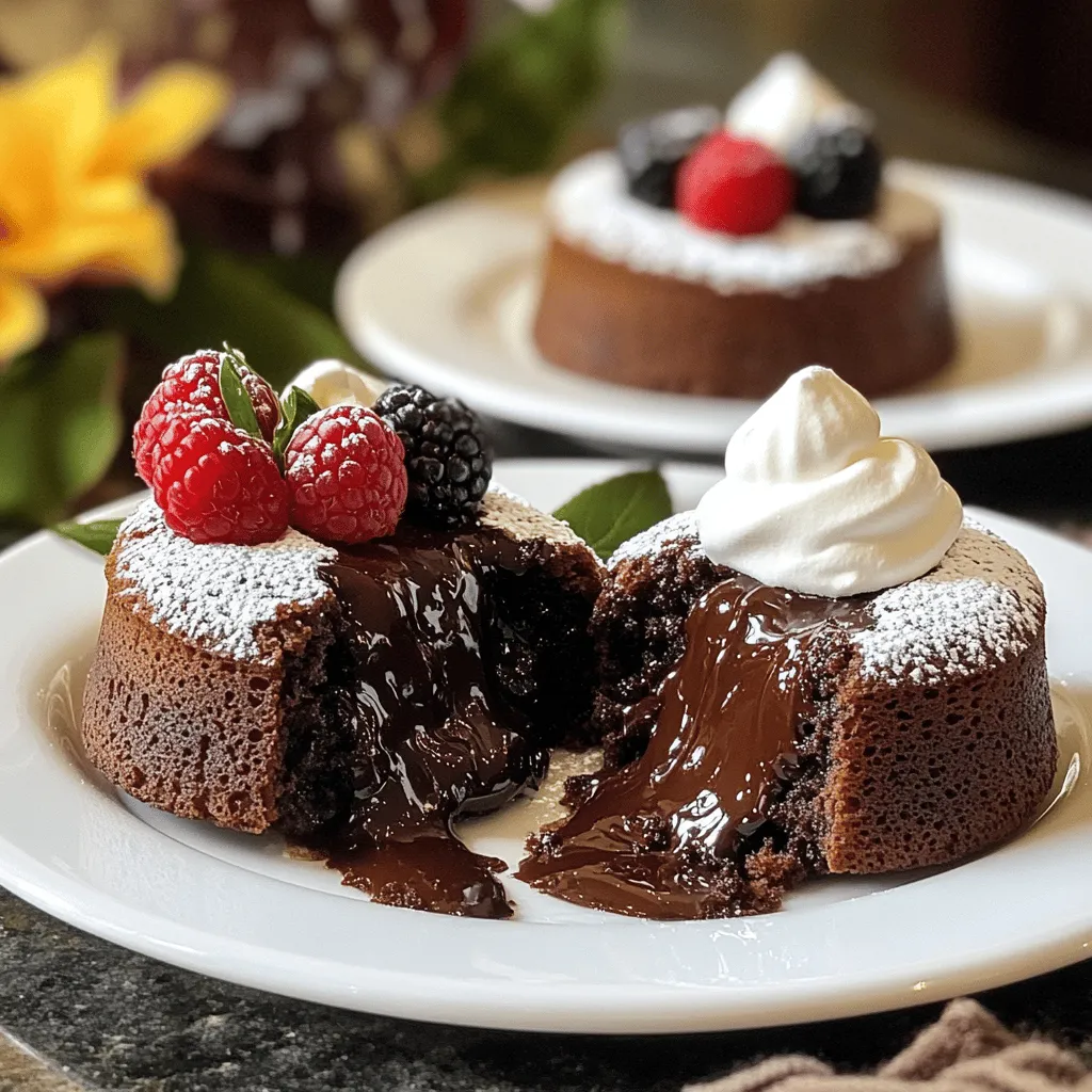 - 1/2 cup unsalted butter (plus extra for greasing) - 1 cup dark chocolate chips (60% cocoa or higher) - 2 large eggs - 2 large egg yolks - 1/4 cup granulated sugar - 2 tablespoons all-purpose flour - 1 tablespoon brewed espresso (or strong coffee) - 1/4 teaspoon salt - Powdered sugar, for dusting - Fresh berries, for garnish (optional) - Whipped cream, for serving (optional) To create these lava cakes, I use rich dark chocolate chips. Choose chips with 60% cocoa or higher for the best flavor. Unsalted butter gives a smooth texture. Eggs and egg yolks add fluffiness and richness. Granulated sugar sweetens the treat nicely. Flour helps the cakes hold their shape while baking. Brewed espresso adds a deep coffee flavor that enhances the chocolate. A pinch of salt balances sweetness perfectly. For serving, powdered sugar and fresh berries add a lovely touch. Whipped cream is a nice extra for those who love it! - Ramekins or muffin pan - Microwave-safe bowl and spatula - Whisk and mixing bowls Using ramekins gives the cakes a nice shape and helps with baking. If you don’t have ramekins, a muffin pan can work too. A microwave-safe bowl is essential for melting the butter and chocolate together. A spatula helps mix the ingredients well. A whisk is key for combining eggs and sugar until light and frothy. Mixing bowls are a must for keeping your workspace tidy. With these tools in hand, you are all set to create these delicious lava cakes! First, you need to preheat your oven to 425°F (220°C). This step is key for baking. While the oven heats, generously grease four ramekins with unsalted butter. Make sure to cover the sides well. This helps the cakes come out easily after baking. For extra safety, dust the greased ramekins with a little flour. Tap out any excess flour so it does not stick to the batter. Next, it’s time to melt the chocolate and butter. In a microwave-safe bowl, combine 1/2 cup of unsalted butter and 1 cup of dark chocolate chips. Heat in the microwave in 30-second bursts. Stir after each burst until smooth. Let this mixture cool a bit. In a separate bowl, whisk together 2 large eggs, 2 large egg yolks, and 1/4 cup of granulated sugar. Whisk until the mix turns light and frothy. This will take about 3 to 4 minutes. This step gives the cakes a lovely texture. Now, gently pour the melted chocolate mixture into the egg mix. Fold them together slowly until just combined. Avoid mixing too hard; we want a light batter. Next, sift 2 tablespoons of all-purpose flour and 1/4 teaspoon of salt over the batter. Also, add in 1 tablespoon of brewed espresso. Use a spatula to fold everything together until no dry bits remain. Now it's time to fill the ramekins. Evenly distribute the batter into each ramekin, filling them about 3/4 full. This gives them room to rise. Place the ramekins in your preheated oven and bake for 12 to 14 minutes. The edges should be firm, but the center must be soft and slightly jiggly. This is how you get that gooey lava center we all love. After baking, remove the ramekins from the oven and let them sit for 1 minute. Carefully run a thin knife around the edges to loosen each cake. Then, invert the ramekins onto dessert plates. Let them sit inverted for about 10 seconds before lifting the ramekins away. For a beautiful touch, dust the tops with powdered sugar. You can serve the cakes right away, adding fresh berries and a dollop of whipped cream if you like. Enjoy your delicious chocolate espresso lava cakes! To get that ooey-gooey center, avoid overbaking. The key is to watch the time closely. Bake the cakes for 12 to 14 minutes. When the edges look firm and the center jiggles, they are done. If you notice the cakes are too set, adjust the bake time down next time. To make your lava cakes shine, try garnishing them. Fresh berries like raspberries or strawberries give a bright touch. A dollop of whipped cream adds creaminess and balance to the cake's rich taste. Serve the cakes warm for the best experience. If your cakes stick to the ramekins, make sure to grease them well. Grease with butter and dust with flour. This step is crucial for easy removal. If your lava cakes do not ooze, they might be overbaked. Next time, check them a minute earlier. Adjusting the baking time can help get that perfect flow. {{image_4}} You can make a vegan version of these lava cakes. To replace eggs, use flaxseed meal mixed with water. Mix 1 tablespoon of flaxseed meal with 2.5 tablespoons of water for each egg. This will help bind the batter. For dairy, use plant-based butter and dark chocolate that is dairy-free. Look for chocolate with 60% cocoa or higher. You can also try alternative sweeteners like maple syrup or coconut sugar. They add a nice touch without losing flavor. For flour, almond or coconut flour works well. Adjust the amount slightly, as these flours absorb more moisture. If you need a gluten-free option, use a gluten-free flour blend. Look for blends that include a mix of rice flour and tapioca flour. This will keep the cakes light and rich. You may need to add a bit more liquid to the batter. This keeps the cakes moist and helps them rise. The great news is that they can still taste just as rich and chocolatey as the original. Just ensure that all other ingredients, like chocolate, are also gluten-free. Want to spice things up? Try adding flavored liqueurs, like coffee or hazelnut. Just a tablespoon will add a unique twist to your lava cakes. You can also mix in spices like cinnamon or chili powder for warmth. For added texture, consider nuts or flavored chocolate chips. Chopped hazelnuts or walnuts give a nice crunch. You can also use flavored chocolate, like orange or peppermint. These small changes can create a whole new dessert experience. To store leftover lava cakes, keep them in the fridge. Place them in an airtight container to prevent drying out. You can store them for up to two days. If you want to keep them longer, consider freezing them. When you are ready to eat, reheat them in the oven. Set the oven to 350°F (175°C) for about 10 minutes to warm through. This method helps maintain their gooey center. Avoid using a microwave, as it can overcook the cakes. You can freeze both raw and baked lava cakes. For raw cakes, fill the ramekins and cover them well with plastic wrap. This keeps air out and prevents freezer burn. Place them in the freezer for up to three months. When you want to bake them, just remove them from the freezer and bake directly from frozen. Adjust baking time to about 15-18 minutes. If you freeze baked cakes, let them cool first. Store them in an airtight container or wrap them tightly. To thaw, move them to the fridge overnight. This keeps the texture nice. When ready to serve, gently reheat them in the oven as described above. This way, you’ll enjoy the perfect lava center again! Yes, you can make the batter ahead of time. Prepare the batter and cover it well. Store it in the fridge for up to 24 hours. When ready to bake, let it sit at room temperature for about 30 minutes. This helps the batter warm up before baking. This way, you can enjoy fresh lava cakes with less fuss. To check if the lava cakes are done, look for firm edges. The center should stay soft and jiggly. Bake them for 12-14 minutes. A toothpick test can help, but don’t overbake. You want that gooey lava center, so keep an eye on them as they bake. For a great presentation, turn the cakes out onto dessert plates. Dust the tops with powdered sugar for a nice touch. Add fresh berries for color and flavor. A dollop of whipped cream beside the cake makes it even better. Serve them warm for the best experience. Yes, you can easily scale the recipe. Just double the ingredients for eight servings. Use larger ramekins or bake in batches. Keep the baking time the same for smaller cakes. For larger cakes, you may need an extra minute or two. Enjoy creating more of this delicious dessert! To make chocolate espresso lava cakes, you need key ingredients and tools. We covered the steps, from preparing the oven to achieving that perfect gooey center. Tips and variations bring more fun to this dessert. Remember to store any extras properly to keep them tasty. With these insights, you can impress anyone with your baking skills. Dive in and enjoy your delicious creation!