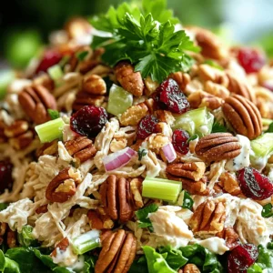 - 2 cups cooked chicken breast, shredded into bite-sized pieces - 1/2 cup dried cranberries, roughly chopped - 1/2 cup pecans, toasted and coarsely chopped for added crunch - 1/2 cup celery, finely diced for a refreshing crunch - 1/4 cup red onion, finely chopped for a touch of sweetness - 1/2 cup plain Greek yogurt, creamy base for the dressing - 2 tablespoons mayonnaise for richness - 1 tablespoon honey for a hint of sweetness - 1 tablespoon apple cider vinegar to balance flavors - Salt and freshly cracked pepper, to taste - Fresh parsley, chopped, for garnish You can mix in other tasty ingredients. Try adding sliced grapes for sweetness. Chopped apples add a crisp bite. For spice, diced jalapeños can bring heat. You might also enjoy adding feta cheese for a tangy twist. If you need dairy-free options, use a plant-based yogurt instead of Greek yogurt. Substitute the mayonnaise with avocado for a creamy touch. For nut allergies, skip the pecans or use sunflower seeds. You can also use rotisserie chicken for a quicker option. First, gather all your ingredients. You need cooked chicken, dried cranberries, pecans, celery, and red onion. Chop the dried cranberries and pecans into smaller pieces. Dice the celery finely and chop the red onion. This creates a nice mix of flavors and textures. In a large bowl, add the shredded chicken, chopped cranberries, toasted pecans, diced celery, and red onion. Use a spatula to mix these ingredients gently, so everything blends well. Next, you will make the creamy dressing. Get a smaller bowl for this step. Whisk together the plain Greek yogurt, mayonnaise, honey, and apple cider vinegar. Keep whisking until the mixture is smooth and creamy. You want to avoid any lumps in the dressing. This dressing adds richness to the salad and balances the flavors perfectly. Now it’s time to dress the salad. Pour the creamy dressing over your chicken mixture. Use the spatula to fold the dressing into the chicken and veggies gently. Make sure everything is well-coated. Next, sprinkle salt and freshly cracked pepper over the salad. Taste it and adjust the seasonings if needed. Cover the bowl with plastic wrap and refrigerate for at least 30 minutes. This chilling time helps the flavors meld together, making every bite more delicious. When ready to serve, stir gently to recombine. Add fresh parsley on top for a bright finish. To get the best taste, focus on the sweetness and crunch. The dried cranberries add a nice sweetness. The pecans give a great crunch. Use just the right amount of apple cider vinegar. It helps balance the flavors well. If you want a sweeter taste, add a bit more honey. Taste as you go. Adjust the salt and pepper to your liking. This way, you get a salad that is just right. Serving your salad well makes a big difference. Use a large bowl or plate. Start with a bed of mixed greens. Spoon the chicken salad on top. This adds color and makes it look fresh. For extra flair, sprinkle more cranberries and pecans on top. You can also serve it in a wrap. Tortillas or pita bread work great. This keeps it fun and easy to eat. This salad pairs well with many sides. Consider serving it with a light soup. A fresh vegetable soup complements the salad. You can also serve it with crusty bread. This adds a nice touch. For drinks, try iced tea or lemonade. They keep the meal refreshing. Enjoy the salad as a lunch or light dinner option. It’s great for picnics or gatherings too! {{image_4}} You can make this salad lighter by swapping some ingredients. Use low-fat Greek yogurt instead of regular yogurt. This change cuts calories while keeping it creamy. You can also skip the mayonnaise if you prefer. For a crunch, add more celery or use cucumber. Fresh herbs like dill or cilantro can brighten the flavor too. Want to mix things up? Try using turkey or rotisserie chicken. Both provide great taste. You can even use chickpeas for a vegetarian option. Shredded tofu works well too if you want a plant-based protein. Adding smoked salmon adds a unique twist and a rich flavor. Seasonal swaps keep your salad fresh and exciting. In spring, add fresh peas or asparagus. In summer, try ripe strawberries or blueberries. Fall is perfect for diced apples or pears. In winter, use pomegranate seeds for a pop of color. These changes make your salad vibrant and full of flavor. To keep your cranberry pecan chicken salad fresh, use an airtight container. This helps prevent moisture loss and keeps the salad crisp. If you have toppings like nuts or cranberries, store them separately. This way, they stay crunchy when you serve the salad again. Always label the container with the date. This helps you track how long it has been stored. Cranberry pecan chicken salad can stay fresh in the fridge for about 3 to 4 days. After that, the taste and texture may change. Always check for any off smells or changes in color before eating. If it looks or smells funny, it's best to toss it. You can freeze cranberry pecan chicken salad, but it may change texture. To freeze, place it in a freezer-safe container. Leave some space at the top for expansion. Use within 2 months for the best flavor. When you're ready to eat it, thaw it in the fridge overnight. Mix it well before serving to restore its creamy texture. Yes, you can use canned chicken. It saves time and still tastes good. Just drain it well before adding it to the salad. Canned chicken makes the recipe quick and easy, especially on busy days. To make this dish gluten-free, focus on your ingredients. Use gluten-free mayonnaise and check the labels on your yogurt and vinegar. Most dried cranberries are gluten-free, but it’s smart to read the packaging. Fresh herbs and vegetables are naturally gluten-free, so feel free to add more for taste! This salad is packed with healthy ingredients. Here are some benefits: - Chicken: High in protein, helps build and repair muscles. - Cranberries: Rich in antioxidants, support heart health. - Pecans: Full of healthy fats, promote brain health. - Celery: Low in calories, provides hydration and fiber. - Greek yogurt: Contains probiotics, good for digestion. - Honey: Natural sweetener with some vitamins and minerals. All of these elements combine to create a nutritious meal that’s not just tasty but also supports your overall health. This blog post covered how to make a tasty Cranberry Pecan Chicken Salad. We explored the main ingredients, optional add-ins, and substitutions for dietary needs. I provided step-by-step instructions and tips for flavor balance and presentation. Variations allow for healthier options and seasonal swaps. Finally, we looked at storage tips to keep leftovers fresh. Enjoy this fun and flexible salad recipe. It’s perfect for any meal, easy to make, and packed with flavor. Dive in and let your taste buds enjoy!