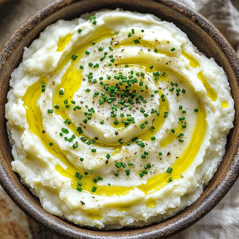 - 1 medium head of cauliflower - 1 whole head of garlic - 2 tablespoons olive oil, divided - 1/4 cup unsweetened almond milk (or your preferred milk) - 2 tablespoons butter (or vegan alternative) - Salt and pepper, to taste - Fresh chives for garnish - Additional herbs or spices The main star of this dish is the cauliflower. I love using one medium head, cut into florets. This makes it easy to cook and mash. Next, I roast a whole head of garlic. Garlic adds a rich, sweet flavor. Olive oil and butter give the mash a lovely creaminess. I prefer using almond milk, but any milk works great. Finally, don’t forget salt and pepper for the perfect seasoning. For extra flavor, I add fresh chives as a garnish. They add color and a mild onion taste. You can also mix in other herbs or spices if you like. Try adding thyme or a pinch of chili flakes for a kick. Each choice enhances the dish's depth, making it even more delicious. - Preheat your oven to 400°F (200°C). - Cut the top off the garlic head to show the cloves. - Drizzle 1 teaspoon of olive oil on the exposed cloves. - Wrap the garlic tightly in aluminum foil. - Place it in the oven and roast for 30-35 minutes. - The garlic should be soft and golden brown when done. Roasting garlic makes it sweet and creamy. It adds a rich flavor to your dish that’s hard to beat. - Fill a large pot with water and add a lot of salt. - Bring the water to a rolling boil. - Add the cauliflower florets to the boiling water. - Cook for about 10-12 minutes until tender. - Drain the cauliflower well and set it aside. Cooking the cauliflower until tender is key. This helps it mash easily and become creamy. - Once the garlic is cool, unwrap it from the foil. - Squeeze the roasted garlic cloves into a large bowl. - Add the drained cauliflower, remaining olive oil, almond milk, and butter. - Use a potato masher or hand mixer to blend. - Mash until you reach a smooth and creamy texture. Feel free to use a food processor for a super smooth finish. Adjust the almond milk for your desired creaminess. To make your mashed cauliflower creamy, you need the right techniques. First, mash the cooked cauliflower while it’s hot. This helps break down the florets better. If you want an ultra-smooth texture, use a food processor. It blends well and gives you that creamy feel. A potato masher works too, but you may get a chunkier result. When mashing, keep your tools handy. A hand mixer can also work well. Just be careful not to overmix. Overmixing can make it gummy. Seasoning is key to great flavor. Start with salt and pepper. You can add garlic powder for more depth. Fresh herbs like thyme or rosemary can bring in nice layers. Taste as you go. Adjust your seasonings based on your palate. This step makes sure your dish is just right. Don’t forget to balance the creaminess. If you want it richer, add more almond milk or butter. A little goes a long way, so add slowly. How you serve your dish matters. A rustic bowl adds charm. Create a swirl on top for visual appeal. Drizzle some olive oil over it for a touch of elegance. For garnishes, chives are perfect. Their color and taste elevate the dish. Sprinkling some black pepper adds a nice finishing touch. This makes your Roasted Garlic Mashed Cauliflower look as good as it tastes! {{image_4}} If you want a vegan twist, swap the butter for a plant-based option. Use coconut oil or a vegan butter spread. Almond milk works great, but you can also try oat or soy milk for creaminess. Both options keep the dish rich and tasty. To make this dish your own, consider adding cheese. A sprinkle of parmesan or nutritional yeast gives depth. You can also add herbs like thyme or rosemary for a fresh taste. Want some heat? Toss in chili flakes for a spicy kick. Roasted garlic mashed cauliflower pairs well with grilled chicken or fish. It also complements roasted veggies beautifully. For a hearty meal, serve it alongside a rich stew. The creamy texture balances flavors nicely. To keep your roasted garlic mashed cauliflower fresh, use an airtight container. Glass containers work great. They prevent moisture loss and keep flavors intact. You can also use plastic containers, but make sure they seal well. When you want to reheat, use the stovetop or microwave. For the stovetop, add a splash of almond milk. Stir gently over low heat. This keeps the mash creamy. If using the microwave, cover the bowl loosely with a lid or microwave-safe wrap. Heat in short intervals, stirring in between. Freezing mashed cauliflower is easy. First, let it cool completely. Then, scoop it into freezer-safe bags or containers. Remove as much air as possible to prevent freezer burn. Label your bags with the date for easy tracking. To thaw, place the container in the fridge overnight. This keeps the texture nice. For quick thawing, use the microwave on low power. Reheat it in a pan with a bit of almond milk for creaminess. Stir until heated through. Yes, you can use frozen cauliflower! Here are some pros and cons: - Pros: Frozen cauliflower is easy and quick to use. It saves prep time since it comes pre-cut. - Cons: Frozen cauliflower may have more water. This can make your mash watery. To fix this, drain well after cooking. To make this dish dairy-free, use these alternatives for a creamy texture: - Almond milk: This is a great base for creaminess. - Vegan butter: Swap regular butter for vegan butter. - Nutritional yeast: Adds a cheesy flavor without dairy. Yes, you can prepare this dish ahead of time. Here are some tips: - Make it early: Prepare the mash and store it in the fridge. - Reheat gently: Warm it on the stove over low heat. Add a splash of almond milk if it seems dry. - Avoid the microwave: Microwaving can change the texture. This blog post covered how to create a delicious mashed cauliflower dish. You learned about essential and optional ingredients, from roasting garlic to mashing cauliflower. I shared tips for perfecting the texture and enhancing flavor. You also found variations for vegan options and storage tips. Remember, this dish is versatile and can be enjoyed in many ways. Whether served at a meal or saved for later, it's a tasty and healthy choice. Enjoy making your own creamy mashed cauliflower!