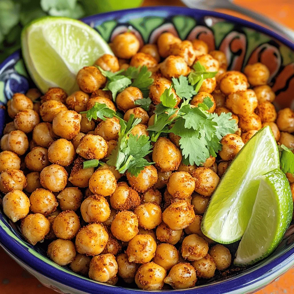 - 1 can (15 oz) chickpeas - 2 tablespoons extra virgin olive oil - 1 teaspoon chili powder - 1 teaspoon ground cumin - 1/2 teaspoon smoked paprika - 1/2 teaspoon garlic powder - 1/2 teaspoon onion powder - 1/4 teaspoon cayenne pepper (optional) - Sea salt, to taste - 1 tablespoon nutritional yeast (for a cheesy flavor) I love using chickpeas for snacks. They are full of protein and fiber. For this recipe, I start with one can of chickpeas. Rinse them well and drain them. You want them to be as dry as possible. This helps them get crispy. Next, I add two tablespoons of extra virgin olive oil. The oil coats the chickpeas, making them crunchy when roasted. Now, let’s talk spices. I use chili powder and ground cumin for that classic taco flavor. Smoked paprika adds a nice depth. Garlic and onion powder give a savory touch. If you like heat, toss in cayenne pepper. Adjust the amount to fit your taste. For a cheesy twist, I sometimes add nutritional yeast. It gives a nice flavor and is a great way to add nutrients. Lastly, sprinkle some sea salt to enhance all the flavors. These ingredients work together to create a tasty snack. They are simple, but the taste is amazing! Set your oven to 400°F (200°C). This heat helps the chickpeas get crispy and tasty. Rinse and drain one can of chickpeas. Then, place them in a bowl. Coat the chickpeas with two tablespoons of olive oil. Mix well, so every chickpea gets a nice layer of oil. In a small bowl, combine the spices. Use one teaspoon of chili powder, one teaspoon of ground cumin, half a teaspoon of smoked paprika, half a teaspoon of garlic powder, half a teaspoon of onion powder, and a quarter teaspoon of cayenne pepper. Add sea salt to your taste. If you want a cheesy flavor, stir in one tablespoon of nutritional yeast. Spread the seasoned chickpeas on a baking sheet. Make sure they are in a single layer for best results. Place the baking sheet in your preheated oven. Roast the chickpeas for 25 to 30 minutes. Halfway through, shake the pan to help them cook evenly. Keep an eye on them, so they don’t burn. Once they are golden brown and crispy, take the chickpeas out of the oven. Let them cool for a few minutes. Serve them in a vibrant bowl to make them look even more fun! To get the best crunch from your roasted chickpeas, spread them in a single layer. This means you should not pile them up. Each chickpea needs space to roast and get crispy. If they touch, they will steam instead of roast. Use a large baking sheet if needed. Want to change the heat? Adjust the cayenne pepper. If you like it mild, use less cayenne. If you love heat, add more. You can even skip it altogether for a milder flavor. Taste the spice mix before adding it to the chickpeas. This way, you can find your perfect level. Make your dish pop! Serve the roasted chickpeas in a bright bowl. Garnish them with chopped cilantro. A few lime wedges on the side add zest. This not only looks great but tastes fresh too. Enjoy your crispy, tasty treat! {{image_4}} You can easily change the taste of roasted chickpeas. Adding lime zest gives a fresh kick. You can also try other spices. For example, smoked chili powder adds depth. A bit of cumin can enhance the taco flavor even more. If you like sweet and spicy, add a touch of cinnamon. Each addition brings a new twist to your crunchy snack. Roasted chickpeas are great on their own. But they shine when paired with dips. Try serving them with guacamole or salsa. They also work well in salads. Toss them in a fresh green salad for added crunch. You can even sprinkle them on soups for extra flavor. These ideas make your dish more exciting. Roasted chickpeas are versatile. They mix well with grains like quinoa or rice. You can also add them to stir-fried veggies. This adds protein and texture to your meal. Try them in wraps or tacos for a fun twist. They can even be a topping for baked potatoes. The possibilities are endless! Store your taco seasoned roasted chickpeas in an airtight container. This keeps them crunchy and fresh. You can use glass jars or plastic containers. Make sure the lid seals tightly. Avoid metal containers, as they may trap moisture. Roasted chickpeas can last up to a week when stored properly. If you notice any softening, it’s best to eat them soon. For longer storage, consider freezing them. Frozen chickpeas will stay good for up to three months. Just remember to re-crisp them after thawing. To reheat and keep them crispy, use an oven or air fryer. Preheat your oven to 350°F (175°C). Spread the chickpeas on a baking sheet. Heat for about 10 minutes. In an air fryer, set it to 350°F (175°C) and cook for 5-7 minutes. Avoid using a microwave, as it makes them soggy. Yes, you can use dried chickpeas. Start by soaking them overnight. Rinse and drain the soaked chickpeas. Boil them in water for about an hour or until tender. Then, follow the same steps in the recipe. This gives you a fresh taste and a firmer texture. To reduce the spice, cut back on the cayenne pepper. You can also skip it entirely. Adding some extra olive oil can help balance the heat. If you like, mix in more garlic or onion powder for flavor without the spice. These chickpeas pair well with many dips. Try a creamy avocado dip or a zesty salsa. They also taste great with hummus or yogurt sauce. You can serve them alongside crunchy veggies or in a salad for a full meal. Roasting chickpeas is simple and rewarding. You need just a few key ingredients, like chickpeas and olive oil, plus spices to customize the flavor. Follow the steps to roast them perfectly, and you will have a delicious snack. Remember to adjust spices to your taste and serve them in fun ways. Store leftovers in an airtight container to keep them crispy. Roasted chickpeas are a healthy and tasty treat that can fit any meal. Enjoy experimenting with different flavors and serving ideas!