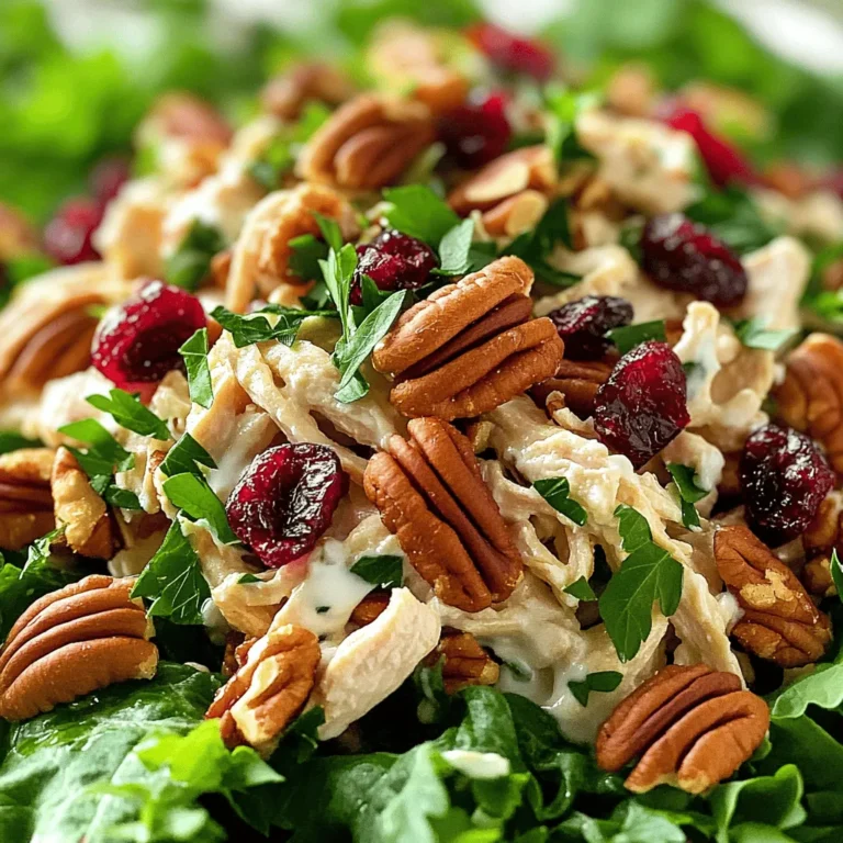 - 2 cups cooked chicken breast (shredded or diced) - 1/2 cup dried cranberries - 1/2 cup pecans (coarsely chopped) - 1/4 cup celery (finely diced) - 1/4 cup red onion (finely chopped) - 1/2 cup plain Greek yogurt - 2 tablespoons mayonnaise - 1 tablespoon honey - 1 tablespoon apple cider vinegar - Salt and black pepper - Fresh parsley for garnish - Mixed greens or lettuce leaves for serving The key to a great cranberry pecan chicken salad is simple, fresh ingredients. Start with the chicken. You can use leftover roasted chicken or poach your own. Shredded chicken adds a nice texture. Dried cranberries bring a sweet note. Pecans add crunch and flavor. Finely diced celery and red onion add freshness and a bit of bite. For the creamy dressing, I use plain Greek yogurt and a bit of mayonnaise. This combo keeps it light yet rich. Honey and apple cider vinegar balance sweetness and tang. Don't forget salt and black pepper. They enhance each flavor. If you want to elevate your dish, consider adding fresh parsley on top. Serve it on a bed of mixed greens or lettuce leaves for a fresh crunch. Keep these ingredients on hand for a quick, delicious meal anytime. - Combine chicken, cranberries, pecans, celery, and red onion. - Mix gently until all ingredients are incorporated. I start by placing the cooked chicken in a large bowl. You can shred or dice it; either works great. Next, I add the dried cranberries, which bring a sweet touch. Then, I toss in the coarsely chopped pecans for crunch. The finely diced celery adds a nice crunch and freshness. Lastly, I sprinkle in the finely chopped red onion, which gives a bit of bite. I use a spatula to mix everything gently. This helps blend the flavors without breaking the chicken apart. - Whisk together Greek yogurt, mayonnaise, honey, and apple cider vinegar. - Ensure a smooth and homogeneous mixture. In a separate bowl, I measure out the Greek yogurt. This gives a creamy base without too much fat. I add a couple of tablespoons of mayonnaise for richness. Then, I pour in the honey for sweetness and the apple cider vinegar for a little tang. I use a whisk to mix it all together. The goal is a smooth, creamy dressing that coats the salad well. - Fold the dressing into the salad mix without mashing the chicken. - Season to taste with salt and black pepper. I drizzle the dressing over the chicken salad mixture. With a spatula, I carefully fold the dressing in. I want everything to be coated without crushing the chicken pieces. Afterward, I taste and add salt and freshly cracked black pepper. This brings all the flavors together. - Refrigerate for at least 30 minutes. - Serve on a bed of mixed greens, garnished with parsley. I cover the bowl with plastic wrap and place it in the fridge. Chilling for at least 30 minutes allows the flavors to blend. When ready to serve, I place a generous scoop of salad on a bed of mixed greens. For a pretty touch, I sprinkle fresh parsley on top. You can also add more pecans for an extra crunch! To make your cranberry pecan chicken salad shine, adjust the seasoning. Taste as you go. Add salt and pepper until it feels just right for you. This personal touch makes your dish stand out. Chilling the salad is key. I recommend at least 30 minutes in the fridge. This time lets the flavors blend and develop. A beautiful plate impresses everyone. Start with a bed of mixed greens or crisp lettuce. Then, scoop a generous portion of your chicken salad on top. For extra flair, sprinkle chopped pecans over the salad. A few fresh parsley leaves add color and freshness. You need a few basic tools to prepare this dish. A large mixing bowl helps combine all the ingredients easily. Use a spatula or wooden spoon for gentle mixing. For serving, a nice salad bowl makes a big difference. Store any leftovers in airtight containers to keep them fresh. {{image_4}} You can switch up the protein in your salad. Turkey works well and adds a nice taste. If you prefer a plant-based option, tofu is a great choice. Just ensure it's firm enough to hold up in the salad. For the nuts, feel free to swap pecans for walnuts or almonds. Each nut brings its own flavor and crunch. To make this dish gluten-free, just check the labels on your yogurt and mayonnaise. Most are gluten-free, but not all brands are the same. If you need a dairy-free version, use a dairy-free yogurt. Also, look for a mayo made from plant-based ingredients. This keeps the creamy texture while fitting your dietary needs. If you want to brighten the salad, add fruits like diced apples or halved grapes. They add a sweet and juicy burst to each bite. You can also sprinkle in fresh herbs like dill or parsley. Spices like paprika or a hint of cayenne can add a nice kick. Experiment with your favorites to make the salad your own. To keep your Cranberry Pecan Chicken Salad fresh, store it in airtight containers. This prevents air from drying it out and helps maintain its flavor. The chicken salad lasts for about 3 to 4 days in the refrigerator. Just remember to seal it tightly after each serving. Can you freeze it? Yes, you can freeze this chicken salad, but it may change texture. When you freeze it, use a freezer-safe container and leave some space for expansion. To thaw, place it in the fridge overnight. This method helps keep the flavors intact. If you need to serve it after freezing, stir it well to mix any separated ingredients. Enjoy your salad fresh after thawing! Cranberry Pecan Chicken Salad will stay fresh in the fridge for about 3 to 4 days. Make sure to cover it tightly with plastic wrap or a lid. This helps keep air out and maintain its flavor. Check for any signs of spoilage, like a change in smell or color. If you see anything off, it’s best to toss it. Yes, you can make this salad ahead of time! I recommend preparing it a day before you plan to serve it. This allows the flavors to blend well. Just store it in the fridge until you’re ready to eat. You can also chop the ingredients in advance and mix them together later. This saves time when you're busy. This salad pairs well with many sides. Here are a few ideas: - Fresh fruit salad - Whole grain bread or rolls - A light soup, like tomato or vegetable - Crispy vegetable sticks, such as carrots and cucumbers These sides add variety and balance to your meal. Absolutely! This salad is great for meal prep. It stores well and is easy to pack for lunch. Just divide it into containers for quick grab-and-go meals. You can also make a larger batch. This way, you have a tasty meal ready for several days. Plus, it’s healthy and filling! This blog post shared a simple and tasty recipe for Cranberry Pecan Chicken Salad. You learned about essential and optional ingredients, plus step-by-step instructions to make it. I offered tips for perfecting your dish and ways to store it. As you prepare this salad, remember to customize it to your taste. Whether you choose chicken, turkey, or need a dairy-free option, there’s a version for you. Enjoy making this dish and the smiles it brings at mealtime!