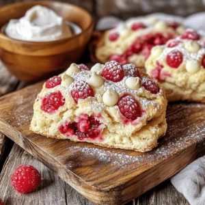 - 2 cups all-purpose flour - 1/4 cup granulated sugar - 2 teaspoons baking powder - 1/2 teaspoon baking soda - 1/2 teaspoon salt - 1/2 cup unsalted butter, cold and cubed - 3/4 cup heavy cream - 1 teaspoon vanilla extract - 1 cup fresh raspberries - 1/2 cup white chocolate chips - Egg wash (1 egg beaten with 1 tablespoon water) for brushing - Extra granulated sugar for sprinkling (optional) I love using fresh raspberries and creamy white chocolate in these scones. They create a perfect blend of sweet and tart. The base is simple, made with flour, sugar, and a bit of salt. The butter is key; I always use cold, cubed butter for a flaky texture. Cream and vanilla add moisture and flavor. - Lemon zest for a citrus kick - Chopped nuts like almonds or pecans - Dried fruit for added texture - Other types of chocolate, such as dark or milk Adding lemon zest brightens the flavor. Nuts give a nice crunch, while dried fruit can add sweetness. You can also swap in different chocolates for unique tastes. - Whole wheat flour instead of all-purpose flour - Coconut oil for butter if dairy-free - Almond milk for heavy cream If you want a healthier twist, whole wheat flour works well. For a dairy-free option, coconut oil is a great choice. Using almond milk instead of heavy cream also keeps things light but still tasty. First, set your oven to 400°F (200°C). This is the perfect temperature for baking scones. While it heats, line a baking sheet with parchment paper. This keeps the scones from sticking. In a large bowl, combine 2 cups of all-purpose flour, 1/4 cup granulated sugar, 2 teaspoons baking powder, 1/2 teaspoon baking soda, and 1/2 teaspoon salt. Whisk these dry ingredients together until they blend well. This step is key for even flavor. Next, add 1/2 cup of cold, cubed unsalted butter to the flour mix. Use a pastry cutter or your fingers to work the butter in. You want it to look like coarse crumbs. This creates the flaky texture we love in scones. In another bowl, mix 3/4 cup heavy cream and 1 teaspoon vanilla extract. Stir until combined. Slowly pour this mixture into the dry ingredients. Gently mix until the dough starts to come together. Don’t overmix; we want tender scones. Now, carefully fold in 1 cup of fresh raspberries and 1/2 cup of white chocolate chips. Be gentle, as you don’t want to smash the berries too much. This helps keep those lovely fruit bursts in each bite. Turn the dough out onto a lightly floured surface. Knead it a few times until it holds together. Shape it into a circle about 1 inch thick. Then, use a sharp knife to cut it into 8 wedges. Transfer the wedges to your prepared baking sheet, leaving space between them. Brush the top of each scone with an egg wash made from 1 beaten egg and 1 tablespoon water. Optionally, sprinkle some extra sugar on top for a sweet crunch. Place the baking sheet in your oven. Bake for 15-18 minutes, or until the scones are golden brown. To check if they’re done, insert a toothpick into one. It should come out clean. Once baked, let them cool for about 10 minutes before serving. To achieve that perfect flaky texture, start with cold butter. Cold butter helps create layers. When you cut the butter into the flour, aim for coarse crumbs. This keeps the butter solid. When baking, the butter melts and creates steam, which puffs up the scones. Mix the dough gently when adding the cream. Overmixing can make scones tough. You want the dough to be just combined. When you fold in your raspberries and white chocolate, be gentle. This helps keep the raspberries whole and adds juicy bites. You can boost flavor in your scones. Try adding lemon zest for a fresh twist. You can also mix in nuts or different chocolate types. These add-ins make the scones unique and exciting. For a lovely presentation, serve warm scones on a rustic board. Dust them with powdered sugar for a touch of elegance. Pair them with clotted cream or whipped cream for an extra treat. This not only looks great but also feels special. {{image_4}} You can enjoy these scones even if you need a gluten-free option. Use a gluten-free flour blend. Make sure it has a good mix of starches and proteins. This will help mimic the texture of regular flour. You might need to add a bit more cream to get the right dough consistency. Always check the blend and adjust as needed to keep your scones tender. Adding different flavors can change your scones in fun ways. For a citrus twist, add lemon zest to the dough. Just a teaspoon will brighten the taste. You can also swap in almond extract for a nutty flavor. If you prefer, mix in chopped nuts or different fruits, like blueberries or strawberries, for added variety. These small changes will keep your baking exciting. Not everyone loves sweet scones. If you want less sweetness, cut the sugar down to two tablespoons. You can also skip the extra sugar on top. For a fun twist, try topping your scones with a light glaze made from powdered sugar and milk. This adds sweetness without being too much. Enjoy making these scone variations your own! To keep your raspberry white chocolate scones fresh, place them in an airtight container. This helps them stay soft. You can store them at room temperature for up to two days. If you need them to last longer, the fridge is a great option. Just make sure to wrap them well to stop them from drying out. When you're ready to enjoy leftover scones, preheat your oven to 350°F (175°C). Place the scones on a baking sheet. Heat them for about 5 to 10 minutes. This warms them up and brings back their lovely texture. If you're in a hurry, you can use the microwave. Heat each scone for about 10-15 seconds, but this may make them a bit softer. Freezing is a good way to keep your scones for later. First, let the baked scones cool completely. Then, wrap each scone in plastic wrap. Place the wrapped scones in a freezer bag or container. They can stay frozen for up to three months. When you want one, just remove it from the freezer and follow the reheating instructions. This way, you can enjoy your treats anytime! Yes, you can use frozen raspberries. They work well in scones. However, they might add more moisture. This can make the dough wetter, so adjust flour as needed. Be gentle when folding them in to avoid mushiness. Look for a golden brown color on top. Insert a toothpick into a scone; it should come out clean. If it pulls out wet, bake for a few more minutes. Keep an eye on them to avoid overbaking. To achieve tender scones, avoid overmixing the dough. Mix just until combined. Use cold butter and heavy cream to keep the texture light. Chilling the dough for a short time can also help with tenderness. These scones taste great with clotted cream or whipped cream. You can also serve them with homemade jam for extra flavor. A cup of tea or coffee pairs well for a delightful treat. Yes, you can swap white chocolate for dark or milk chocolate. Each type adds a different flavor. You might also try using chocolate chunks for a fun twist. Just be sure to adjust sweetness if needed. In this blog post, we covered the essential ingredients for delightful raspberry white chocolate scones. I provided step-by-step instructions for perfect baking. Tips and tricks helped you create flaky scones, with storage info for leftovers. Remember, experimenting with flavors makes baking fun. Don’t hesitate to try new ingredients or methods. Enjoy baking and savor every bite! Your scone journey starts now; make it tasty and enjoyable.