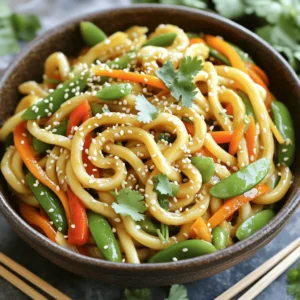 - 200g udon noodles - 2 tablespoons vegetable oil - 4 cloves garlic, finely minced - 1 inch fresh ginger, finely grated - 1 bell pepper (red or yellow), sliced into thin strips (julienne) - 1 cup snap peas, ends trimmed - 1 medium carrot, peeled and sliced into thin strips (julienne) - 3 green onions, finely chopped (both green and white parts) - 3 tablespoons soy sauce - 1 tablespoon sesame oil - 1 tablespoon rice vinegar - 1 teaspoon chili paste (optional for heat) - Sesame seeds for garnish - Fresh cilantro, roughly chopped, for garnish When preparing this dish, precise measurements matter. Use a kitchen scale for the udon noodles. 200 grams is about 7 ounces, which serves two. For the oils and sauces, measuring spoons work best. This ensures you get the right balance of flavors. Remember, fresh ingredients make a big difference in taste. Want to kick it up a notch? Consider these extras: - Red pepper flakes for added heat - A squeeze of lime for zest - Toasted nuts for crunch - Baby corn for sweetness - Mushrooms for umami These options let you customize your stir-fry. Mix and match based on what you enjoy! First, boil a big pot of water. Add 200g of udon noodles. Cook them for 3-5 minutes until soft. Drain the noodles and rinse them with cold water. This stops them from cooking too much. Set them aside for later. Next, grab a large skillet or wok. Pour in 2 tablespoons of vegetable oil. Heat it on medium-high until it shimmers. Be careful; do not let it smoke. Now, add 4 finely minced garlic cloves and 1 inch of grated ginger to the hot oil. Stir-fry them for about 30 seconds. They should smell great and turn light gold. Watch closely so they don't burn. It's time to add the veggies. Toss in 1 sliced bell pepper, 1 cup of snap peas, and 1 sliced carrot. Stir-fry all these for 3-4 minutes. You want them to be bright and tender but still a bit crunchy. Carefully add the cooked udon noodles into the skillet. Use tongs or chopsticks to mix everything together. Make sure the noodles blend well with the veggies. Next, drizzle in 3 tablespoons of soy sauce, 1 tablespoon of sesame oil, 1 tablespoon of rice vinegar, and 1 teaspoon of chili paste if you like heat. Toss everything for 2-3 minutes to coat the ingredients well. Once off the heat, fold in 3 chopped green onions. Transfer your stir-fry to a serving plate. Top it off with sesame seeds and fresh cilantro for color and flavor. Serve this dish in a deep bowl or wide plate. Using chopsticks can make your meal fun and authentic! To cook the udon noodles right, follow these steps: - Boil water in a large pot. - Add the noodles and cook for 3-5 minutes. - Drain and rinse them with cold water. This stops the cooking and keeps them from getting mushy. Stir-frying is quick, hot, and fun. Here’s how to do it well: - Heat your pan until it's very hot. - Use a good amount of oil to prevent sticking. - Add ingredients in order: start with aromatics like garlic and ginger. - Move everything fast to keep it from burning. This technique helps keep the veggies crunchy and bright. To boost the flavors in your stir-fry, try these ideas: - Use fresh ingredients like garlic, ginger, and veggies. - Add soy sauce and sesame oil for depth and richness. - Experiment with chili paste for heat. These tips will help you create a dish that tastes even better than takeout. {{image_4}} For a vegetarian or vegan version of this dish, skip any animal products. The base is already plant-based with udon noodles and fresh veggies. Add more vegetables like mushrooms or bok choy for extra flavor. You can use soy sauce or tamari for a gluten-free option. This dish stays vibrant and tasty without meat. If you want to add protein, tofu works great. Use firm tofu, cut into cubes, and pan-fry until golden. If you prefer chicken, slice it thinly and cook it until no longer pink. Shrimp is also a fast option; just sauté until they turn pink and opaque. Add your choice of protein after cooking the garlic and ginger. To change the spice level, add more or less chili paste. For mild heat, use just a bit. If you love heat, add more chili paste or fresh chili peppers. You can also balance spice with a touch of sugar or honey. Experiment to find your perfect heat level! To keep your Better-Than-Takeout Garlic Soy Udon Stir-Fry fresh, place leftovers in an airtight container. Make sure to cool the stir-fry to room temperature before sealing it. This helps prevent moisture buildup. Store it in the fridge for up to three days. If you want to enjoy it later, consider freezing it instead. When you're ready to eat the leftovers, reheat the stir-fry in a skillet over medium heat. Add a splash of water or soy sauce to keep it moist. Stir frequently for about five minutes until it's heated through. You can also use a microwave. Heat for one to two minutes, stirring halfway for even warming. If you want to save your stir-fry for later, freezing is a great option. Portion it into freezer-safe bags or containers. Squeeze out as much air as possible before sealing. Label with the date. You can freeze it for up to three months. To enjoy, thaw it in the fridge overnight before reheating. This keeps the flavors and textures intact. Yes, you can use other noodles. Rice noodles or soba noodles work well. Just adjust the cooking time to ensure they are tender. To make this dish gluten-free, use gluten-free udon noodles. You can also find gluten-free soy sauce, often labeled as tamari. If you need a substitute for soy sauce, try coconut aminos. It has a similar taste but with less salt. Another option is liquid aminos. This recipe is mild unless you add chili paste. Feel free to adjust the amount of chili paste to match your spice level. Yes, you can make this dish in advance. Cook the noodles and veggies, then store them in the fridge. Reheat before serving. Great side dishes include spring rolls or a simple cucumber salad. You can also serve it with miso soup to round out the meal. This blog post covered how to make a tasty udon noodle dish. You learned about the ingredients, cooking steps, and tips to make it great. Variations allow you to customize the dish for different diets and flavors. Plus, I shared how to store leftovers so nothing goes to waste. Cooking can be fun and creative. Enjoy making this simple recipe and share it with others!