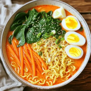 - 200g ramen noodles - 2 tablespoons gochujang (Korean chili paste) - 1 cup coconut milk - 2 cups vegetable broth - 2 boiled eggs - Sesame seeds - Green onions Gather these ingredients to create your creamy gochujang ramen. The ramen noodles are the heart of the dish. They soak up the rich flavors of the broth. Gochujang adds spice and depth. It’s a sweet and spicy chili paste that makes the dish special. Coconut milk gives the soup its creaminess. It balances the heat from the gochujang. Vegetable broth adds a savory base. You can choose to make it with chicken broth if you want more flavor. For toppings, boiled eggs add protein and richness. Sesame seeds bring a nice crunch. Green onions give a fresh touch. You can mix and match these toppings to fit your taste. Enjoy customizing your ramen! 1. Start by bringing a large pot of water to a rolling boil. 2. Add 200g of ramen noodles to the pot. 3. Cook the noodles as per the package instructions, usually about 3-4 minutes. 4. Once cooked, drain the noodles in a colander and set them aside. 1. In a large soup pot, heat 1 tablespoon of sesame oil over medium heat. 2. When the oil shimmers, add 1 small chopped onion to the pot. 3. Sauté the onion for about 3 minutes until it turns translucent. 4. Next, add 1 clove of minced garlic and 2 tablespoons of gochujang. 5. Stir everything for about a minute until the garlic smells fragrant and mixes well. 1. Gradually pour in 1 cup of coconut milk and 2 cups of vegetable broth into the pot. 2. Stir well to combine all the ingredients, and bring the mixture to a gentle simmer. 3. Add 1 cup of washed baby spinach and 1 peeled, julienned carrot to the pot. 4. Let the soup simmer for about 5 minutes until the veggies are bright and tender. 5. Stir in 1 tablespoon of soy sauce and season with salt and freshly ground black pepper. 6. If you like it spicier, add more gochujang to taste. 7. Finally, mix in the pre-cooked ramen noodles, stirring to coat them in the broth. 8. Heat everything through for another 2-3 minutes, ensuring the noodles are hot. 9. Serve the ramen in bowls and garnish with sliced green onions, boiled eggs, and sesame seeds. - Cooking noodles al dente: To achieve the best texture, cook the ramen noodles for just 3-4 minutes. They should be firm but not hard. Drain them quickly to stop the cooking process. - Ensuring vegetables maintain crunch: Add your vegetables like carrots and spinach a few minutes before serving. This keeps them bright and crunchy, adding great texture to your dish. - Adjusting spice levels: Gochujang packs heat and flavor. Start with 2 tablespoons, then taste your broth. Add more if you want extra spice. - Tips for garnishing: Use fresh green onions and sesame seeds for garnish. They add color and crunch, making your ramen look and taste amazing. - Serving in deep bowls: Choose deep bowls to hold the broth and noodles. This helps keep everything warm and inviting. - Artistic arrangement of toppings: Arrange your toppings artfully. Place the egg halves on top, scatter green onions, and sprinkle sesame seeds. This not only looks nice but also enhances the eating experience. {{image_4}} You can easily add protein to your creamy gochujang ramen. Adding tofu gives a nice texture and makes it filling. Use firm tofu, cut it into cubes, and sauté it until it's golden. This adds a wonderful crunch. If you prefer meat, shrimp or chicken works great too. For shrimp, add it when the broth is simmering. Cook until pink and curled. If using chicken, add cooked, shredded chicken for a hearty touch. For a vegan twist, switch out the coconut milk. Use unsweetened almond milk or cashew cream instead. This keeps the creaminess without dairy. Make sure to check your gochujang. Some brands add fish sauce, so choose a vegan-friendly option. Use soy sauce or tamari for saltiness, which is safe for vegans. You can change the broth base to suit your taste. If you want more flavor, use chicken broth instead of vegetable broth. This gives a rich depth to the dish. For an extra creamy touch, try coconut cream. It adds a thicker, richer base. This change can make your ramen feel even more indulgent and satisfying. To store your creamy gochujang ramen, let it cool first. Then, place the ramen in an airtight container. Make sure to cover it well to keep it fresh. The ramen will stay good in the fridge for up to three days. If you have extra broth, store it separately. This helps keep the noodles from getting soggy. When it’s time to enjoy your leftovers, there are a few good methods. The stovetop is best for reheating ramen. Pour the ramen into a pot over medium heat. Add a splash of water or broth to help it steam. Stir gently until it’s warm. You can also use the microwave. Place the ramen in a microwave-safe bowl. Cover it with a damp paper towel. Heat it in short bursts, stirring in between. This keeps it moist and tasty. You can freeze creamy gochujang ramen, but it’s not ideal. The noodles can get mushy when thawed. If you want to freeze it, store only the broth and veggies. Cook fresh noodles when you’re ready to eat. This way, you get the best texture and flavor. Store the broth in a freezer-safe container for up to three months. Gochujang is a Korean chili paste. It has a deep, rich flavor. The paste is sweet, spicy, and savory. It adds depth to dishes and makes them exciting. You will find it in many Korean meals. Its unique taste comes from fermented soybeans, red chili powder, and glutinous rice. This gives gochujang its thick texture and bold flavor. When you add it to ramen, it creates a delightful kick. Yes, you can make this dish gluten-free! To do this, use gluten-free ramen noodles. Many stores sell these noodles made from rice or buckwheat. You can also use zucchini noodles or rice noodles as a great option. Just cook them according to the package instructions. With these changes, you will enjoy the same creamy gochujang flavor without gluten. You can customize your ramen in many fun ways! Here are some ideas: - Add Protein: Try adding grilled chicken, shrimp, or tofu for more heartiness. - Extra Veggies: Toss in mushrooms, bell peppers, or broccoli for more color and taste. - Spice It Up: If you like heat, add more gochujang or some chili flakes. - Herbs: Fresh cilantro or basil can add a refreshing twist. - Toppings: Include boiled eggs, seaweed, or crispy garlic for texture. Feel free to get creative and make this dish your own! In this blog post, we explored how to make creamy gochujang ramen. We covered essential ingredients like ramen noodles, gochujang, coconut milk, and vegetable broth. I outlined steps to cook the noodles, prepare the flavor base, and create a rich broth. Tips on perfecting texture and enhancing flavor were also included. Try variations with different proteins or broths to make it your own. Remember, leftovers can be stored or frozen for later enjoyment. Enjoy your delicious ramen and feel free to get creative!