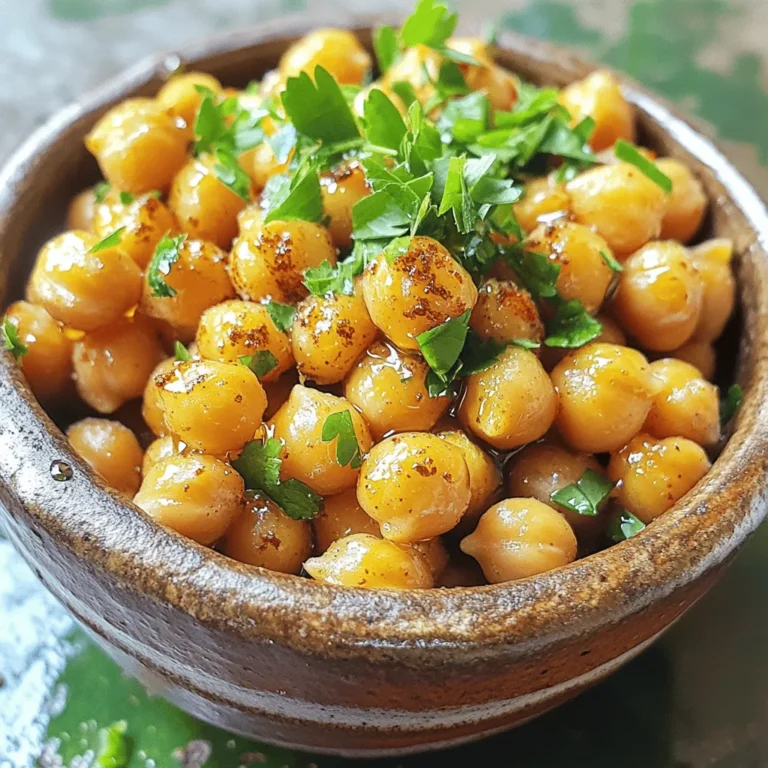 - 2 cups canned chickpeas - 2 tablespoons olive oil - 3 tablespoons honey - 3 cloves garlic, minced - 1 teaspoon smoked paprika - 1/2 teaspoon ground cumin - 1/4 teaspoon kosher salt - 1/4 teaspoon freshly ground black pepper - Fresh parsley, chopped (for garnish) - Alternative sweeteners like maple syrup or agave - Different spices for a unique twist Gathering the right ingredients is key to making Honey Garlic Roasted Chickpeas. First, you need canned chickpeas. They are easy to use and save time. If you prefer, you can cook dried chickpeas, but this takes longer. Next, you need a good oil. I like olive oil for its flavor. It helps the chickpeas get crispy. Honey adds sweetness and a sticky glaze that makes these chickpeas shine. For flavor, minced garlic is a must. It brings a savory note that pairs well with the sweet honey. Smoked paprika adds a hint of smokiness, while ground cumin gives warmth and depth. A touch of kosher salt and black pepper rounds out the flavors. Don’t forget fresh parsley! It brightens up the dish and adds a pop of color. Feel free to switch things up based on what you like. Use maple syrup instead of honey for a vegan option. You can also try different spices like cayenne for heat or herbs like rosemary for a fresh twist. This recipe is flexible and fun! - Preheat the oven to 400°F (200°C). - Line a baking sheet with parchment paper. - Rinse and dry canned or cooked chickpeas. - Drying chickpeas is key for crispiness. To start, I rinse my chickpeas under cold water. This helps remove extra sodium and any canning liquid. After rinsing, I place them on a clean kitchen towel. I gently pat them dry, which is important. The drier they are, the crunchier they will get when roasted. - Whisk together olive oil, honey, garlic, and spices. - Ensure even coating for the chickpeas. Next, I grab a large mixing bowl. I add 2 tablespoons of olive oil, 3 tablespoons of honey, and 3 minced cloves of garlic. Then, I sprinkle in 1 teaspoon of smoked paprika, 1/2 teaspoon of ground cumin, 1/4 teaspoon of kosher salt, and 1/4 teaspoon of black pepper. I whisk it all together until smooth. This mixture gives the chickpeas a sweet and savory punch. - Spread chickpeas on the baking sheet. - Roast for 25-30 minutes and stir halfway. After mixing, I toss the dried chickpeas into the bowl. I make sure every chickpea is well-coated in the honey garlic mix. Then, I spread them out on the prepared baking sheet in a single layer. I place the sheet in the preheated oven and roast for 25-30 minutes. About halfway through, I stir the chickpeas to help them cook evenly. - Cool the roasted chickpeas. - Garnish with chopped parsley. Once the chickpeas are golden and crispy, I take them out of the oven. I let them cool for a few minutes to enhance their crunch. Right before serving, I sprinkle some freshly chopped parsley on top. This adds a nice touch of color and flavor. To get that perfect crunch, drying the chickpeas is key. If you skip this step, your chickpeas may turn out soft. After rinsing, lay them out on a towel and pat them dry thoroughly. This helps remove moisture. Stirring during roasting is also vital. Halfway through the cooking time, give them a good stir. This helps them brown evenly and ensures every bite is crunchy. You can boost the flavor of your chickpeas with spices. Consider adding a pinch of cayenne for heat or some dried oregano for a herby touch. Mixing in more garlic can also enhance the taste. Don't forget to experiment with honey. Different types, like wildflower or clover, can change the flavor profile. Try them to see which you like best! For serving, present these roasted chickpeas in a charming bowl. This makes them look great as a snack or appetizer. To make them pop, drizzle a bit of extra honey on top. It adds shine and sweetness. Pair them with drinks like lemonade or iced tea. You can also serve them with dips like hummus or yogurt sauce for added fun! {{image_4}} You can swap honey for maple syrup. This adds a nice, rich flavor. Maple syrup works well in this recipe. You can also use agave nectar for a milder taste. It keeps your dish sweet and tasty without being too strong. Want some heat? Add cayenne pepper for a spicy kick. This gives your chickpeas a bold flavor. You can also try infusing herbs like rosemary or thyme. These herbs add a fresh twist and make the dish more aromatic. You can use these roasted chickpeas as a salad topping. They add crunch and protein to your greens. You can also toss them into grain bowls for extra texture. They make your meal filling and fun to eat. To keep your honey garlic roasted chickpeas fresh, use an airtight container. Make sure to cool them completely before sealing. Proper storage helps maintain their crunch. When stored this way, they last up to five days in the pantry. For the best crunch, reheat in the oven. Preheat it to 350°F (175°C). Spread the chickpeas on a baking sheet and heat for about 10 minutes. This method keeps them crispy. If you're in a rush, you can use the microwave. Heat them in short bursts of 20 seconds, but they may lose some crunch. If you want to freeze your chickpeas, use a freezer-safe bag. Make sure they are fully cooled. Lay them flat in the bag to save space. They can last up to three months in the freezer. When you're ready to eat, thaw them overnight in the fridge. Reheat them in the oven for best results. To make these chickpeas vegan, use maple syrup instead of honey. Maple syrup gives a nice sweetness. You can also try agave nectar if you prefer. Both options work well with garlic and spices. Yes, you can use dried chickpeas. Start by soaking them overnight in water. This helps soften them. After soaking, cook the chickpeas in boiling water for about 1-1.5 hours. Make sure they are tender before roasting. Look for a golden brown color and a crispy texture. You can test one by tasting it. If it has a nice crunch, it’s ready. Stir the chickpeas halfway through cooking to ensure even roasting. Absolutely! You can try different spices like cayenne for heat or Italian herbs for a twist. Experiment with smoked paprika or garlic powder too. The choices are endless, so have fun with it! If they aren’t crispy, check if they are dry enough. Pat them dry before roasting. Also, make sure you stir them halfway through to help them crisp up. If they still lack crunch, roast them a bit longer. This blog post shows you how to make tasty Honey Garlic Roasted Chickpeas. You learned about key ingredients like chickpeas, olive oil, and honey. We covered the steps to prep, mix, and roast them for maximum crispiness. You also discovered tips for variations, storage, and serving. In conclusion, these chickpeas are easy to make and fun to eat. Explore different spices for even more flavor. Whether as a snack or meal topping, enjoy your creation! Keep experimenting, and you’ll find your favorite recipe.