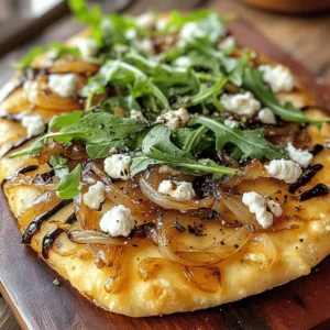 - 1 store-bought or homemade flatbread (or naan) - 2 large onions, thinly sliced - 2 tablespoons extra-virgin olive oil - 1 teaspoon sea salt - 1 teaspoon granulated sugar - 4 ounces creamy goat cheese, crumbled I choose either store-bought or homemade flatbread for this recipe. Homemade flatbread gives a personal touch, while store-bought saves time. Next, I use two large onions, sliced thin. The onions need to be sweet and soft after cooking. The olive oil helps to cook the onions evenly. I add sea salt and sugar to enhance their natural sweetness. Finally, I crumble the creamy goat cheese over the onions. - 1 cup fresh arugula, washed and dried - 1 tablespoon balsamic glaze - Freshly cracked black pepper, to taste For a fresh kick, I add arugula on top after baking. The balsamic glaze gives a nice tangy flavor. I finish with freshly cracked black pepper to add depth. - Skillet for caramelizing onions - Baking sheet or pizza stone for baking I use a skillet to caramelize the onions, ensuring they cook well. A baking sheet or pizza stone bakes the flatbread perfectly. Having the right tools makes the process easier and more fun. 1. Heat 2 tablespoons of olive oil in a large skillet over medium heat. 2. Add 2 large, thinly sliced onions to the hot oil. 3. Sprinkle in 1 teaspoon of sea salt and 1 teaspoon of granulated sugar. 4. Stir the onions well to coat them in the oil, salt, and sugar. 5. Cook the onions for about 20-25 minutes. Stir occasionally. 6. Look for a deep, golden brown color. They should be soft and sweet. 1. While the onions cook, preheat your oven to 400°F (200°C). 2. Get your flatbread ready by laying it out on a baking sheet or pizza stone. 1. Once the onions are caramelized, spread them evenly over the flatbread. 2. Crumble 4 ounces of creamy goat cheese on top of the onions. 3. Place the flatbread in the preheated oven and bake for 10-12 minutes. 4. Watch for golden edges and melted cheese. This shows it's ready. 5. After baking, let it cool for a few minutes before slicing. 6. Top with fresh arugula and drizzle some balsamic glaze over it. 7. Add freshly cracked black pepper for extra flavor. Enjoy! To get perfect caramelized onions, keep the heat at medium. This helps the onions cook evenly without burning. Stir them every few minutes. This careful stirring helps them cook well and not stick. Look for signs that tell you the onions are ready. They should be soft, golden brown, and sweet. If they are still hard or pale, give them more time. Patience is key! To make your flatbread even better, add some seasonings. A pinch of thyme or rosemary works great. These herbs add depth to the dish. Also, a little salt and pepper can balance the sweet taste of the onions. Remember to balance flavors. The creamy goat cheese adds richness, while the balsamic glaze brings a nice tang. This mix makes each bite exciting! When serving your flatbread, cut it into wedges. This makes it easy for everyone to grab a piece. You can also serve it with extra arugula on the side. The fresh greens add a nice crunch. For drinks, a light white wine pairs well. If you prefer something non-alcoholic, a sparkling water with lemon works too. Both options enhance the flavors without overpowering them. {{image_4}} You can swap goat cheese for other types. Try feta for a salty kick. Cream cheese gives a creamy texture. If you want a stronger flavor, use blue cheese. For vegan options, look for plant-based cheeses. Many brands make almond or cashew cheese. These mimic the taste of goat cheese well. Add more veggies to the flatbread. Spinach adds color and nutrition. Roasted bell peppers bring sweetness. Mushrooms can add a nice umami flavor. For protein, consider grilled chicken or bacon. Both pair well with the rich cheese. Drizzle your flatbread with sauces for extra flavor. Pesto or herb oil can elevate each bite. Flatbreads come in many types. You can use pita or focaccia instead of traditional flatbread. Both add different textures. If you need gluten-free options, check for gluten-free flatbreads. Many stores offer tasty choices. You can even make your own with almond flour for a unique twist. To keep your flatbread fresh, store it in the fridge. Use an airtight container or wrap it tightly in plastic wrap. This helps prevent it from drying out. Make sure it cools down before you store it. If you have extra toppings, store them separately. This way, the flatbread stays crispy, and toppings remain fresh. Reheating flatbread can be tricky. I recommend using an oven or toaster oven for the best results. Set the oven to 350°F (177°C). Place the flatbread on a baking sheet and heat for about 8-10 minutes. This keeps the edges crispy and the cheese melty. Avoid using a microwave, as it can make the flatbread chewy. If you want to freeze your flatbread, wrap it tightly in foil or freezer bags. This helps prevent freezer burn. You can freeze it for up to three months. When you’re ready to eat, let it thaw in the fridge overnight. Reheat it in the oven for the best texture. To make homemade flatbread, you need simple ingredients. Start with: - 2 cups all-purpose flour - 1 teaspoon salt - 3/4 cup warm water - 1 tablespoon olive oil Mix the flour and salt in a bowl. Add the warm water and olive oil. Knead the dough on a floured surface until smooth. Let it rest for 30 minutes. Roll the dough into thin rounds. Cook each round in a hot skillet for 1-2 minutes on each side. You want them to puff up slightly. This easy flatbread pairs perfectly with many toppings. Yes, you can make caramelized onions ahead of time. Cook them as usual, then cool them down. Store them in a sealed container in the fridge for up to a week. You can also freeze them for up to three months. To use frozen onions, thaw them in the fridge overnight. Reheat in a pan over low heat until warm. This saves time when you’re ready to make your flatbread. You can serve many sides with this flatbread. Here are some ideas: - Fresh arugula salad with a light vinaigrette - Tomato soup for a warm pairing - Roasted vegetables for added flavor - A cheese platter with assorted cheeses and fruits These sides enhance the meal and balance the rich flavors of the flatbread. Enjoy experimenting with different pairings! This blog covered how to make delicious caramelized onion goat cheese flatbread. We explored key ingredients like flatbreads, onions, and goat cheese. You learned how to caramelize onions, prepare your flatbread, and assemble the dish. I shared tips to perfect your flavors and ideas for variations. With proper storage and reheating methods, you can enjoy leftovers too. Remember, cooking is all about creativity. Don’t hesitate to experiment with your ingredients and flavors. Enjoy your tasty creation!