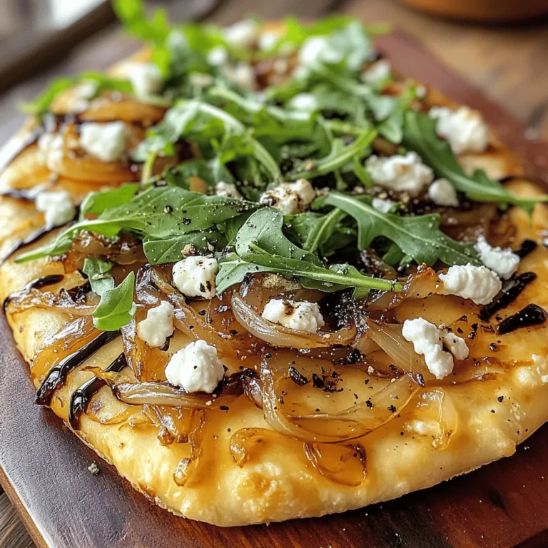 - 1 store-bought or homemade flatbread (or naan) - 2 large onions, thinly sliced - 2 tablespoons extra-virgin olive oil - 1 teaspoon sea salt - 1 teaspoon granulated sugar - 4 ounces creamy goat cheese, crumbled I choose either store-bought or homemade flatbread for this recipe. Homemade flatbread gives a personal touch, while store-bought saves time. Next, I use two large onions, sliced thin. The onions need to be sweet and soft after cooking. The olive oil helps to cook the onions evenly. I add sea salt and sugar to enhance their natural sweetness. Finally, I crumble the creamy goat cheese over the onions. - 1 cup fresh arugula, washed and dried - 1 tablespoon balsamic glaze - Freshly cracked black pepper, to taste For a fresh kick, I add arugula on top after baking. The balsamic glaze gives a nice tangy flavor. I finish with freshly cracked black pepper to add depth. - Skillet for caramelizing onions - Baking sheet or pizza stone for baking I use a skillet to caramelize the onions, ensuring they cook well. A baking sheet or pizza stone bakes the flatbread perfectly. Having the right tools makes the process easier and more fun. 1. Heat 2 tablespoons of olive oil in a large skillet over medium heat. 2. Add 2 large, thinly sliced onions to the hot oil. 3. Sprinkle in 1 teaspoon of sea salt and 1 teaspoon of granulated sugar. 4. Stir the onions well to coat them in the oil, salt, and sugar. 5. Cook the onions for about 20-25 minutes. Stir occasionally. 6. Look for a deep, golden brown color. They should be soft and sweet. 1. While the onions cook, preheat your oven to 400°F (200°C). 2. Get your flatbread ready by laying it out on a baking sheet or pizza stone. 1. Once the onions are caramelized, spread them evenly over the flatbread. 2. Crumble 4 ounces of creamy goat cheese on top of the onions. 3. Place the flatbread in the preheated oven and bake for 10-12 minutes. 4. Watch for golden edges and melted cheese. This shows it's ready. 5. After baking, let it cool for a few minutes before slicing. 6. Top with fresh arugula and drizzle some balsamic glaze over it. 7. Add freshly cracked black pepper for extra flavor. Enjoy! To get perfect caramelized onions, keep the heat at medium. This helps the onions cook evenly without burning. Stir them every few minutes. This careful stirring helps them cook well and not stick. Look for signs that tell you the onions are ready. They should be soft, golden brown, and sweet. If they are still hard or pale, give them more time. Patience is key! To make your flatbread even better, add some seasonings. A pinch of thyme or rosemary works great. These herbs add depth to the dish. Also, a little salt and pepper can balance the sweet taste of the onions. Remember to balance flavors. The creamy goat cheese adds richness, while the balsamic glaze brings a nice tang. This mix makes each bite exciting! When serving your flatbread, cut it into wedges. This makes it easy for everyone to grab a piece. You can also serve it with extra arugula on the side. The fresh greens add a nice crunch. For drinks, a light white wine pairs well. If you prefer something non-alcoholic, a sparkling water with lemon works too. Both options enhance the flavors without overpowering them. {{image_4}} You can swap goat cheese for other types. Try feta for a salty kick. Cream cheese gives a creamy texture. If you want a stronger flavor, use blue cheese. For vegan options, look for plant-based cheeses. Many brands make almond or cashew cheese. These mimic the taste of goat cheese well. Add more veggies to the flatbread. Spinach adds color and nutrition. Roasted bell peppers bring sweetness. Mushrooms can add a nice umami flavor. For protein, consider grilled chicken or bacon. Both pair well with the rich cheese. Drizzle your flatbread with sauces for extra flavor. Pesto or herb oil can elevate each bite. Flatbreads come in many types. You can use pita or focaccia instead of traditional flatbread. Both add different textures. If you need gluten-free options, check for gluten-free flatbreads. Many stores offer tasty choices. You can even make your own with almond flour for a unique twist. To keep your flatbread fresh, store it in the fridge. Use an airtight container or wrap it tightly in plastic wrap. This helps prevent it from drying out. Make sure it cools down before you store it. If you have extra toppings, store them separately. This way, the flatbread stays crispy, and toppings remain fresh. Reheating flatbread can be tricky. I recommend using an oven or toaster oven for the best results. Set the oven to 350°F (177°C). Place the flatbread on a baking sheet and heat for about 8-10 minutes. This keeps the edges crispy and the cheese melty. Avoid using a microwave, as it can make the flatbread chewy. If you want to freeze your flatbread, wrap it tightly in foil or freezer bags. This helps prevent freezer burn. You can freeze it for up to three months. When you’re ready to eat, let it thaw in the fridge overnight. Reheat it in the oven for the best texture. To make homemade flatbread, you need simple ingredients. Start with: - 2 cups all-purpose flour - 1 teaspoon salt - 3/4 cup warm water - 1 tablespoon olive oil Mix the flour and salt in a bowl. Add the warm water and olive oil. Knead the dough on a floured surface until smooth. Let it rest for 30 minutes. Roll the dough into thin rounds. Cook each round in a hot skillet for 1-2 minutes on each side. You want them to puff up slightly. This easy flatbread pairs perfectly with many toppings. Yes, you can make caramelized onions ahead of time. Cook them as usual, then cool them down. Store them in a sealed container in the fridge for up to a week. You can also freeze them for up to three months. To use frozen onions, thaw them in the fridge overnight. Reheat in a pan over low heat until warm. This saves time when you’re ready to make your flatbread. You can serve many sides with this flatbread. Here are some ideas: - Fresh arugula salad with a light vinaigrette - Tomato soup for a warm pairing - Roasted vegetables for added flavor - A cheese platter with assorted cheeses and fruits These sides enhance the meal and balance the rich flavors of the flatbread. Enjoy experimenting with different pairings! This blog covered how to make delicious caramelized onion goat cheese flatbread. We explored key ingredients like flatbreads, onions, and goat cheese. You learned how to caramelize onions, prepare your flatbread, and assemble the dish. I shared tips to perfect your flavors and ideas for variations. With proper storage and reheating methods, you can enjoy leftovers too. Remember, cooking is all about creativity. Don’t hesitate to experiment with your ingredients and flavors. Enjoy your tasty creation!
