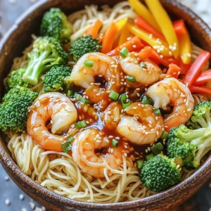 - 8 oz. rice noodles - 1 lb. large shrimp, peeled and deveined - 2 tablespoons soy sauce - 2 tablespoons teriyaki sauce - 1 cup broccoli florets - 1 bell pepper, thinly sliced (any color will do) - 1 medium carrot, julienned - 1 tablespoon fresh ginger, minced - 1 clove garlic, minced - 2 green onions, finely chopped - Sesame seeds for garnish The main ingredients in this dish create a strong base. The rice noodles bring a soft texture. Large shrimp add a great protein source and flavor. Soy sauce and teriyaki sauce give the dish its sweet and salty taste. Next, we have the vegetables. Broccoli florets add crunch and color. Bell pepper adds sweetness and brightness. Carrot brings a nice bite and even more color. For the aromatics and garnish, fresh ginger gives warmth and spice. Garlic adds a savory depth. Green onions bring freshness, while sesame seeds give a delightful crunch. These ingredients come together in a quick and easy way. You can enjoy a tasty meal in just 15 minutes! To start, boil water in a large pot. When the water is bubbling, add 8 oz. of rice noodles. Cook them for 3-5 minutes, or as the package says. Once they are soft, drain the noodles in a colander and set them aside. This step is simple but key for a great meal. Next, heat a large skillet over medium heat. Add 1 tablespoon of sesame oil and wait for it to get hot. Then, toss in 1 clove of minced garlic and 1 tablespoon of minced ginger. Stir them for about 30 seconds. You want them to smell great, but don’t let them burn. This mix brings a lovely flavor to your dish. Now, it’s time to add some color! Add 1 cup of broccoli florets, 1 sliced bell pepper, and 1 medium carrot, julienned. Stir-fry these for 3-4 minutes. Keep an eye on them to maintain their bright colors and crispness. This is where your dish starts to come alive. Add 1 lb. of large, peeled, and deveined shrimp to the skillet. Pour in 2 tablespoons of soy sauce and 2 tablespoons of teriyaki sauce. Stir everything well. Cook until the shrimp turn pink and opaque, which should take about 3-4 minutes. This step makes the shrimp tasty and blends all the flavors. Gently fold the cooked rice noodles into the shrimp and veggie mix. Toss everything together until the noodles are well-coated with sauce. This ensures each bite is packed with flavor. Make sure the noodles are heated through too. Finally, divide the noodle mixture into bowls. For a nice touch, top with chopped green onions and a sprinkle of sesame seeds. This adds a fresh crunch. You can also add a lime wedge on the side for a zesty kick. Serve in deep bowls for a cozy feel. To keep your Teriyaki Shrimp Noodle Bowls under 15 minutes, start with the noodles. Boil water first for the rice noodles. While it heats, prep your veggies and shrimp. Cook the noodles as soon as the water boils. This way, you save time and keep things moving. Once the noodles cook, drain and set them aside. Next, heat your skillet or wok. Sauté the garlic and ginger while the noodles cook. This multitasking helps you stay on track. Aim to finish everything at the same time for a hot meal. To make your noodle bowls even better, consider adding toppings. Try chopped cilantro, crushed peanuts, or sliced radishes for a fresh twist. You can also mix in other vegetables like snap peas or zucchini for extra crunch. If you want to customize the sauce, think about adding a splash of lime juice. This will give your dish a zesty kick. You can also add a bit of honey or chili paste to adjust the flavor to your liking. When sautéing, always heat the skillet before adding oil. This helps the oil glide smoothly. Use medium heat to avoid burning the garlic and ginger. Stir constantly to keep them fragrant but not charred. For perfect shrimp, watch their color closely. They should turn pink and opaque. This usually takes about 3-4 minutes. Don’t overcrowd the pan; cook in batches if needed. This way, each shrimp gets the heat it needs for that perfect bite. {{image_4}} You can swap shrimp for chicken or tofu. If you choose chicken, cut it into small pieces. Cook the chicken for about 5-7 minutes until it's no longer pink. For tofu, press it to remove water, then cube it. Cook tofu for about 4-5 minutes until golden brown. Adjusting cooking times helps you get the best texture. You can use many vegetables in this dish. Snap peas, zucchini, or mushrooms work well too. Feel free to mix and match based on what you have. Seasonal veggies like asparagus or bell peppers can add great flavor. Using fresh, in-season produce will enhance your meal. To make this dish gluten-free, choose gluten-free soy sauce. Many brands offer gluten-free options that taste great. If you cannot find rice noodles, use quinoa or zucchini noodles. These substitutes keep the dish tasty and safe for gluten-sensitive diets. To store leftover teriyaki shrimp noodle bowls, let them cool first. Place the leftovers in an airtight container. This keeps them fresh. You can store them in the fridge for up to 3 days. After that, they may lose flavor and texture. When you are ready to eat, you can reheat the noodles. The best method is to use a skillet. Heat it over medium heat. Add a splash of water or teriyaki sauce. This helps keep the noodles moist. Stir often to heat evenly. You can also use a microwave. Just cover the bowl to keep moisture in. Heat in short bursts, stirring in between. If you want to freeze leftovers, it is best to separate the shrimp and noodles. Place them in freezer-safe bags. Squeeze out the air to prevent freezer burn. You can freeze them for up to 2 months. When you want to eat them, thaw in the fridge overnight. After thawing, reheat using the methods mentioned above. This keeps the flavor and texture nice. Making teriyaki shrimp noodle bowls takes just 15 minutes. You can split this time into 10 minutes for prep and 5 minutes for cooking. This quick meal is perfect for busy nights when you want something tasty without long waits. Yes, you can use frozen shrimp! Just thaw them before cooking. Place the shrimp in cold water for about 15 minutes. This method will help you save time. Frozen shrimp can work well, but fresh shrimp often taste better. You can serve teriyaki shrimp noodle bowls with a side of edamame or a fresh salad. These sides add nice texture and flavor. Steamed dumplings or a light miso soup also pair well. They enhance your meal and make it more filling. Yes, you can make this dish vegetarian! Substitute shrimp with tofu or tempeh. Use the same cooking method for these proteins. You might also want to add more veggies like bell peppers or snap peas to keep it hearty and satisfying. To add heat, you can include red pepper flakes or sriracha sauce. Toss a small amount in while cooking the shrimp. You can also serve with sliced jalapeños on the side for extra spice. Adjust the amount based on your heat preference. This blog covered how to make tasty teriyaki shrimp noodle bowls. You learned about key ingredients like rice noodles, shrimp, and veggies. We went through the steps to cook everything perfectly and shared tips to save time. Variations let you swap proteins or add veggies. Lastly, we discussed storage and reheating options. Enjoy your cooking adventure and make these bowls your own! With a few simple tweaks, you can create a dish just for you.