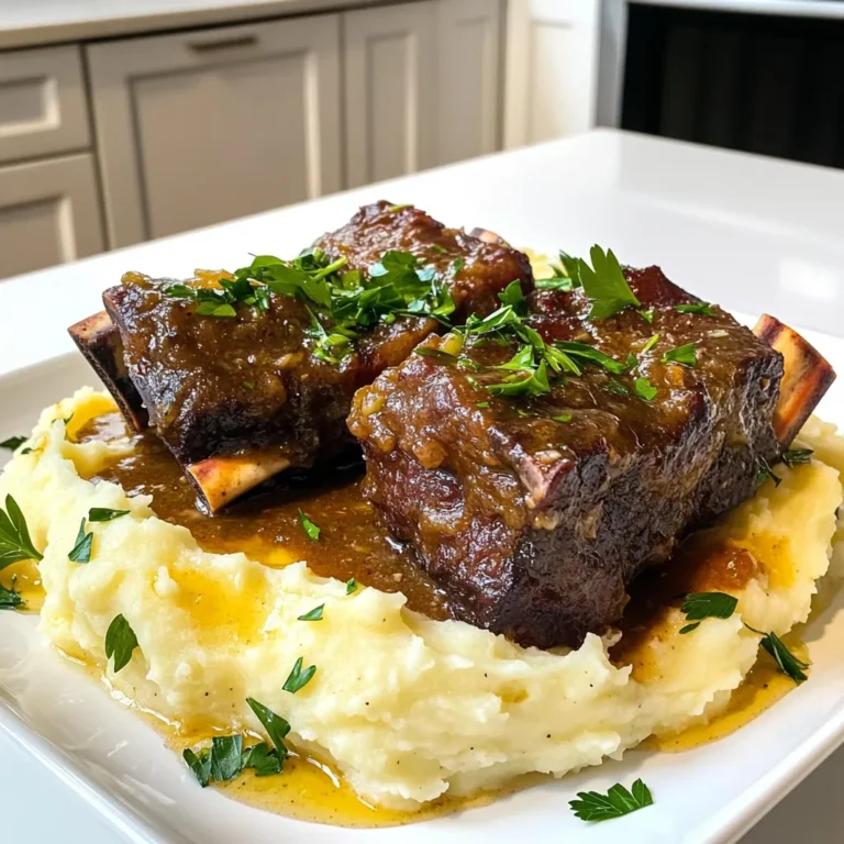 - 3 pounds beef short ribs - 2 tablespoons olive oil - 1 large onion, finely chopped - 4 cloves garlic, minced (plus more for mashing) - 2 carrots, diced - 2 celery stalks, diced - 2 cups beef broth - 1 teaspoon dried thyme - 1 teaspoon smoked paprika - Salt and pepper, to taste - 2 pounds potatoes, peeled and cut into chunks - ½ cup milk - 4 tablespoons unsalted butter - Fresh parsley, chopped (for garnish) Gathering all the right ingredients is key. Start with the beef short ribs. Look for good quality meat for the best flavor. Olive oil gives a nice sear to the ribs. Next, you need some veggies. The onion adds sweetness, while garlic gives that wonderful aroma. Carrots and celery add depth to the dish. Don't forget the seasonings! Beef broth will keep the ribs moist. Thyme and smoked paprika bring out rich flavors. You can adjust salt and pepper to your taste. For the garlic mash, gather potatoes, milk, and butter. These will create a creamy base for the ribs. Fresh parsley adds a touch of color at the end. With everything ready, you will create a dish that warms the heart and soul. First, heat 2 tablespoons of olive oil in a large skillet over medium-high heat. Season the 3 pounds of beef short ribs with salt and pepper on all sides. When the oil shimmers, add the ribs. Sear each rib for about 3-4 minutes until they are golden brown. Once done, transfer the ribs to the slow cooker. In the same skillet, add 1 large chopped onion, 4 minced garlic cloves, 2 diced carrots, and 2 diced celery stalks. Cook these for 5-7 minutes. Stir often until the onions soften and turn translucent. After this, add the vegetable mixture to the slow cooker, spreading it evenly over the ribs. Next, gently pour 2 cups of beef broth over the ribs and vegetables in the slow cooker. Sprinkle 1 teaspoon of dried thyme and 1 teaspoon of smoked paprika on top. Use a spoon to stir gently, mixing the spices and liquids with the meat and veggies. Cover the slow cooker with its lid. Set it to cook on low for about 8 hours or on high for 4-5 hours. This slow cooking helps the beef become very tender. You will know it’s ready when the meat pulls apart easily with a fork. About 30 minutes before serving, bring a large pot of salted water to boil. Add 2 pounds of peeled and chopped potatoes. Cook them for about 15-20 minutes until they are fork-tender. Once done, drain the potatoes and return them to the pot. To the drained potatoes, mix in the minced garlic, ½ cup of milk, and 4 tablespoons of unsalted butter. Mash until creamy and smooth. Season with salt and pepper to taste. When the ribs are ready, serve each rib on a scoop of garlic mash. Drizzle with some of the tasty braising liquid from the slow cooker for extra flavor. Finally, garnish with freshly chopped parsley for a nice touch. - Sear the ribs well to boost flavor. Start with hot oil to get a nice crust. - Season the meat generously with salt and pepper. This step adds depth to your dish. When I sear the ribs, I take my time. A good sear means a rich taste. I love the golden-brown color that forms. It makes the ribs look great and taste even better. - Use warm milk for a smoother mash. This small step makes a big difference in texture. - Adjust the garlic based on your taste. More garlic gives a stronger flavor, which I enjoy. For the garlic mash, I always mash the potatoes while they are hot. It helps them blend better with the milk and butter. I like to add just the right amount of garlic to match my mood. - Avoid overfilling the slow cooker. It helps the food cook evenly and safely. - Check the internal temperature of the ribs. They should be tender and reach at least 190°F for the best texture. With the slow cooker, I like to set it up and forget it. Just make sure to check it once in a while. This way, you can enjoy a great meal without too much fuss. {{image_4}} You can change up the garnish for your dish. Instead of parsley, try using chives or green onions. Both options add a fresh look and taste. You might also sprinkle cheese on top. Cheese adds a layer of richness that is hard to resist. If you want a quicker option, use an Instant Pot. It cooks the ribs faster while keeping them tender and juicy. If you don’t have a slow cooker, you can oven-braise the ribs. Just place them in a Dutch oven with the same ingredients and cook at a low temperature. This method gives great flavor, too. To add depth to the taste, consider using red wine or balsamic vinegar. Both ingredients enhance the sauce and make it richer. You can also play with different spice blends to find your favorite. A hint of cumin or a dash of chili powder can bring new life to the dish. Don't hesitate to get creative and adjust the flavors to your liking! To keep your braised short ribs fresh, place them in an airtight container. Make sure the lid is tight. This helps keep the meat juicy. Store your garlic mashed potatoes in a separate container. This prevents them from getting soggy. You can freeze braised ribs with sauce. They last for up to 3 months. Just pack them in a freezer-safe container. For the mashed potatoes, you can also freeze them. This gives you quick sides later. When it’s time to eat, reheat in the microwave or on the stovetop. Stir often to heat evenly. For the mashed potatoes, add a splash of milk. This helps bring back their creamy texture. Enjoy your meal again, just like the first time! Yes, you can braise short ribs on the stovetop or in the oven. For stovetop braising, sear the ribs in a heavy pot. Then, add your veggies, broth, and spices. Cover the pot and cook on low heat for about 3 hours. For oven braising, sear the ribs in an oven-safe pot, add the ingredients, and cover. Bake in a preheated oven at 325°F for 2.5 to 3 hours. Both methods yield tender, flavorful ribs. To lighten the garlic mash, swap out regular potatoes for cauliflower. Steam the cauliflower instead of boiling. Blend it with garlic, a splash of low-fat milk, and a little olive oil. You can also reduce the butter and use Greek yogurt for creaminess. This will keep the mash delicious but lower in calories. Braised short ribs pair well with many sides. Here are some great options: - Roasted vegetables for color and texture. - A simple green salad to add freshness. - Creamy polenta for a smooth, comforting side. - Steamed green beans for a crisp bite. These sides will complement the rich flavors of the ribs. You can store leftovers in the fridge for up to 3 days. Make sure to place the ribs and garlic mash in airtight containers. If you want to keep them longer, freeze them. When stored properly, the ribs can last up to 3 months in the freezer. Always reheat until hot before serving. This blog post covered a delicious recipe for braised short ribs and creamy garlic mash. We discussed the key ingredients, step-by-step instructions, and helpful tips to get it just right. Remember to sear the ribs well for deep flavor and test your mash for creaminess. You can also try different spices or cooking methods to make the dish your own. Enjoy your meal, and don’t forget to share your twists! Cooking should be fun, and I hope you find joy in making this dish.