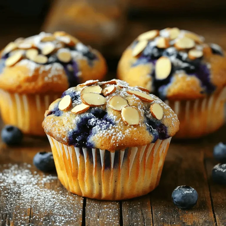 - 1 cup fresh blueberries (or frozen, if out of season) - 1 cup all-purpose flour - 1/2 cup almond flour - 1/2 cup granulated sugar - 1/4 cup packed brown sugar - 1/2 cup unsalted butter, melted - 2 large eggs, at room temperature - 1/2 cup milk (or almond milk for a dairy-free alternative) - 1 teaspoon pure vanilla extract - 1 tablespoon baking powder - 1/2 teaspoon salt - 1/2 teaspoon ground cinnamon - 1/4 cup sliced almonds (for topping) You need about 15 minutes to prep. The total time to bake is around 35 minutes. This recipe makes 12 muffins. Each muffin is soft and packed with flavor. Each muffin has about 200 calories. They contain 8 grams of fat, 28 grams of carbs, and 3 grams of protein. These muffins also offer some fiber from the blueberries and almond flour. Blueberries give antioxidants, too, making them a tasty choice. Enjoy these muffins as a breakfast treat or a snack! Start by preheating your oven to 375°F (190°C). This ensures even baking. While the oven warms, prepare your muffin tin. You can use paper liners or grease the cups with non-stick spray. This step helps the muffins release easily when baked. In a large mixing bowl, combine the melted butter with granulated sugar and brown sugar. Whisk these together until creamy. Next, add the eggs, milk, and vanilla extract. Whisk until smooth. This mixture is the base for your muffins. It adds moisture and sweet flavor. In another bowl, mix the all-purpose flour, almond flour, baking powder, salt, and ground cinnamon. This step ensures even distribution of the leavening agent and spices. Now, gently fold the dry mix into the wet ingredients. Use a spatula or wooden spoon to combine them without overmixing. This keeps your muffins light and fluffy. Finally, gently fold in the blueberries for bursts of flavor in every bite. To keep your muffins light and fluffy, don’t overmix the batter. When you combine wet and dry ingredients, mix gently. Just fold until you see no dry flour. Overmixing adds too much air and makes muffins dense. Another tip is to use room temperature eggs and milk. This helps the batter stay smooth and blend well. Finally, make sure your baking powder is fresh. Old baking powder won’t rise properly, leading to flat muffins. To store your muffins, let them cool first. Then, place them in an airtight container. This keeps them fresh for about three days at room temperature. If you want to keep them longer, freeze them! Wrap each muffin in plastic wrap and place them in a freezer bag. They can last for up to three months in the freezer. When you’re ready to eat, just thaw them at room temperature or microwave them for a quick treat. You can easily tweak the recipe for different needs. If you’re gluten-free, swap all-purpose flour with a gluten-free mix. Using almond flour adds flavor but can make muffins denser; so, balance it out with more gluten-free flour. For dairy-free diets, use almond milk in place of regular milk. You can also try flax eggs instead of chicken eggs. Mix one tablespoon of ground flaxseed with three tablespoons of water and let it sit for five minutes. This creates a great egg substitute! {{image_4}} You can mix other fruits with blueberries. Try raspberries or chopped strawberries. They add a sweet twist. You can also use peaches or apples for a fun flavor change. Just make sure to keep the fruit pieces small. This way, they blend well into the muffin batter. To make these muffins gluten-free, swap the all-purpose flour. Use a gluten-free flour blend instead. Make sure it has xanthan gum to help with texture. This blend keeps your muffins fluffy and light. Almond flour already makes the recipe nutty and tasty. For a vegan version, replace eggs with flax eggs. Mix one tablespoon of ground flaxseed with three tablespoons of water. Let it sit for five minutes to thicken. Use almond milk instead of regular milk. You can also use coconut oil instead of butter. These changes keep the muffins moist and delicious. I love exploring local bakeries that offer blueberry almond muffins. These muffins are fluffy, tasty, and perfect for breakfast or a snack. Many bakeries use fresh blueberries and real almond flour, which adds a nice flavor. Here are a few local spots I recommend: - Sweet Treats Bakery: Known for their fresh ingredients and warm muffins. - Morning Bliss Cafe: They offer a great selection and often have special flavors. - Baker's Delight: Famous for their almond toppings and soft textures. These bakeries make blueberry almond muffins that are simply delightful. When it comes to pricing, blueberry almond muffins are usually affordable. Most bakeries charge between $2 to $4 each. Here are some menu highlights to look for: - Classic Blueberry Almond Muffin: A must-try with a crunchy almond topping. - Seasonal Specials: Some bakeries mix in other fruits, like peaches or raspberries. - Dairy-Free Options: Many bakeries now offer muffins made with almond milk. These options make it easy for everyone to enjoy a treat. Customers rave about blueberry almond muffins. Here are some common praises: - “These muffins are so moist and flavorful!” - “I love the almond crunch on top.” - “Perfect for a quick breakfast on the go.” These reviews show how much people enjoy these sweet treats. If you haven't tried one yet, I suggest you do! Yes, you can use frozen blueberries in your muffins. They work well, especially when fresh ones are not in season. Just add them straight from the freezer. This helps keep your muffins moist and packed with flavor. I love using frozen blueberries when I want to whip up muffins quickly. They still taste great and save time on prep. To check if your muffins are done, insert a toothpick into the center. If it comes out clean or with a few crumbs, they are ready. This simple test helps you avoid underbaking or overbaking. I usually start checking them around the 18-minute mark to get the perfect bake every time. To reheat muffins, I recommend using a microwave or an oven. In the microwave, heat them for about 10-15 seconds. If you prefer the oven, set it to 350°F. Wrap muffins in foil and warm them for about 5-10 minutes. This keeps them soft and tasty. Enjoy your muffins warm for the best flavor! Blueberry almond muffins are easy to make and taste great. We covered the ingredients, preparation, and nutritional facts. You learned step-by-step instructions for baking. I shared tips to avoid dense muffins and how to store them well. We explored tasty variations and local bakeries for great muffins. Remember, you can adapt the recipe for your needs. Enjoy your baking adventure and make these muffins your own!