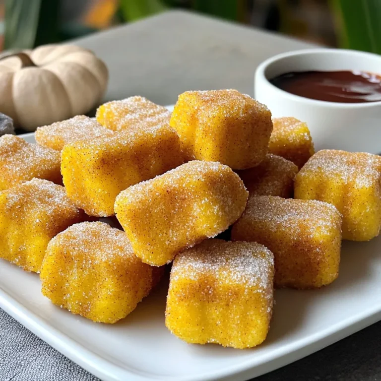 - 1 cup water - 1/2 cup unsalted butter, cut into pieces - 1 cup all-purpose flour - 1/2 teaspoon salt - 1 teaspoon pumpkin spice blend (a mix of cinnamon, nutmeg, ginger, and allspice) - 3 large eggs, at room temperature - Vegetable oil, for frying - 1/2 cup granulated sugar - 1 tablespoon pumpkin spice blend (for coating) - Optional: 1/2 cup chocolate sauce, for dipping Gathering the right ingredients is key to making pumpkin spice churro bites. Each item plays a role in creating that warm, cozy flavor. The water and butter form the base of your dough. The flour gives it structure. Salt enhances all the flavors. The pumpkin spice blend adds that special fall taste we all love. Using eggs lets the dough rise and become light. The vegetable oil is crucial for frying. It gives the churros their crispy outer layer. The granulated sugar and extra pumpkin spice blend for coating make them sweet and spiced perfectly. If you want to make it extra special, consider adding chocolate sauce for dipping. It’s a delightful combo that adds richness to your bites. With these ingredients, you’re ready to create a treat that captures the essence of fall. 1. Combining Water and Butter: Start by taking a medium saucepan. Add 1 cup of water and 1/2 cup of unsalted butter. Heat this over medium heat. Stir it gently. Wait until the butter melts completely. This will take a few minutes. 2. Adding Dry Ingredients: Once the butter melts, bring the mixture to a gentle simmer. Remove it from the heat. Gradually sprinkle in 1 cup of all-purpose flour and 1/2 teaspoon of salt. Add 1 teaspoon of pumpkin spice blend. Stir with a wooden spoon. Keep mixing until the dough forms a ball. It should pull away from the pan's sides. 3. Incorporating Eggs: Let the dough cool for about 5 minutes. This step is important. It helps prevent cooking the eggs. Now add 3 large eggs, one at a time. Mix well after each egg. Your dough should be smooth and creamy at the end. 1. Preparing the Frying Setup: In a deep skillet, pour enough vegetable oil to reach about 2 inches deep. Make sure you have enough oil for frying. 2. Ensuring Oil Temperature: Heat the oil over medium-high heat. You want it to reach 375°F (190°C). Use a thermometer for this step. This temperature is key for crispy churro bites. 1. Piping the Dough: Transfer the dough into a piping bag. Use a large star tip for this. Pipe small churro bites, about 1-2 inches long, directly into the hot oil. Remember not to overcrowd the pan. Fry in small batches if needed. 2. Frying Technique and Timing: Fry the churro bites for about 2-3 minutes on each side. They should turn golden brown and crispy. Keep an eye on them for even cooking. 3. Removing and Draining Excess Oil: Use a slotted spoon to remove the churros. Place them on a plate lined with paper towels. This will help soak up any extra oil. 1. Sugar and Spice Mixture: In a shallow bowl, mix together 1/2 cup of granulated sugar and 1 tablespoon of pumpkin spice blend. Stir until combined well. 2. Rolling Churros in the Mixture: While the churro bites are warm, roll them in the sugar mixture. Make sure they are coated evenly. This adds sweetness and spice. 3. Plating Suggestions and Serving Options: Arrange the churro bites neatly on a serving plate. You can serve them warm. For extra fun, add a small bowl of chocolate sauce for dipping. Enjoy your delightful fall treat! - Maintaining oil temperature: Keep the oil at 375°F (190°C). Use a thermometer for accuracy. The right temperature ensures your churro bites fry evenly. If the oil is too cold, the churros will absorb more oil and become greasy. If too hot, they may burn on the outside while remaining raw inside. - Avoiding overcrowding the pan: Fry in small batches. This keeps the oil hot and helps the churros cook evenly. If you add too many at once, the temperature drops. This can lead to soggy churros instead of crispy bites. - Adjusting spice levels: Taste your dough before frying. If you want more flavor, add a bit more pumpkin spice blend. Remember, the balance of flavors matters. You want the spice to shine but not overpower the churro. - Tips for dough consistency: Your dough should be thick and smooth. If it’s too runny, the churro bites will lose shape in the oil. If it’s too stiff, they won’t puff up. Aim for a dough that holds its shape well when piped. - Pairing with dips: Chocolate sauce is a great choice for dipping. You can also try caramel or a cream cheese dip for a fun twist. These enhance the churro bites and add a rich flavor contrast. - Presentation tips: Arrange churro bites on a colorful plate. Sprinkle some extra cinnamon-sugar on top for visual appeal. Consider adding a small bowl of dip in the center to make it inviting. {{image_4}} You can change the spice blend for unique flavors. Try using allspice or cardamom. Mix in a little vanilla for warmth. Seasonal blends can also bring a twist. For winter, use a touch of clove. In spring, consider fresh mint. Each option adds a new layer to the churro bites. If you are gluten-free, swap all-purpose flour for a gluten-free blend. Many brands offer great options. For a vegan version, replace eggs with flaxseed meal. Combine one tablespoon of flaxseed with three tablespoons of water. Let it sit for five minutes until it thickens. This keeps the churro bites light and fluffy. You can infuse your churro bites with chocolate or caramel. Drizzle chocolate sauce or dip them before serving. This adds a rich taste that many enjoy. Nuts can also enhance the texture. Toss in chopped pecans or walnuts. They add crunch and flavor to each bite. To keep your churro bites fresh, store them in an airtight container. This method helps maintain their taste and texture. Place a paper towel at the bottom of the container to absorb moisture. You can put them in the fridge for up to three days. If you want to save them longer, freezing is a great option. Lay the churro bites on a baking sheet in a single layer. Freeze them for about an hour until firm. Once frozen, transfer them to a freezer bag. They can last up to three months in the freezer. To reheat your churro bites, the oven is your best friend. Preheat it to 350°F (175°C). Place the churro bites in a single layer on a baking sheet. Bake for about 5-7 minutes. This method keeps them crispy. Avoid using the microwave, as it can make them soggy. If you must use it, reheat in short bursts. Check often to prevent them from losing their crunch. Enjoy your delightful fall treat warm! To get crispy churro bites, the oil must be hot. Heat your oil to 375°F (190°C). If the oil is too cool, the churros absorb more oil. Fry in small batches. This gives each churro space to cook. Fry each side for 2-3 minutes until golden brown. Drain on paper towels to remove excess oil. Rolling them in sugar while warm adds sweetness and crunch. You can make churro bites ahead of time. To store them, keep in an airtight container at room temperature. They taste best fresh, but you can refrigerate them for a few days. If you refrigerate, reheat them in the oven. Set the oven to 350°F (175°C) for about 5-10 minutes. This helps restore their crispness. Churro bites are great on their own, but dips make them even better. You can serve them with chocolate sauce for a rich touch. Caramel sauce is another sweet option. If you want a tangy contrast, try cream cheese frosting. It’s fun to have a variety for guests to enjoy. Pumpkin spice churro bites stay fresh for about 2 days at room temperature. They can last longer if refrigerated. However, they lose some crispness after a day. If you freeze them, they can last up to a month. To keep them fresh, wrap them tightly in plastic wrap or foil. You learned how to make tasty pumpkin spice churro bites. We covered the key ingredients and steps, from mixing the dough to frying and serving. I shared tips to achieve crunchy bites and even suggested variations for special diets or flavors. Make these delicious treats at home, and enjoy sharing them with friends. With these easy steps, you can impress anyone with your cooking skills. Happy frying!