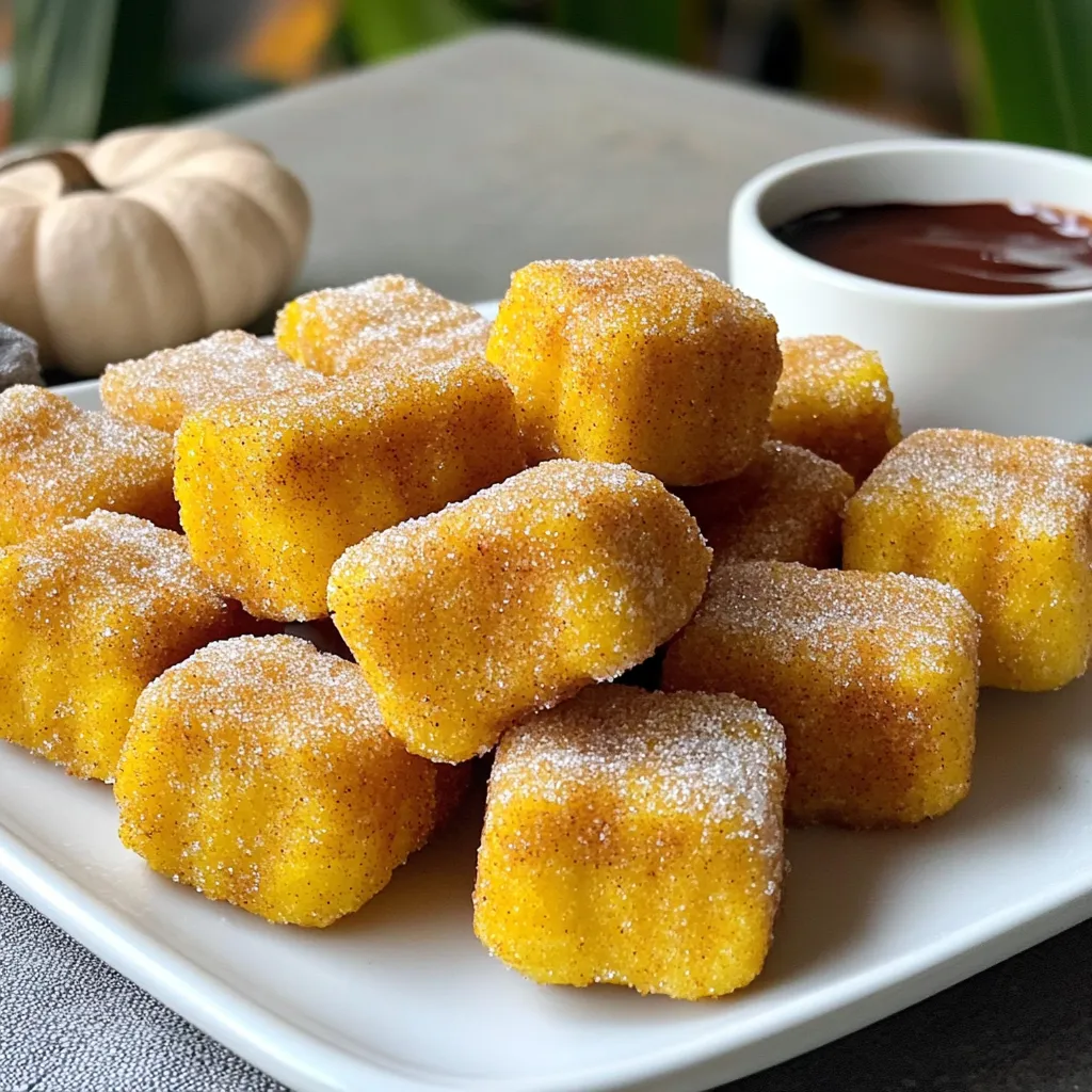 - 1 cup water - 1/2 cup unsalted butter, cut into pieces - 1 cup all-purpose flour - 1/2 teaspoon salt - 1 teaspoon pumpkin spice blend (a mix of cinnamon, nutmeg, ginger, and allspice) - 3 large eggs, at room temperature - Vegetable oil, for frying - 1/2 cup granulated sugar - 1 tablespoon pumpkin spice blend (for coating) - Optional: 1/2 cup chocolate sauce, for dipping Gathering the right ingredients is key to making pumpkin spice churro bites. Each item plays a role in creating that warm, cozy flavor. The water and butter form the base of your dough. The flour gives it structure. Salt enhances all the flavors. The pumpkin spice blend adds that special fall taste we all love. Using eggs lets the dough rise and become light. The vegetable oil is crucial for frying. It gives the churros their crispy outer layer. The granulated sugar and extra pumpkin spice blend for coating make them sweet and spiced perfectly. If you want to make it extra special, consider adding chocolate sauce for dipping. It’s a delightful combo that adds richness to your bites. With these ingredients, you’re ready to create a treat that captures the essence of fall. 1. Combining Water and Butter: Start by taking a medium saucepan. Add 1 cup of water and 1/2 cup of unsalted butter. Heat this over medium heat. Stir it gently. Wait until the butter melts completely. This will take a few minutes. 2. Adding Dry Ingredients: Once the butter melts, bring the mixture to a gentle simmer. Remove it from the heat. Gradually sprinkle in 1 cup of all-purpose flour and 1/2 teaspoon of salt. Add 1 teaspoon of pumpkin spice blend. Stir with a wooden spoon. Keep mixing until the dough forms a ball. It should pull away from the pan's sides. 3. Incorporating Eggs: Let the dough cool for about 5 minutes. This step is important. It helps prevent cooking the eggs. Now add 3 large eggs, one at a time. Mix well after each egg. Your dough should be smooth and creamy at the end. 1. Preparing the Frying Setup: In a deep skillet, pour enough vegetable oil to reach about 2 inches deep. Make sure you have enough oil for frying. 2. Ensuring Oil Temperature: Heat the oil over medium-high heat. You want it to reach 375°F (190°C). Use a thermometer for this step. This temperature is key for crispy churro bites. 1. Piping the Dough: Transfer the dough into a piping bag. Use a large star tip for this. Pipe small churro bites, about 1-2 inches long, directly into the hot oil. Remember not to overcrowd the pan. Fry in small batches if needed. 2. Frying Technique and Timing: Fry the churro bites for about 2-3 minutes on each side. They should turn golden brown and crispy. Keep an eye on them for even cooking. 3. Removing and Draining Excess Oil: Use a slotted spoon to remove the churros. Place them on a plate lined with paper towels. This will help soak up any extra oil. 1. Sugar and Spice Mixture: In a shallow bowl, mix together 1/2 cup of granulated sugar and 1 tablespoon of pumpkin spice blend. Stir until combined well. 2. Rolling Churros in the Mixture: While the churro bites are warm, roll them in the sugar mixture. Make sure they are coated evenly. This adds sweetness and spice. 3. Plating Suggestions and Serving Options: Arrange the churro bites neatly on a serving plate. You can serve them warm. For extra fun, add a small bowl of chocolate sauce for dipping. Enjoy your delightful fall treat! - Maintaining oil temperature: Keep the oil at 375°F (190°C). Use a thermometer for accuracy. The right temperature ensures your churro bites fry evenly. If the oil is too cold, the churros will absorb more oil and become greasy. If too hot, they may burn on the outside while remaining raw inside. - Avoiding overcrowding the pan: Fry in small batches. This keeps the oil hot and helps the churros cook evenly. If you add too many at once, the temperature drops. This can lead to soggy churros instead of crispy bites. - Adjusting spice levels: Taste your dough before frying. If you want more flavor, add a bit more pumpkin spice blend. Remember, the balance of flavors matters. You want the spice to shine but not overpower the churro. - Tips for dough consistency: Your dough should be thick and smooth. If it’s too runny, the churro bites will lose shape in the oil. If it’s too stiff, they won’t puff up. Aim for a dough that holds its shape well when piped. - Pairing with dips: Chocolate sauce is a great choice for dipping. You can also try caramel or a cream cheese dip for a fun twist. These enhance the churro bites and add a rich flavor contrast. - Presentation tips: Arrange churro bites on a colorful plate. Sprinkle some extra cinnamon-sugar on top for visual appeal. Consider adding a small bowl of dip in the center to make it inviting. {{image_4}} You can change the spice blend for unique flavors. Try using allspice or cardamom. Mix in a little vanilla for warmth. Seasonal blends can also bring a twist. For winter, use a touch of clove. In spring, consider fresh mint. Each option adds a new layer to the churro bites. If you are gluten-free, swap all-purpose flour for a gluten-free blend. Many brands offer great options. For a vegan version, replace eggs with flaxseed meal. Combine one tablespoon of flaxseed with three tablespoons of water. Let it sit for five minutes until it thickens. This keeps the churro bites light and fluffy. You can infuse your churro bites with chocolate or caramel. Drizzle chocolate sauce or dip them before serving. This adds a rich taste that many enjoy. Nuts can also enhance the texture. Toss in chopped pecans or walnuts. They add crunch and flavor to each bite. To keep your churro bites fresh, store them in an airtight container. This method helps maintain their taste and texture. Place a paper towel at the bottom of the container to absorb moisture. You can put them in the fridge for up to three days. If you want to save them longer, freezing is a great option. Lay the churro bites on a baking sheet in a single layer. Freeze them for about an hour until firm. Once frozen, transfer them to a freezer bag. They can last up to three months in the freezer. To reheat your churro bites, the oven is your best friend. Preheat it to 350°F (175°C). Place the churro bites in a single layer on a baking sheet. Bake for about 5-7 minutes. This method keeps them crispy. Avoid using the microwave, as it can make them soggy. If you must use it, reheat in short bursts. Check often to prevent them from losing their crunch. Enjoy your delightful fall treat warm! To get crispy churro bites, the oil must be hot. Heat your oil to 375°F (190°C). If the oil is too cool, the churros absorb more oil. Fry in small batches. This gives each churro space to cook. Fry each side for 2-3 minutes until golden brown. Drain on paper towels to remove excess oil. Rolling them in sugar while warm adds sweetness and crunch. You can make churro bites ahead of time. To store them, keep in an airtight container at room temperature. They taste best fresh, but you can refrigerate them for a few days. If you refrigerate, reheat them in the oven. Set the oven to 350°F (175°C) for about 5-10 minutes. This helps restore their crispness. Churro bites are great on their own, but dips make them even better. You can serve them with chocolate sauce for a rich touch. Caramel sauce is another sweet option. If you want a tangy contrast, try cream cheese frosting. It’s fun to have a variety for guests to enjoy. Pumpkin spice churro bites stay fresh for about 2 days at room temperature. They can last longer if refrigerated. However, they lose some crispness after a day. If you freeze them, they can last up to a month. To keep them fresh, wrap them tightly in plastic wrap or foil. You learned how to make tasty pumpkin spice churro bites. We covered the key ingredients and steps, from mixing the dough to frying and serving. I shared tips to achieve crunchy bites and even suggested variations for special diets or flavors. Make these delicious treats at home, and enjoy sharing them with friends. With these easy steps, you can impress anyone with your cooking skills. Happy frying!