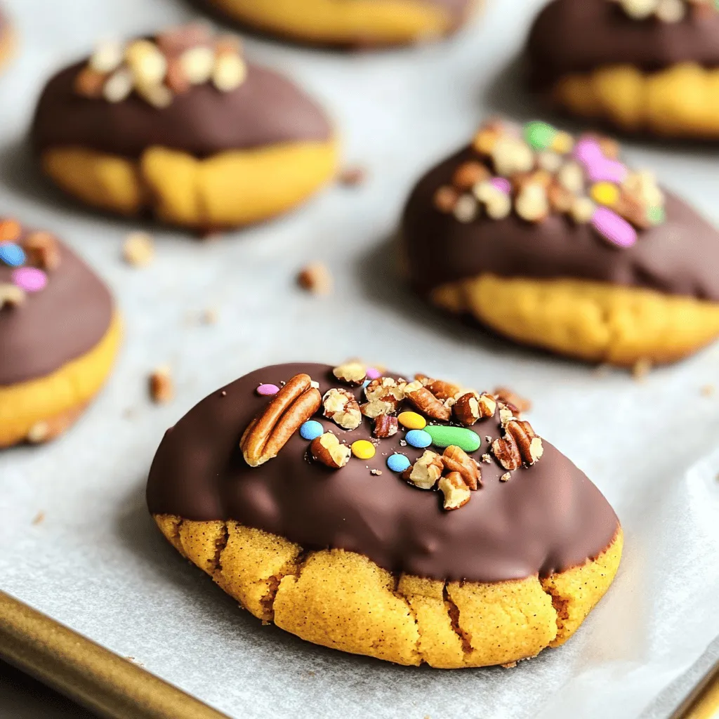 To make these delightful cookies, you will need: - 1 cup pumpkin puree - 1/2 cup unsalted butter, softened to room temperature - 1 cup packed brown sugar - 1/2 cup granulated sugar - 1 large egg, at room temperature - 2 teaspoons pure vanilla extract - 2 cups all-purpose flour - 1 teaspoon baking soda - 1 teaspoon baking powder - 2 teaspoons pumpkin pie spice - 1/2 teaspoon fine salt - 1 cup semi-sweet chocolate chips - 1 tablespoon coconut oil (for melting chocolate) - Optional: Sprinkles or finely crushed pecans for topping You can swap some ingredients if needed: - Pumpkin puree can be replaced with applesauce for a different flavor. - Use coconut butter instead of unsalted butter for a dairy-free option. - Swap granulated sugar with coconut sugar for a lower glycemic index. - If you don’t have pumpkin pie spice, mix cinnamon, ginger, and nutmeg in equal parts. - Dark chocolate chips work well in place of semi-sweet chocolate chips. Using quality ingredients makes a big difference in flavor. Here are some tips: - Choose fresh pumpkin puree from a can or cook your own pumpkin. - Use good quality chocolate for dipping; it melts better. - Check that your spices are fresh to boost flavor. - Look for organic sugars to avoid additives. - Make sure your butter is at room temp for easy mixing. These choices enhance the taste and texture of your cookies. Enjoy the process and the delightful smells in your kitchen! 1. Start by preheating your oven to 350°F (175°C). Line a baking sheet with parchment paper. This helps with cleanup later. 2. In a large bowl, cream together 1/2 cup softened unsalted butter, 1 cup packed brown sugar, and 1/2 cup granulated sugar. Mix until it feels light and fluffy, about 3-4 minutes. 3. Add in 1 cup pumpkin puree, 1 large egg, and 2 teaspoons pure vanilla extract. Beat on medium speed. Make sure everything blends well. 4. In a separate bowl, whisk together 2 cups all-purpose flour, 1 teaspoon baking soda, 1 teaspoon baking powder, 2 teaspoons pumpkin pie spice, and 1/2 teaspoon fine salt. This helps mix the dry ingredients evenly. 5. Gradually mix the dry ingredients into the wet mixture. Use a spatula to fold gently. Don’t overmix; this keeps your cookies soft. 6. Use a tablespoon or cookie scoop to drop dough onto the prepared baking sheet. Space each dollop about 2 inches apart. 7. Bake the cookies in the preheated oven for 10-12 minutes. They should set and the edges turn a light golden brown. The centers may look soft, but they will firm up while cooling. 8. Once done, take the baking sheet out and let the cookies cool for 5 minutes. Then, move them to a wire rack to cool completely. 9. While the cookies cool, prepare the chocolate dip. Place 1 cup semi-sweet chocolate chips and 1 tablespoon coconut oil in a microwave-safe bowl. 10. Heat the mixture in 30-second bursts in the microwave. Stir between each burst until the chocolate is smooth and fully melted. 11. After the cookies are cool, dip half of each cookie into the melted chocolate. Let excess chocolate drip back into the bowl. 12. Place the dipped cookies back on the lined baking sheet. If you want, add toppings like sprinkles or crushed pecans right away. 13. Let the chocolate set at room temperature or chill in the fridge for about 15 minutes to harden. To get soft and chewy cookies, you must not overmix the dough. Mix until the flour just blends in. This keeps the cookies tender. Make sure your butter is softened, but not melted. Chilling the dough for 30 minutes also helps create a nice texture. For smooth dipping, use semi-sweet chocolate chips and coconut oil. The oil helps the chocolate melt easily and adds a nice sheen. Dip half of each cookie for a beautiful look. You can also add toppings right after dipping, like sprinkles or crushed nuts, to make them pop. If your cookies stick, you can use parchment paper on your baking sheet. This helps keep them from sticking. Letting the cookies cool on a wire rack is key too. If they feel soft, wait a few minutes before moving them. This way, they won't break apart. {{image_4}} You can easily make these cookies gluten-free. Simply swap the all-purpose flour with a gluten-free blend. Look for a blend that contains xanthan gum. This helps mimic the texture of regular flour. The cookies will still taste great and keep their soft, chewy texture. While semi-sweet chocolate is a classic choice, you can try other types too. Dark chocolate adds a rich flavor. Milk chocolate offers a sweeter taste. You might even use white chocolate for a fun twist. Just remember to adjust the sweetness based on your chocolate choice. Feel free to get creative with flavors! You can add chopped nuts, like pecans or walnuts, for crunch. Dried cranberries or chocolate chunks can boost taste and texture. For a spiced kick, consider adding a pinch of cinnamon or nutmeg. Each mix-in adds a unique twist to your cookies. To keep your chocolate dipped pumpkin spice cookies fresh, store them in an airtight container. Choose a container that fits the cookies snugly. This helps keep the cookies soft and moist. You can also layer parchment paper between cookies to prevent sticking. Avoid storing them near heat or sunlight, as this can affect their texture. When stored properly, these cookies can last up to one week at room temperature. If you want them to stay fresh longer, consider refrigerating them. In the fridge, they can last up to two weeks. However, the texture may change slightly, becoming firmer. If you want to enjoy these cookies later, freezing is a great option. First, let the cookies cool completely. Then, place them in a single layer on a baking sheet. Freeze them for about an hour until they are solid. After that, transfer them to a freezer-safe bag or container. They can last up to three months in the freezer. To enjoy, simply thaw them at room temperature or warm them in the oven for a few minutes. Yes, you can use canned pumpkin puree in this recipe. It saves time and is easy to find. Just make sure to choose pure pumpkin, not pumpkin pie filling. Pure pumpkin gives the best flavor and texture to your cookies. It keeps the cookies moist and adds that lovely fall taste we all enjoy. To check if the cookies are done, look for a few signs. The edges should be lightly golden. The centers might look soft, which is fine. They will firm up as they cool. You can also gently touch the top of a cookie. If it springs back, they are ready to come out of the oven. Semi-sweet chocolate is the best choice for dipping these cookies. It has a rich flavor that pairs well with pumpkin spice. You can also use dark or milk chocolate if you prefer. Just make sure to melt it carefully to avoid burning. A little coconut oil in the mix helps create a smooth dip. In this post, we explored key ingredients for cookies, their substitutes, and how to ensure quality. We also detailed step-by-step instructions for preparation, baking, and tips for chocolate dipping. You learned how to achieve the perfect cookie texture, enhance flavors, and avoid stickiness. We covered gluten-free and flavor variations, as well as best storage practices. Remember, great cookies come from using the right methods and ingredients. Enjoy making delicious treats that everyone will love!