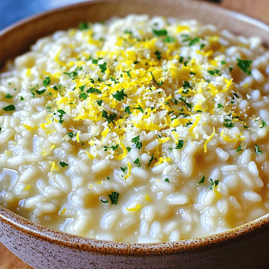 To make this dish, you need a few key items: - 1 cup Arborio rice - 4 cups vegetable broth - 1 medium onion, finely chopped - 3 cloves garlic, minced - 1 tablespoon olive oil - 1 tablespoon butter - Zest of 1 lemon - 1/4 cup fresh lemon juice - 1 cup grated Parmesan cheese - 1/2 teaspoon salt - 1/4 teaspoon black pepper - Fresh parsley, chopped (for garnish) These ingredients create a simple yet flavorful risotto. The Arborio rice gives it a creamy texture. The lemon zest and juice add a bright taste. For the best results, I suggest using these brands: - Arborio rice: Look for brands like Riso Scotti or Lundberg. - Vegetable broth: Swanson or Pacific Foods offer great options. - Parmesan cheese: Freshly grated Parmigiano-Reggiano is ideal for flavor. Using high-quality ingredients helps elevate your dish’s taste. If you have dietary needs, here are some easy swaps: - Arborio rice: You can use Carnaroli rice for a similar texture. - Vegetable broth: Use chicken broth if you prefer a non-vegetarian option. - Parmesan cheese: Nutritional yeast works well for a vegan choice. These substitutes keep the dish tasty while meeting your needs. To start, gather your ingredients. You will need: - 1 cup Arborio rice - 4 cups vegetable broth - 1 medium onion, finely chopped - 3 cloves garlic, minced - 1 tablespoon olive oil - 1 tablespoon butter - Zest of 1 lemon - 1/4 cup fresh lemon juice - 1 cup grated Parmesan cheese - 1/2 teaspoon salt - 1/4 teaspoon black pepper - Fresh parsley, chopped (for garnish) Begin by heating olive oil and butter in a large pan over medium heat. Wait until they melt and bubble gently. Add the chopped onion and cook for 4-5 minutes. You want it soft and clear. Next, add the minced garlic and stir for one more minute. This step brings out the garlic's great flavor. Now, add the Arborio rice. Stir it well to coat each grain in the oil and butter. Toast the rice for 2-3 minutes. This step helps the rice absorb the flavors. Then, slowly add the vegetable broth one scoop at a time. Stir constantly and wait until each scoop is fully absorbed before adding the next. This process will take about 18-20 minutes. Your goal is a creamy texture with rice still firm. To prevent clumps, stir often. Continuous stirring keeps the rice grains separate. This also helps release the rice's starch, which makes the risotto creamy. Remember to use a wooden spoon; it’s gentle on the rice. If the mixture looks too thick, add a splash of broth. This keeps it loose and creamy. Timing is key. Start stirring as soon as you add the first scoop of broth. Keep your eye on the texture. The rice should be al dente, or firm to the bite. When the rice is almost done, taste it. Adjust the seasoning if needed. Once cooked, remove the pan from heat. Stir in the lemon zest, lemon juice, and Parmesan cheese. Mix until smooth. Your risotto should be creamy and full of flavor. For the best taste, use fresh lemon juice and zest. The zest gives a bright, zesty flavor. Sauté your onions and garlic until soft. This step builds a tasty base. Use high-quality Parmesan cheese for a rich finish. Grate it fresh for the best melt and flavor. Stir in the cheese off the heat for creaminess. This helps keep the risotto smooth and rich. Do not rush the broth. Adding it too fast can lead to uneven cooking. Stir often, but not constantly. This lets the rice release starch, which makes it creamy. Avoid cooking the risotto on high heat; it should simmer gently. This method helps the rice cook evenly. Lastly, don’t skip the seasoning. Taste as you go to balance the flavors. Serve your risotto in warm, shallow bowls for a nice look. Top it with fresh parsley for color. A sprinkle of extra lemon zest adds brightness. Consider adding a few more shavings of cheese on top. You can also pair it with grilled chicken or shrimp for a complete meal. This adds protein and makes it even heartier. Enjoy with a crisp salad on the side for a balanced dinner. {{image_4}} You can easily boost the flavor of your risotto. Here are a few great ideas: - Mushrooms: Sauté sliced mushrooms with the onion for a rich taste. - Peas: Stir in fresh or frozen peas near the end. They add sweetness and color. - Spinach: Toss in fresh spinach just before serving. It wilts quickly and adds nutrition. - Shrimp or Chicken: Cook shrimp or diced chicken in the pan before adding onions. This adds protein. - Herbs: Fresh herbs like basil or thyme can offer a lovely twist. Using seasonal ingredients makes this dish even better. Try these ideas: - Spring: Add asparagus or young zucchini for a fresh crunch. - Summer: Mix in fresh tomatoes or corn for sweetness. - Fall: Stir in roasted pumpkin or butternut squash for warmth. - Winter: Use hearty greens like kale or Swiss chard for a robust flavor. You can easily make this risotto vegan and gluten-free. Here’s how: - Vegan: Replace butter with more olive oil. Use nutritional yeast instead of Parmesan for a cheesy flavor. - Gluten-Free: Arborio rice is naturally gluten-free, so you’re safe with this dish. Just check your broth to ensure it’s gluten-free. These variations keep your One-Pot Lemon Parmesan Risotto exciting and fresh. Enjoy experimenting! To store leftover risotto, first cool it to room temperature. This step helps avoid bacteria growth. Next, transfer the risotto to an airtight container. Seal it tightly and place it in the fridge. It can last up to three days. If you're worried about it drying out, drizzle a little olive oil on top before sealing. When reheating risotto, add a splash of broth or water to keep it creamy. Use a pan over low heat for best results. Stir often to help it heat evenly. If you use the microwave, cover it loosely. This method keeps the moisture in. Heat in short intervals, stirring in between. You can freeze risotto for later use. First, cool it completely and place it in freezer-safe bags. Squeeze out air before sealing. Label the bags with the date. Frozen risotto stays good for about two months. When you're ready to enjoy it, thaw in the fridge overnight. Reheat with some broth to bring back the creaminess. It takes about 30 minutes to make this risotto. The prep time is around 10 minutes, while cooking takes about 20 minutes. You will enjoy a warm, creamy dish in no time. Yes, you can make this risotto ahead of time. Cook it and let it cool. Store it in the fridge for up to three days. When ready to eat, reheat with a splash of broth or water for creaminess. You can serve this risotto with many dishes. Grilled chicken or shrimp pair well. A fresh salad adds a nice crunch. Roasted vegetables can also enhance the meal. Enjoy experimenting with your favorite sides! This blog post showed you how to make One-Pot Lemon Parmesan Risotto. We covered the key ingredients, needed steps, and tips to avoid mistakes. You learned how to enhance flavors and explore variations. Proper storage and reheating tips help keep your dish great for later meals. Enjoy this creamy, delicious dish today, and impress your friends with your skills. Your cooking journey starts here, so mix, match, and make it your own!