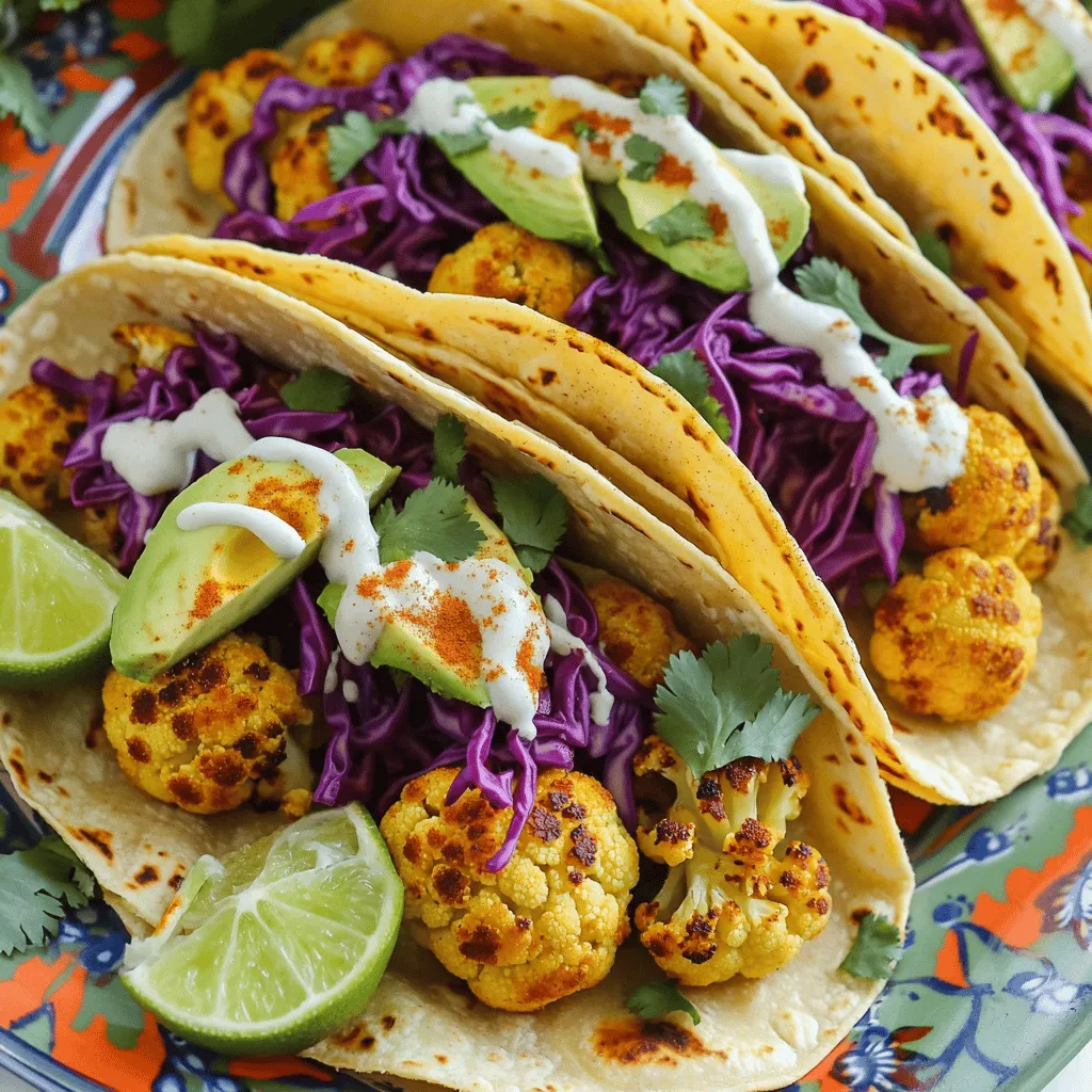 - 1 medium head of cauliflower, cut into bite-sized florets - 2 tablespoons extra-virgin olive oil - 1 teaspoon smoked paprika - 1 teaspoon ground cumin - 1 teaspoon garlic powder - Sea salt and freshly ground black pepper, to taste - 8 small corn tortillas - 1 cup shredded red cabbage - 1 ripe avocado, sliced - Fresh cilantro leaves, for garnish To make these tacos, I start with a fresh head of cauliflower. Cauliflower is hearty and takes on flavors well. Olive oil helps the spices stick to the florets. I use smoked paprika for a rich taste and color. Ground cumin adds warmth, while garlic powder gives a savory kick. Season with sea salt and black pepper to enhance the flavors. Next, I warm corn tortillas. They are soft and perfect for holding the filling. I top each taco with shredded red cabbage for crunch. Sliced avocado adds creaminess and richness. Finally, I sprinkle fresh cilantro for a burst of flavor. - 1/2 cup Greek yogurt - 1 to 2 tablespoons chipotle peppers in adobo sauce (adjust based on preferred heat level) - 1 tablespoon freshly squeezed lime juice - A pinch of salt, to taste For the chipotle crema, I mix Greek yogurt with chipotle peppers. This gives it a smoky and spicy flavor. Adding lime juice brightens the sauce. A pinch of salt enhances the taste. I like to adjust the heat based on my mood, so you can add more or less chipotle. This crema adds a creamy, zesty touch to the tacos. These ingredients work together to create delicious roasted cauliflower tacos with chipotle crema. Enjoy the blend of flavors in every bite! - Preheat your oven to 425°F (220°C). This heat will help the cauliflower roast well. - In a large bowl, mix the cauliflower florets with 2 tablespoons of olive oil. - Add 1 teaspoon of smoked paprika, 1 teaspoon of ground cumin, and 1 teaspoon of garlic powder. - Sprinkle in sea salt and black pepper to taste. Toss until all the florets are coated. - Spread the seasoned cauliflower in a single layer on a baking sheet. - Roast it in the preheated oven for 25 to 30 minutes. - Flip the florets halfway through cooking. This helps them brown evenly. - While the cauliflower roasts, make the chipotle crema. - In a small bowl, whisk together ½ cup of Greek yogurt and 1 to 2 tablespoons of chipotle peppers in adobo sauce. - Add 1 tablespoon of lime juice and a pinch of salt. Stir until smooth. Adjust the heat by adding more chipotle as needed. - To warm the tortillas, heat a dry skillet over medium heat. - Place the corn tortillas in the skillet for about 30 seconds on each side. - Look for a slight char and pliability. - On each warm tortilla, layer several roasted cauliflower florets. - Top with shredded red cabbage and avocado slices. - Drizzle on the chipotle crema. - Garnish with fresh cilantro leaves. Enjoy your tacos! To get the best roasted cauliflower, you need an even coating. When you mix the florets with olive oil and spices, make sure every piece gets covered. This helps them roast evenly. Flipping the florets halfway through cooking is also key. It ensures all sides get that nice golden color. Set a timer to remind yourself to turn them, so they cook perfectly. You can easily adjust the heat of your chipotle crema. Start with one tablespoon of chipotle peppers. If you want more spice, add another tablespoon. Taste as you go to find your perfect level. Adding other flavors is fun too. You can mix in minced garlic or a bit of lime zest for extra zing. These small changes can make a big difference in taste. Pair your tacos with tasty side dishes. Seasoned black beans are a great match. A light salad adds freshness and crunch. Present your tacos on a colorful platter. Add lime wedges for a pop of color. This makes the meal look inviting and delicious. Enjoy the fun of sharing and savoring every bite! {{image_4}} You can switch out cauliflower for other roasted veggies. Try sweet potatoes, bell peppers, or zucchini. Each veggie gives a unique taste and texture. You can mix different toppings too. Add black beans, corn, or fresh tomatoes for more flavor and crunch. These swaps keep your tacos fresh and exciting. Corn tortillas are classic, but flour tortillas are also tasty. If you want a gluten-free option, look for brown rice tortillas or corn tortillas made from 100% corn. These choices keep your tacos soft and delicious. The right tortilla pairs well with the roasted veggies and crema. For a vegan option, swap Greek yogurt with silken tofu or cashew cream. Blend these with chipotle peppers and lime juice for a creamy texture. You can also use almond yogurt for a lighter flavor. Adjust the ingredients to suit your taste. This way, everyone can enjoy the spicy chipotle crema. To keep your roasted cauliflower tacos fresh, follow these tips: - Cool before storing: Let the tacos cool down to room temperature. - Use airtight containers: Place the tacos in a container. Seal it well to avoid air. - Separate the components: Store the cauliflower, tortillas, and toppings in different containers. This keeps everything fresh. When it comes to reheating the cauliflower, here’s how to do it right: - Oven method: Preheat your oven to 350°F (175°C). Spread the cauliflower on a baking sheet. Heat for about 10-15 minutes until warm. - Microwave option: Place the cauliflower on a microwave-safe plate. Heat in short bursts of 30 seconds, stirring in between. To keep your chipotle crema tasty, use these storage tips: - Choose the right container: Use a clean, airtight jar for storage. Glass jars work well. - Check the shelf life: Store the crema in the fridge for up to one week. If you want to save it longer, consider freezing: - Freezing option: Pour the crema into ice cube trays. Once frozen, transfer the cubes to a freezer bag. This way, you can use small amounts later. To make roasted cauliflower tacos gluten-free, use corn tortillas. Corn tortillas are naturally gluten-free, making them a great choice. Always check the labels to ensure there are no added gluten ingredients. You can also use lettuce wraps for a low-carb option. Yes, you can prepare the chipotle crema in advance. Mix all the ingredients and store it in an airtight container in the fridge. It stays fresh for up to three days. This saves time when you are ready to enjoy your tacos. Cauliflower offers many health benefits. It is low in calories but high in fiber. It is a great source of vitamins C and K. Cauliflower also has antioxidants, which help fight inflammation. Eating cauliflower may support heart health and improve digestion. The spiciness of the chipotle crema depends on how many chipotle peppers you use. Start with one tablespoon for mild heat. If you like it spicier, add more to taste. Remember, the heat can build, so adjust it slowly. Yes, you can use frozen cauliflower for this recipe. Just make sure to thaw and drain it well before seasoning. Frozen cauliflower may take a little longer to roast. Keep an eye on it to ensure it gets golden and tender. Roasted cauliflower tacos are simple and delicious. We covered the main ingredients and steps, from roasting cauliflower to making chipotle crema. I shared tips for perfecting your tacos, along with storage advice and fun variations. Remember, you can mix up the toppings or try different tortillas. These tacos are not only easy to make but also tasty and customizable. Enjoy your cooking and let the flavors shine in every bite.