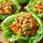 For these Thai Peanut Chicken Lettuce Wraps, you need a few key items: - 1 lb ground chicken - ½ cup bell peppers, diced - ½ cup carrots, grated - ¼ cup green onions, chopped - ¼ cup fresh cilantro, chopped - 1 head of butter lettuce or romaine lettuce The ground chicken gives the wraps a nice protein base. Bell peppers add crunch and color. Carrots bring sweetness, while green onions and cilantro add fresh flavor. The sauce makes this dish shine. Here’s what you need: - 2 tablespoons creamy peanut butter - 1 tablespoon low-sodium soy sauce - 1 tablespoon fish sauce - 1 tablespoon packed brown sugar - 1 tablespoon freshly squeezed lime juice - 1 clove garlic, finely minced - 1 teaspoon fresh ginger, grated These sauces blend together well. The peanut butter creates creaminess, while the fish sauce adds umami. Lime juice gives a bright kick. Garlic and ginger bring warmth and depth. Garnishes and extra veggies complete the dish. You’ll want: - ¼ cup chopped peanuts, for garnish - Sriracha or chili sauce, for an extra kick (optional) Chopped peanuts add a nice crunch on top. Sriracha brings heat if you like spice. You can also use lime wedges to squeeze on the wraps for extra flavor. This combination of ingredients makes the wraps flavorful and fun to make! Start by heating a large skillet over medium heat. Add a little oil to the pan. Once hot, toss in the minced garlic and grated ginger. Cook these for about one minute. You want them fragrant and golden. Next, add the ground chicken. Use a wooden spoon to break it apart. Cook for about 5 to 7 minutes. The chicken should turn brown and no longer pink. In a separate bowl, mix the creamy peanut butter, soy sauce, fish sauce, brown sugar, and lime juice. Use a whisk to blend it well. The goal is a smooth sauce. Once the chicken is cooked, pour this sauce over it. Stir in the diced bell peppers and grated carrots. Cook for another 2 to 3 minutes. This time lets the veggies soften and the flavors meld. Now, it's time to put it all together. Take a lettuce leaf and place a generous spoonful of the chicken mixture in the center. Sprinkle some chopped peanuts on top for crunch. If you like heat, drizzle some Sriracha or chili sauce over it. Carefully fold the lettuce around the filling. This makes a tasty wrap that is fun to eat! Enjoy these fresh and vibrant wraps right away. To cook the chicken just right, use a non-stick skillet. Heat the skillet on medium heat. Add a small amount of oil. Once hot, add the minced garlic and grated ginger. Sauté for one minute. This step adds great flavor. Then add the ground chicken. Break it up while cooking. Cook for about 5 to 7 minutes. Look for the chicken to turn brown. It should not be pink anymore. Stir often to prevent sticking. You can make this recipe ahead of time. The chicken filling stores well in the fridge. Prepare it up to three days in advance. After cooking, let it cool completely. Place it in an airtight container. When ready to eat, just reheat the chicken. You can use a microwave or a skillet. Then, assemble the wraps with fresh lettuce. This way, you save time and enjoy a quick meal. Choosing the right lettuce is key. Butter lettuce is soft and easy to fold. It gives a nice crunch to each bite. Romaine lettuce is another great option. It has a firm texture and holds up well. You can also try red leaf lettuce for color. Just make sure the leaves are large enough. This way, they hold the filling properly. Enjoy your wraps with any of these lettuce types! {{image_4}} You can easily make these wraps vegetarian. Use 1 pound of firm tofu instead of chicken. Press the tofu to remove excess water, then crumble it. Cook the tofu in the skillet until it is golden brown. Add the same sauce for great flavor. You can also use tempeh for a nutty taste. If you want more protein, try ground turkey or beef. You can also use shrimp for a seafood twist. Cook the shrimp until pink and tender, then add the sauce. For a fun twist, use shredded rotisserie chicken. It saves time and still tastes amazing. Add more flavor with fresh herbs or spices. Try adding fresh basil or mint for a refreshing taste. You can also mix in a dash of sesame oil for a nutty depth. If you like heat, toss in some red pepper flakes or chopped jalapeños. These little changes can make your wraps even more exciting! After making Thai peanut chicken lettuce wraps, let them cool down. Store any leftovers in an airtight container. Place the chicken mix in one container and the lettuce leaves in another. This keeps the wraps fresh and crisp. You can store them in the fridge for up to three days. If you want to keep the chicken for longer, freezing works well. Allow the chicken mixture to cool completely. Then, place it in a freezer-safe bag or container. Label the bag with the date. You can freeze it for up to three months. Just remember, lettuce does not freeze well. When you’re ready to eat the frozen chicken, thaw it in the fridge overnight. To reheat, use a skillet over medium heat. Stir until it’s hot all the way through. If you want to enjoy the wraps fresh, assemble them right before serving. This keeps the lettuce crisp and the flavors bright. Yes, you can use other meats. Ground turkey is a great substitute. It has a light taste. You can also use cooked chicken, beef, or pork. Just ensure they are cooked well. For a vegetarian option, try tofu or tempeh. Both will soak up flavors nicely. If you need a peanut butter swap, try almond butter or sunflower seed butter. Both give a nutty taste. If allergies are a concern, tahini works too. It has a creamy texture and adds flavor. Just adjust the amount for taste. To add heat, use more Sriracha or chili sauce. You can also mix in some red pepper flakes. Fresh jalapeños or Thai bird chilies work well too. Start with a little, then taste. You can always add more spice! This blog post covered many key parts of making delicious lettuce wraps. We explored the best ingredients like chicken and sauces, and how to prepare each part. You learned my tips for cooking chicken just right and making quick meal prep easy. You can also try vegetarian options or add more protein. Storing and reheating your wraps is simple too. Now that you have all this information, it’s time to get cooking. Enjoy creating your tasty wraps!