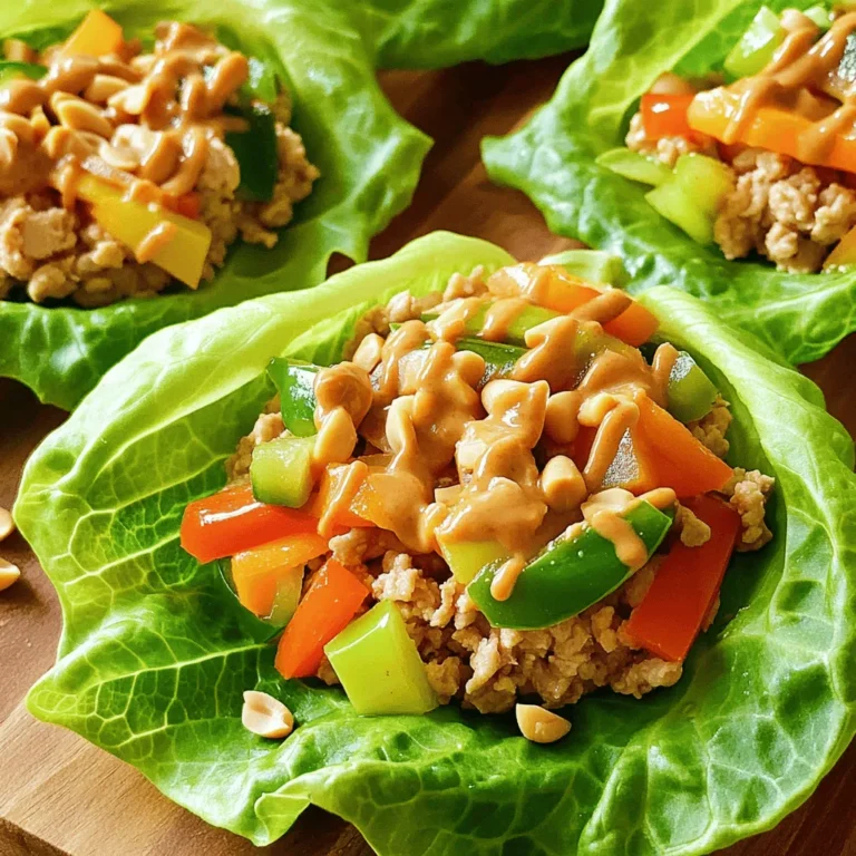 For these Thai Peanut Chicken Lettuce Wraps, you need a few key items: - 1 lb ground chicken - ½ cup bell peppers, diced - ½ cup carrots, grated - ¼ cup green onions, chopped - ¼ cup fresh cilantro, chopped - 1 head of butter lettuce or romaine lettuce The ground chicken gives the wraps a nice protein base. Bell peppers add crunch and color. Carrots bring sweetness, while green onions and cilantro add fresh flavor. The sauce makes this dish shine. Here’s what you need: - 2 tablespoons creamy peanut butter - 1 tablespoon low-sodium soy sauce - 1 tablespoon fish sauce - 1 tablespoon packed brown sugar - 1 tablespoon freshly squeezed lime juice - 1 clove garlic, finely minced - 1 teaspoon fresh ginger, grated These sauces blend together well. The peanut butter creates creaminess, while the fish sauce adds umami. Lime juice gives a bright kick. Garlic and ginger bring warmth and depth. Garnishes and extra veggies complete the dish. You’ll want: - ¼ cup chopped peanuts, for garnish - Sriracha or chili sauce, for an extra kick (optional) Chopped peanuts add a nice crunch on top. Sriracha brings heat if you like spice. You can also use lime wedges to squeeze on the wraps for extra flavor. This combination of ingredients makes the wraps flavorful and fun to make! Start by heating a large skillet over medium heat. Add a little oil to the pan. Once hot, toss in the minced garlic and grated ginger. Cook these for about one minute. You want them fragrant and golden. Next, add the ground chicken. Use a wooden spoon to break it apart. Cook for about 5 to 7 minutes. The chicken should turn brown and no longer pink. In a separate bowl, mix the creamy peanut butter, soy sauce, fish sauce, brown sugar, and lime juice. Use a whisk to blend it well. The goal is a smooth sauce. Once the chicken is cooked, pour this sauce over it. Stir in the diced bell peppers and grated carrots. Cook for another 2 to 3 minutes. This time lets the veggies soften and the flavors meld. Now, it's time to put it all together. Take a lettuce leaf and place a generous spoonful of the chicken mixture in the center. Sprinkle some chopped peanuts on top for crunch. If you like heat, drizzle some Sriracha or chili sauce over it. Carefully fold the lettuce around the filling. This makes a tasty wrap that is fun to eat! Enjoy these fresh and vibrant wraps right away. To cook the chicken just right, use a non-stick skillet. Heat the skillet on medium heat. Add a small amount of oil. Once hot, add the minced garlic and grated ginger. Sauté for one minute. This step adds great flavor. Then add the ground chicken. Break it up while cooking. Cook for about 5 to 7 minutes. Look for the chicken to turn brown. It should not be pink anymore. Stir often to prevent sticking. You can make this recipe ahead of time. The chicken filling stores well in the fridge. Prepare it up to three days in advance. After cooking, let it cool completely. Place it in an airtight container. When ready to eat, just reheat the chicken. You can use a microwave or a skillet. Then, assemble the wraps with fresh lettuce. This way, you save time and enjoy a quick meal. Choosing the right lettuce is key. Butter lettuce is soft and easy to fold. It gives a nice crunch to each bite. Romaine lettuce is another great option. It has a firm texture and holds up well. You can also try red leaf lettuce for color. Just make sure the leaves are large enough. This way, they hold the filling properly. Enjoy your wraps with any of these lettuce types! {{image_4}} You can easily make these wraps vegetarian. Use 1 pound of firm tofu instead of chicken. Press the tofu to remove excess water, then crumble it. Cook the tofu in the skillet until it is golden brown. Add the same sauce for great flavor. You can also use tempeh for a nutty taste. If you want more protein, try ground turkey or beef. You can also use shrimp for a seafood twist. Cook the shrimp until pink and tender, then add the sauce. For a fun twist, use shredded rotisserie chicken. It saves time and still tastes amazing. Add more flavor with fresh herbs or spices. Try adding fresh basil or mint for a refreshing taste. You can also mix in a dash of sesame oil for a nutty depth. If you like heat, toss in some red pepper flakes or chopped jalapeños. These little changes can make your wraps even more exciting! After making Thai peanut chicken lettuce wraps, let them cool down. Store any leftovers in an airtight container. Place the chicken mix in one container and the lettuce leaves in another. This keeps the wraps fresh and crisp. You can store them in the fridge for up to three days. If you want to keep the chicken for longer, freezing works well. Allow the chicken mixture to cool completely. Then, place it in a freezer-safe bag or container. Label the bag with the date. You can freeze it for up to three months. Just remember, lettuce does not freeze well. When you’re ready to eat the frozen chicken, thaw it in the fridge overnight. To reheat, use a skillet over medium heat. Stir until it’s hot all the way through. If you want to enjoy the wraps fresh, assemble them right before serving. This keeps the lettuce crisp and the flavors bright. Yes, you can use other meats. Ground turkey is a great substitute. It has a light taste. You can also use cooked chicken, beef, or pork. Just ensure they are cooked well. For a vegetarian option, try tofu or tempeh. Both will soak up flavors nicely. If you need a peanut butter swap, try almond butter or sunflower seed butter. Both give a nutty taste. If allergies are a concern, tahini works too. It has a creamy texture and adds flavor. Just adjust the amount for taste. To add heat, use more Sriracha or chili sauce. You can also mix in some red pepper flakes. Fresh jalapeños or Thai bird chilies work well too. Start with a little, then taste. You can always add more spice! This blog post covered many key parts of making delicious lettuce wraps. We explored the best ingredients like chicken and sauces, and how to prepare each part. You learned my tips for cooking chicken just right and making quick meal prep easy. You can also try vegetarian options or add more protein. Storing and reheating your wraps is simple too. Now that you have all this information, it’s time to get cooking. Enjoy creating your tasty wraps!