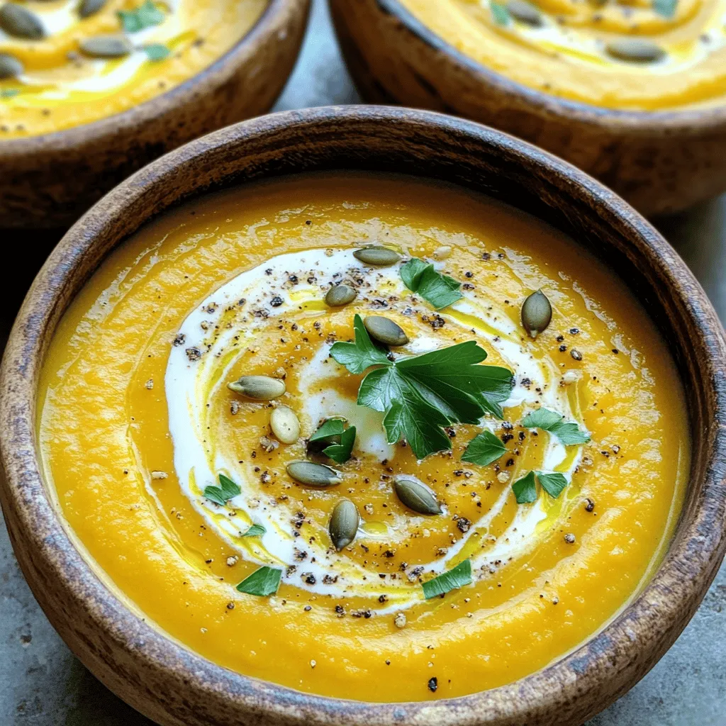 - 1 medium pumpkin - 1 whole head of garlic - 1 medium onion - 2 tablespoons olive oil - 4 cups vegetable broth - 1 cup coconut milk (or heavy cream) The main ingredients for this creamy roasted garlic pumpkin soup are simple yet rich. The medium pumpkin offers a sweet base. The garlic adds a deep, roasted flavor that makes each bite special. The onion brings sweetness and depth, creating a flavorful base. Olive oil helps with roasting and adds smoothness. Vegetable broth enriches the soup, while coconut milk or heavy cream gives it that creamy texture we all love. - Ground cumin - Ground nutmeg - Salt and freshly ground black pepper Spices play a key role in this soup. Ground cumin adds warmth and earthiness. Ground nutmeg gives a hint of sweetness and a cozy aroma. Salt and freshly ground black pepper are essential for bringing out the flavors. - Fresh parsley - Toasted pumpkin seeds Garnishes make your soup look pretty and add fun textures. Fresh parsley adds a pop of color and freshness. Toasted pumpkin seeds give a nice crunch and nutty flavor. You can choose one or both to elevate your soup. 1. Preheating the oven: Start by setting your oven to 400°F (200°C). This high heat will help roast the pumpkin and garlic perfectly. 2. How to prepare the pumpkin for roasting: Take your medium pumpkin and slice it in half. Scoop out the seeds and stringy bits. Place the pumpkin cut side up on a baking sheet. Drizzle with olive oil, and sprinkle salt and pepper on top. 3. Wrapping and preparing the garlic: For the garlic, take a whole head and cut off the top to show the cloves. Drizzle with olive oil, then wrap it in aluminum foil. This keeps it moist while roasting. - Optimal roasting conditions: Place both the pumpkin and garlic in the preheated oven. The high heat will caramelize the natural sugars, bringing out sweet flavors. - Timing and doneness of pumpkin and garlic: Roast for about 40-50 minutes. The pumpkin should feel soft when you pierce it with a fork. Garlic should be golden and tender. 1. Cooking the onion and adding ingredients: Once your pumpkin and garlic cool, heat 2 tablespoons of olive oil in a large pot over medium heat. Add the finely chopped onion and cook it until soft, about 5-7 minutes. 2. Blending techniques for a creamy texture: Next, scoop out the soft pumpkin flesh and squeeze the garlic into the pot. Pour in the vegetable broth and add ground cumin and nutmeg. Bring this mix to a gentle simmer and let it cook for about 10 minutes. 3. Adjusting consistency with broth and seasoning: After cooking, blend the soup until smooth. You can use an immersion blender or a countertop blender. Stir in coconut milk or heavy cream. If the soup is too thick, add more broth until you reach the right consistency. Season with salt and black pepper to taste. To make your soup creamy, you can choose between coconut milk and heavy cream. Coconut milk adds a nice flavor and keeps it dairy-free. Heavy cream gives a rich texture. Use whichever you prefer. Blending properly is key for a smooth soup. I use an immersion blender, but a countertop blender works too. Blend until no lumps remain. This step makes a big difference in how creamy your soup is. To boost the flavor, think about adding spices or herbs. A pinch of cayenne pepper adds heat. Fresh thyme or rosemary can give an earthy touch. Try to find what works best for your taste. Balancing flavors is also important. A splash of lemon juice can brighten the soup. If it feels too tangy, add a bit of brown sugar or maple syrup for sweetness. Finding the right balance makes your soup shine. Presentation can make your dish even more appealing. Serve the soup in warm bowls. A swirl of coconut milk or cream on top looks great. It adds a nice touch. Garnishes can enhance the visual appeal. Fresh parsley adds color and freshness. Toasted pumpkin seeds give a nice crunch. These small details elevate your creamy roasted garlic pumpkin soup. {{image_4}} You can easily switch up the pumpkin for other squashes. Butternut squash or acorn squash works well. They give a nice sweet flavor and creamy texture. You can also try using sweet potatoes. This gives a different taste but keeps it delicious. If you want a dairy-free option, coconut milk is great. It adds a rich creaminess without dairy. Almond milk can work too, but it is thinner. You can also use cashew cream for extra flavor. This soup is simple to make vegan. Just use vegetable broth and coconut milk. It stays creamy and tasty without any animal products. For gluten-free, check your broth and spices. Most are naturally free from gluten. If you want a low-carb twist, skip the potatoes and use more pumpkin. You can also add cauliflower for a thicker texture. It is a great way to cut carbs while keeping it filling. Adding seasonal vegetables makes the soup more vibrant. In fall, try adding carrots or parsnips. They add sweetness and depth. In winter, kale or spinach can boost the nutrition. You can also adjust flavors based on the season. In fall, add cinnamon for warmth. In spring, fresh herbs like basil can brighten the soup. Each season brings a new twist to this classic dish. You can store the creamy roasted garlic pumpkin soup in the fridge for up to five days. Keep it in an airtight container to lock in flavor and freshness. Glass jars or plastic containers work well. To freeze the soup, let it cool completely. Pour the soup into freezer-safe bags or containers. Leave some space at the top for expansion. Label the bags with the date. Freeze for up to three months. When you are ready to enjoy it, thaw the soup overnight in the fridge. The best way to reheat the soup is on the stove. Pour the soup into a pot over medium heat. Stir often to get an even temperature. If the soup is too thick, add a little vegetable broth. You can also use a microwave. Heat in short bursts, stirring in between, until hot. To add heat to your soup, try these ideas: - Mix in a pinch of cayenne pepper. - Add diced jalapeños or serrano peppers. - Stir in some red pepper flakes. - Use a spicy vegetable broth instead of regular broth. - Add a splash of hot sauce just before blending. These options will boost the spice while keeping the rich flavors intact. Yes, you can prepare this soup ahead of time. Here’s how: - Make the soup and let it cool completely. - Store it in an airtight container in the fridge for up to three days. - For longer storage, freeze the soup in portions. - Thaw it overnight in the fridge before reheating. When ready to serve, gently heat it on the stove. Stir well to restore its creamy texture. This soup pairs well with a variety of dishes. You can serve: - Crusty bread or breadsticks for dipping. - A fresh side salad with a light vinaigrette. - Grilled cheese sandwiches for a comforting combo. - Roasted vegetables to complement the flavors. - A sprinkle of croutons for added crunch. These options enhance your meal and make it even more enjoyable. You now have a clear plan to make a delicious pumpkin soup. We covered the main ingredients, steps to prepare, and tips to enhance your dish. You can explore variations based on your taste or dietary needs. Remember, storage is key to keeping your soup fresh. Enjoy making this soup, and don’t hesitate to add your own twist. Happy cooking!